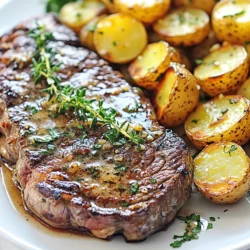 - 2 ribeye steaks (or your favorite cut) - 4 medium Yukon gold potatoes, diced - 4 tablespoons unsalted butter - 4 cloves garlic, minced - 2 teaspoons fresh rosemary, chopped - 2 teaspoons fresh thyme, chopped - Salt and pepper to taste - 1 tablespoon olive oil - Fresh parsley for garnish In this dish, the ribeye steaks shine. They bring rich flavor and great texture. Yukon gold potatoes add a creamy bite. Their smoothness pairs well with the steak. Using unsalted butter lets you control the salt, which is key. For seasonings, minced garlic is a must. It adds a punch of flavor. Fresh rosemary and thyme bring a lovely aroma. Salt and pepper enhance all the tastes in your dish. If you want to elevate your meal, add olive oil. It helps the potatoes crisp up in the oven. Fresh parsley makes for a beautiful garnish. It adds color and a fresh touch. This combination of ingredients creates a flavor explosion. Each bite is a joyful experience. You'll love how simple it is to make! {{ingredient_image_1}} First, set your oven temperature to 425°F (220°C). This heat is perfect for roasting our potatoes until they are crispy and golden. Preheating helps achieve that nice crunch while cooking the steak perfectly. Next, let’s prepare the potatoes. In a large bowl, toss the diced Yukon gold potatoes with olive oil, salt, and pepper. Make sure they are evenly coated. Spread them out on a baking sheet. Bake them in the preheated oven for 25-30 minutes. Flip them halfway through for even cooking. You want them to be crispy on the outside and tender inside. While the potatoes roast, it’s time to cook the steak. Season both sides of the ribeye steaks with salt, pepper, and half of the chopped rosemary and thyme. Heat a large skillet over medium-high heat and melt 2 tablespoons of butter. Once it bubbles, add the steaks. Sear them for 4-5 minutes on each side for medium-rare. You can adjust the time if you prefer a different doneness. In the final minute, add the remaining butter, minced garlic, and the rest of the herbs to the skillet. Spoon this melted garlic butter over the steaks. It enhances the flavor and makes the dish even better. After cooking, transfer the steaks to a plate. Let them rest for about 5 minutes. This step is important as it allows the juices to redistribute. Now, it’s time to serve! Place the steaks alongside the crispy roasted potatoes. Drizzle the garlic herb butter from the skillet over the steak. If you like, you can garnish with fresh parsley for a pop of color and flavor. Enjoy your meal! To get your steak just right, timing is key. For medium-rare, cook the steaks for 4-5 minutes on each side. If you like your steak more done, increase the time slightly. Here’s a quick guide: - Rare: 3-4 minutes per side - Medium: 5-6 minutes per side - Well-done: 7-8 minutes per side Always use a meat thermometer! Aim for 130°F (54°C) for medium-rare. This gives you a juicy, tender steak that melts in your mouth. Want to take your flavors to the next level? Try adding more herbs or spices. Here are some great options: - Oregano: Adds a warm, earthy taste. - Basil: Gives a fresh, sweet note. - Smoked paprika: Adds a nice depth of flavor. - Cumin: Offers a warm, nutty flavor. Feel free to mix and match! Just be sure not to overpower the garlic and butter, as they are the stars of this dish. Crispy potatoes are a must! Here are some tips to get them just right: - Cut evenly: Dice the potatoes into similar-sized pieces. This ensures even cooking. - Pat dry: Before tossing with oil, pat the potatoes dry. This helps them crisp up better. - Don’t crowd the pan: Give them space on the baking sheet. This allows hot air to circulate and creates a crispy texture. - High heat: Roasting at 425°F (220°C) crisps them up nicely. Flipping halfway through helps too. This way, all sides get that golden crunch! Pro Tips Let the steaks come to room temperature: Before cooking, allow the steaks to sit at room temperature for about 30 minutes. This helps them cook more evenly. Use a meat thermometer: For perfect doneness, use a meat thermometer. Aim for 130°F (54°C) for medium-rare, and adjust according to your preference. Resting is key: Always let your steaks rest after cooking. This allows the juices to redistribute, resulting in a juicier steak. Customize your herbs: Feel free to experiment with different herbs like oregano or basil for varied flavors in the garlic butter. {{image_2}} You can use many cuts of steak for this dish. Ribeye is juicy and full of flavor. If you want something leaner, try sirloin or filet mignon. Flank steak is also a great choice. It cooks fast and absorbs flavors well. Chuck eye steaks are budget-friendly but still tasty. Each cut brings its own texture and taste. Yukon gold potatoes are perfect for roasting. They are creamy and sweet. If you want a different flavor, try red potatoes. They are waxy and hold their shape well. Sweet potatoes can add a fun twist, too. They give a sweet and savory mix. For a quick option, use frozen potato wedges. They roast quickly and still taste great. You can change the herbs to make this dish your own. Try adding fresh basil or oregano for a Mediterranean touch. For a spicy kick, use crushed red pepper flakes. If you love citrus, add some lemon zest to the garlic butter. You can also mix in smoked paprika for a smoky flavor. These little changes can make a big difference in taste. To keep your Garlic Butter Herb Steak & Potatoes fresh, place the leftovers in an airtight container. Make sure to store them in the fridge. This helps lock in the flavor and moisture. Use the leftovers within three days for the best taste. Always let the food cool to room temperature before sealing it up. This practice prevents condensation, which can make your steak and potatoes soggy. When you're ready to enjoy your leftovers, reheating them correctly is key. For the best results, use a skillet. Heat it over medium heat and add a little butter or oil. Place the steak in the skillet and warm it for about 2-3 minutes on each side. This method keeps the steak juicy. For the potatoes, add them to the same skillet. Stir them occasionally until they are hot and crispy again. You can also use the microwave, but be careful not to overcook. Heat in short bursts, checking often. Can you freeze Garlic Butter Herb Steak & Potatoes? Yes, you can! Freezing is a great option if you want to save some for later. Wrap the steak and potatoes tightly in plastic wrap or foil. Then, place them in a freezer bag. Label the bag with the date. This way, you’ll know how long they’ve been in the freezer. They can last up to three months. When you're ready to eat, thaw them in the fridge overnight before reheating. Yes, you can use frozen steak. To start, thaw the steak overnight in your fridge. If you need it fast, place it in a sealed bag and submerge it in cold water for about an hour. Once thawed, pat the steak dry. This helps the seasoning stick better and ensures a nice sear. Sear the steak as you normally would. Just remember that cooking time may need to be adjusted. Always check for your desired doneness. For the potatoes, I like to keep it simple yet flavorful. Toss the diced Yukon gold potatoes in olive oil, salt, and pepper. This basic mix enhances their natural flavor. You can also add garlic powder or more herbs for extra taste. Fresh rosemary and thyme work great here. If you want a spicy kick, sprinkle some paprika or cayenne pepper. Make sure the potatoes are evenly coated to get that crispy texture. After cooking, let the steak rest for about 5 minutes. Resting allows the juices to settle back into the meat. If you cut it right away, the juices will run out, making it dry. Use this time to finish your potatoes or set the table. The steak will be more tender and juicy when you slice into it after resting. This post covered how to make delicious Garlic Butter Herb Steak and Potatoes. We explored main ingredients like ribeye steaks, Yukon gold potatoes, and essential seasonings. I shared steps for roasting crispy potatoes and cooking the perfect steak. You learned tips for doneness and flavor enhancements. In the end, remember that simple tweaks can elevate your meal. Enjoy experimenting with different cuts and herbs for unique flavors. Cook with love, and enjoy every bite.