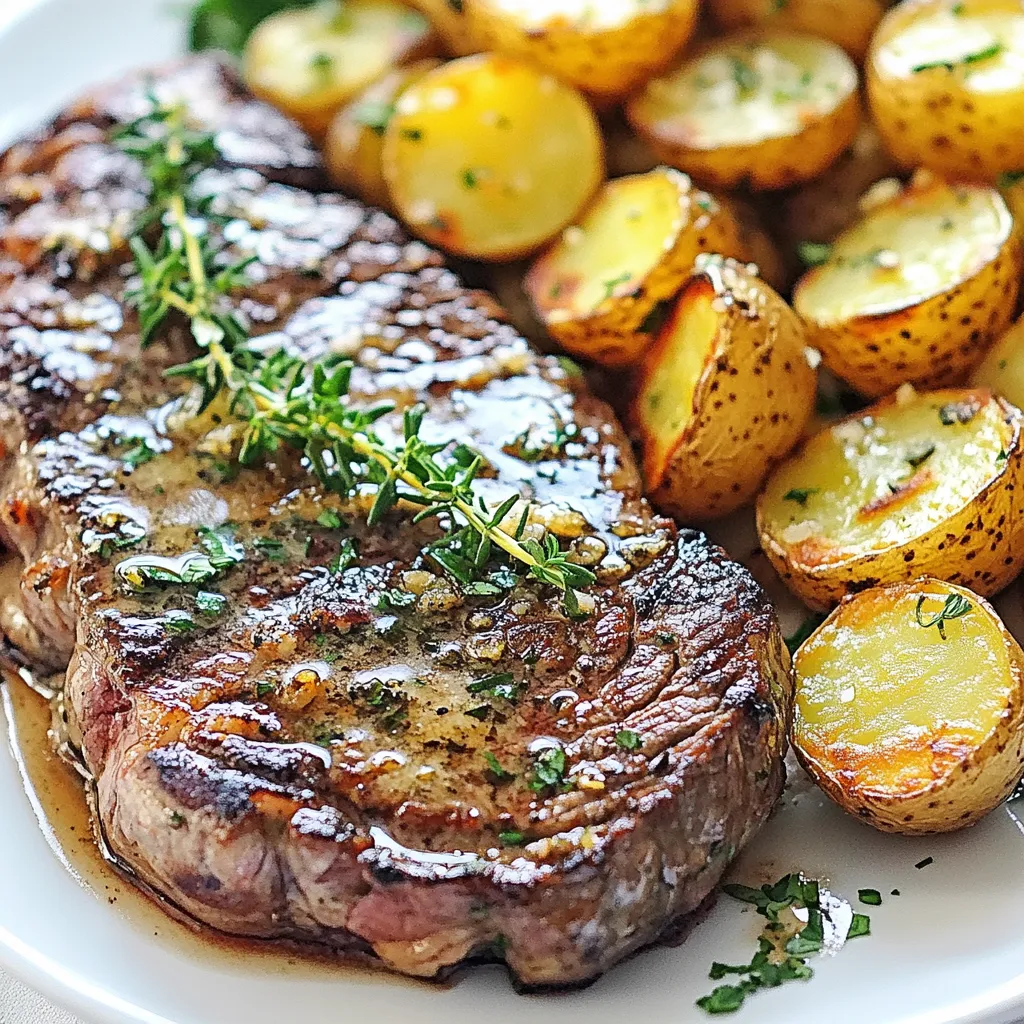 - 2 ribeye steaks (or your favorite cut) - 4 medium Yukon gold potatoes, diced - 4 tablespoons unsalted butter - 4 cloves garlic, minced - 2 teaspoons fresh rosemary, chopped - 2 teaspoons fresh thyme, chopped - Salt and pepper to taste - 1 tablespoon olive oil - Fresh parsley for garnish In this dish, the ribeye steaks shine. They bring rich flavor and great texture. Yukon gold potatoes add a creamy bite. Their smoothness pairs well with the steak. Using unsalted butter lets you control the salt, which is key. For seasonings, minced garlic is a must. It adds a punch of flavor. Fresh rosemary and thyme bring a lovely aroma. Salt and pepper enhance all the tastes in your dish. If you want to elevate your meal, add olive oil. It helps the potatoes crisp up in the oven. Fresh parsley makes for a beautiful garnish. It adds color and a fresh touch. This combination of ingredients creates a flavor explosion. Each bite is a joyful experience. You'll love how simple it is to make! {{ingredient_image_1}} First, set your oven temperature to 425°F (220°C). This heat is perfect for roasting our potatoes until they are crispy and golden. Preheating helps achieve that nice crunch while cooking the steak perfectly. Next, let’s prepare the potatoes. In a large bowl, toss the diced Yukon gold potatoes with olive oil, salt, and pepper. Make sure they are evenly coated. Spread them out on a baking sheet. Bake them in the preheated oven for 25-30 minutes. Flip them halfway through for even cooking. You want them to be crispy on the outside and tender inside. While the potatoes roast, it’s time to cook the steak. Season both sides of the ribeye steaks with salt, pepper, and half of the chopped rosemary and thyme. Heat a large skillet over medium-high heat and melt 2 tablespoons of butter. Once it bubbles, add the steaks. Sear them for 4-5 minutes on each side for medium-rare. You can adjust the time if you prefer a different doneness. In the final minute, add the remaining butter, minced garlic, and the rest of the herbs to the skillet. Spoon this melted garlic butter over the steaks. It enhances the flavor and makes the dish even better. After cooking, transfer the steaks to a plate. Let them rest for about 5 minutes. This step is important as it allows the juices to redistribute. Now, it’s time to serve! Place the steaks alongside the crispy roasted potatoes. Drizzle the garlic herb butter from the skillet over the steak. If you like, you can garnish with fresh parsley for a pop of color and flavor. Enjoy your meal! To get your steak just right, timing is key. For medium-rare, cook the steaks for 4-5 minutes on each side. If you like your steak more done, increase the time slightly. Here’s a quick guide: - Rare: 3-4 minutes per side - Medium: 5-6 minutes per side - Well-done: 7-8 minutes per side Always use a meat thermometer! Aim for 130°F (54°C) for medium-rare. This gives you a juicy, tender steak that melts in your mouth. Want to take your flavors to the next level? Try adding more herbs or spices. Here are some great options: - Oregano: Adds a warm, earthy taste. - Basil: Gives a fresh, sweet note. - Smoked paprika: Adds a nice depth of flavor. - Cumin: Offers a warm, nutty flavor. Feel free to mix and match! Just be sure not to overpower the garlic and butter, as they are the stars of this dish. Crispy potatoes are a must! Here are some tips to get them just right: - Cut evenly: Dice the potatoes into similar-sized pieces. This ensures even cooking. - Pat dry: Before tossing with oil, pat the potatoes dry. This helps them crisp up better. - Don’t crowd the pan: Give them space on the baking sheet. This allows hot air to circulate and creates a crispy texture. - High heat: Roasting at 425°F (220°C) crisps them up nicely. Flipping halfway through helps too. This way, all sides get that golden crunch! Pro Tips Let the steaks come to room temperature: Before cooking, allow the steaks to sit at room temperature for about 30 minutes. This helps them cook more evenly. Use a meat thermometer: For perfect doneness, use a meat thermometer. Aim for 130°F (54°C) for medium-rare, and adjust according to your preference. Resting is key: Always let your steaks rest after cooking. This allows the juices to redistribute, resulting in a juicier steak. Customize your herbs: Feel free to experiment with different herbs like oregano or basil for varied flavors in the garlic butter. {{image_2}} You can use many cuts of steak for this dish. Ribeye is juicy and full of flavor. If you want something leaner, try sirloin or filet mignon. Flank steak is also a great choice. It cooks fast and absorbs flavors well. Chuck eye steaks are budget-friendly but still tasty. Each cut brings its own texture and taste. Yukon gold potatoes are perfect for roasting. They are creamy and sweet. If you want a different flavor, try red potatoes. They are waxy and hold their shape well. Sweet potatoes can add a fun twist, too. They give a sweet and savory mix. For a quick option, use frozen potato wedges. They roast quickly and still taste great. You can change the herbs to make this dish your own. Try adding fresh basil or oregano for a Mediterranean touch. For a spicy kick, use crushed red pepper flakes. If you love citrus, add some lemon zest to the garlic butter. You can also mix in smoked paprika for a smoky flavor. These little changes can make a big difference in taste. To keep your Garlic Butter Herb Steak & Potatoes fresh, place the leftovers in an airtight container. Make sure to store them in the fridge. This helps lock in the flavor and moisture. Use the leftovers within three days for the best taste. Always let the food cool to room temperature before sealing it up. This practice prevents condensation, which can make your steak and potatoes soggy. When you're ready to enjoy your leftovers, reheating them correctly is key. For the best results, use a skillet. Heat it over medium heat and add a little butter or oil. Place the steak in the skillet and warm it for about 2-3 minutes on each side. This method keeps the steak juicy. For the potatoes, add them to the same skillet. Stir them occasionally until they are hot and crispy again. You can also use the microwave, but be careful not to overcook. Heat in short bursts, checking often. Can you freeze Garlic Butter Herb Steak & Potatoes? Yes, you can! Freezing is a great option if you want to save some for later. Wrap the steak and potatoes tightly in plastic wrap or foil. Then, place them in a freezer bag. Label the bag with the date. This way, you’ll know how long they’ve been in the freezer. They can last up to three months. When you're ready to eat, thaw them in the fridge overnight before reheating. Yes, you can use frozen steak. To start, thaw the steak overnight in your fridge. If you need it fast, place it in a sealed bag and submerge it in cold water for about an hour. Once thawed, pat the steak dry. This helps the seasoning stick better and ensures a nice sear. Sear the steak as you normally would. Just remember that cooking time may need to be adjusted. Always check for your desired doneness. For the potatoes, I like to keep it simple yet flavorful. Toss the diced Yukon gold potatoes in olive oil, salt, and pepper. This basic mix enhances their natural flavor. You can also add garlic powder or more herbs for extra taste. Fresh rosemary and thyme work great here. If you want a spicy kick, sprinkle some paprika or cayenne pepper. Make sure the potatoes are evenly coated to get that crispy texture. After cooking, let the steak rest for about 5 minutes. Resting allows the juices to settle back into the meat. If you cut it right away, the juices will run out, making it dry. Use this time to finish your potatoes or set the table. The steak will be more tender and juicy when you slice into it after resting. This post covered how to make delicious Garlic Butter Herb Steak and Potatoes. We explored main ingredients like ribeye steaks, Yukon gold potatoes, and essential seasonings. I shared steps for roasting crispy potatoes and cooking the perfect steak. You learned tips for doneness and flavor enhancements. In the end, remember that simple tweaks can elevate your meal. Enjoy experimenting with different cuts and herbs for unique flavors. Cook with love, and enjoy every bite.