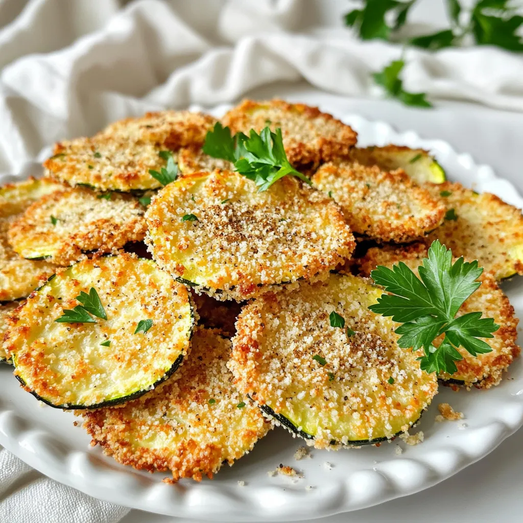 To make crispy Air Fryer Parmesan Zucchini Rounds, you need a simple list of ingredients. Here is what you’ll gather: - 2 medium zucchinis, sliced into 1/4-inch rounds - 1 cup grated Parmesan cheese - 1 cup breadcrumbs (panko for extra crunch) - 2 teaspoons Italian seasoning - 1 teaspoon garlic powder - 2 large eggs, beaten - Olive oil spray - Salt and pepper to taste These ingredients work together to create a tasty dish. The zucchinis give a fresh taste, while the Parmesan adds a rich flavor. Breadcrumbs provide that nice crunch. Italian seasoning and garlic powder bring in great herbs and spices. Eggs help the coating stick, and olive oil gives a little extra crispness. Salt and pepper round out the flavors. Make sure your zucchinis are fresh! They should be firm and vibrant. This will help ensure your rounds are delicious and have the right texture. Using panko breadcrumbs is a great choice for extra crunch, making every bite more enjoyable. Get these ingredients ready, and you’ll be on your way to a quick and tasty snack! First, wash the zucchinis well. After that, dry them off. Cut the zucchinis into 1/4-inch rounds. This size helps them cook evenly. Next, grab two bowls. In one bowl, mix the grated Parmesan cheese, breadcrumbs, Italian seasoning, garlic powder, salt, and pepper. In the second bowl, beat the eggs until they are smooth and well mixed. Now, take each zucchini round. Dip it into the beaten eggs first. Let any extra egg drip off. Then, coat the round in the breadcrumb mix. Press lightly to help it stick well. It's time to preheat the air fryer. Set it to 400°F (200°C) and let it heat for about 5 minutes. This step ensures your zucchini gets crispy. While the air fryer heats, spray the basket lightly with olive oil spray. Place the coated zucchini rounds in a single layer. Make sure they are not crowded. You may need to work in batches for best results. Now, cook the zucchini rounds in the air fryer. Set the timer for 10-12 minutes. Flip them halfway through cooking. They should turn golden brown and crispy. Once they are ready, take the zucchini rounds out. Let them cool for a minute. Serve them warm. You can add fresh parsley or more Parmesan cheese on top if you like. Enjoy your crispy treats! To get those zucchini rounds crispy, follow these tips. First, slice the zucchinis evenly. Each round should be about 1/4-inch thick. This helps them cook at the same rate. Next, after coating them, let the rounds sit for a few minutes. This allows the coating to stick better. A light spray of olive oil before air frying can also boost crunchiness. Using your air fryer effectively can make a big difference. Preheat it to 400°F (200°C) for about 5 minutes. This helps cook the zucchini evenly. Arrange the rounds in a single layer. Overcrowding them makes it harder for air to circulate. If you have many rounds, work in batches to keep that crispiness. Cooking times may vary based on your air fryer model. For most, 10-12 minutes should work well. However, keep an eye on them. If they start to brown too quickly, lower the temperature slightly. Flip them halfway through to ensure even cooking. If you like them extra crispy, you can add a few more minutes. {{image_2}} You can change the coating for your zucchini rounds. Try using crushed cornflakes for a crunchier texture. You can also use almond flour for a gluten-free option. Mix in some spices for extra flavor. Try smoked paprika or cumin for a unique twist. Add fresh herbs to the breading mix. Chopped basil or parsley brightens the taste. You can also add a pinch of red pepper flakes for heat. For a cheesy kick, mix in some shredded mozzarella with the Parmesan. This adds a stretchy, melty layer to each bite. Serve the zucchini rounds as a snack or appetizer. Pair them with marinara sauce for dipping. You can also serve them alongside grilled meats or as a side dish. For a fun twist, top them with a dollop of sour cream or yogurt for creaminess. To store leftover zucchini rounds, let them cool first. Place them in an airtight container. You can keep them in the fridge for up to three days. This way, they stay fresh and tasty. When you want to eat the leftovers, preheat your air fryer to 350°F (175°C). Place the zucchini rounds in the basket. Heat them for about 5 minutes. This makes them crispy again. You can also use the oven if you prefer. Just bake them at 350°F (175°C) for 10 minutes. If you want to freeze zucchini rounds, it is best to do it before cooking. After you coat them, place them in a single layer on a baking sheet. Freeze them until solid, then transfer them to a freezer-safe bag. They can stay in the freezer for up to three months. When ready to eat, cook them straight from the freezer. Add a couple of extra minutes to the cooking time. Yes, you can use other cheeses! Try mozzarella, cheddar, or even feta. Each cheese gives a different taste. Mozzarella adds stretch, while cheddar gives sharpness. Feta brings a salty kick. Explore flavors and find your favorite! You can use crushed crackers or cornflakes. Both options add crunch. For a low-carb choice, try almond flour or ground nuts. These swaps keep the texture crispy. Just remember, adjust the seasoning based on what you use! Cooked zucchini rounds can last for about 3-5 days in the fridge. Store them in an airtight container. If you want them to stay fresh, make sure they cool first. Reheat in the air fryer for crispy results! Yes, you can bake these zucchini rounds. Preheat your oven to 425°F (220°C). Place them on a baking sheet lined with parchment paper. Bake for about 15-20 minutes, flipping halfway. Keep an eye on them until they turn golden! These rounds pair well with many dips. Try marinara sauce for a classic touch. Ranch dressing adds a creamy taste. You can also use garlic aioli for a richer flavor. Explore different dips and find your favorite match! You now have a clear plan to make delicious Parmesan zucchini rounds. We covered the key ingredients, step-by-step instructions, and helpful tips. You can also explore tasty variations and learn how to store leftovers. These crispy rounds are perfect for snacks or meals. Try dipping them for added flavor. Enjoy cooking with these simple steps, and don't hesitate to get creative in the kitchen!