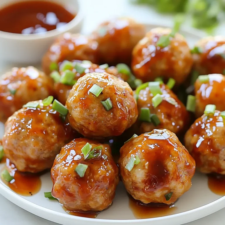 To make these tasty honey Sriracha meatballs, you need: - 1 lb ground chicken or turkey - 1/2 cup breadcrumbs (I like panko for a crunch) - 1/4 cup grated Parmesan cheese - 1/4 cup chopped green onions - 2 cloves garlic, minced - 1 egg - 1 teaspoon salt - 1/2 teaspoon black pepper - 1/2 teaspoon garlic powder - 1/4 teaspoon ginger powder These ingredients work together to create juicy meatballs with a great flavor. For the sweet and spicy sauce, gather these: - 1/4 cup honey - 1/4 cup Sriracha sauce - 1 tablespoon soy sauce (low sodium is best) - 1 teaspoon sesame oil - 1 tablespoon rice vinegar This sauce adds a nice glaze and kicks up the flavor. If you don’t have some items, try these swaps: - Use ground beef instead of chicken or turkey. - Swap panko for regular breadcrumbs if needed. - You can leave out the Parmesan for a dairy-free option. - For a milder sauce, reduce Sriracha or add more honey. These swaps keep the recipe flexible and fun! {{ingredient_image_1}} Start by preheating your oven to 400°F (200°C). This temperature helps the meatballs cook evenly. Next, line a baking sheet with parchment paper. This keeps the meatballs from sticking and makes cleanup easy. In a large bowl, mix the ground chicken or turkey with the breadcrumbs. Add the grated Parmesan cheese, chopped green onions, and minced garlic. Crack in an egg, then sprinkle in the salt, black pepper, garlic powder, and ginger powder. Stir everything together until well blended. Make sure not to over-mix. This keeps the meatballs tender. Once the mixture is ready, use your hands to form meatballs about 1 inch wide. Place them on the lined baking sheet. Bake these meatballs for about 20 minutes. You want them to be cooked through and golden brown on the outside. While the meatballs bake, prepare the sauce. In a small saucepan, whisk together the honey, Sriracha sauce, soy sauce, sesame oil, and rice vinegar. Heat this mixture over medium heat for 2-3 minutes until it's warm. Once the meatballs are done, toss them in the sauce. This makes them sticky and full of flavor. Serve warm and enjoy! To get the best meatball texture, you want to mix gently. Over-mixing can make them tough. Use your hands to combine the meat, breadcrumbs, cheese, and spices. Make sure to form them into balls about 1 inch wide. This size cooks evenly and stays moist. When making the sauce, whisk all your ingredients in a small pan. This helps blend the flavors. Heat it on medium until warm. Do not boil it, as this can change the taste. If you want more heat, add more Sriracha. For a sweeter touch, add a bit more honey. Honey Sriracha meatballs are great alone or with sides. Serve them over rice or noodles for a full meal. You can also add steamed veggies for color and crunch. Garnish with more green onions or sesame seeds to make it pretty. Enjoy your delicious dish! Pro Tips Use Panko Breadcrumbs: For an extra crunch, opt for panko breadcrumbs instead of regular ones. They give the meatballs a delightful texture. Control the Heat: Adjust the amount of Sriracha in the sauce to control the spiciness. Start with less if you prefer milder flavors. Let Them Rest: After baking, allow the meatballs to rest for a few minutes before tossing them in the sauce. This helps them retain moisture. Garnish Creatively: Enhance presentation by garnishing with toasted sesame seeds and fresh herbs, like cilantro or parsley, for a pop of color and flavor. {{image_2}} You can switch out ground chicken or turkey for other proteins. Try ground beef or pork for a richer taste. You can also use ground lamb for a unique flavor. If you want a lighter option, consider ground turkey breast or even fish. Each protein gives a different twist to the dish. To make honey Sriracha meatballs gluten-free, substitute regular breadcrumbs with gluten-free breadcrumbs. You can also use crushed rice crackers or oats. Just make sure to check that your Sriracha and soy sauce are gluten-free as well. This way, everyone can enjoy these tasty meatballs! You can play with the sauce to suit your taste. If you want more heat, add extra Sriracha. For a sweet twist, mix in some pineapple juice or brown sugar. You can also add lime juice for a zesty kick. Experimenting with flavors can lead to your perfect honey Sriracha blend! To store leftover honey Sriracha meatballs, let them cool first. Place the meatballs in an airtight container. Make sure to separate layers with parchment paper. This keeps them from sticking together. Store in the fridge for up to three days. If you want them to last longer, freezing is a great option. When you're ready to eat, you can reheat the meatballs easily. Preheat your oven to 350°F (175°C). Place the meatballs on a baking sheet and cover with foil. Heat for about 15 minutes or until warm. You can also reheat them in the microwave. Just place them in a microwave-safe dish. Cover and heat for 1-2 minutes, stirring halfway through. Freezing honey Sriracha meatballs is simple. After they cool, place them in a freezer-safe bag. Remove as much air as possible. You can freeze them for up to three months. When you want to use them, thaw them in the fridge overnight. Then, reheat as instructed above. Enjoy your tasty meatballs anytime! Yes, you can use store-bought meatballs. It saves time. Just heat them up and toss in the honey Sriracha sauce. Look for meatballs that are made from chicken or turkey for the best flavor. Honey Sriracha meatballs have a nice kick from the Sriracha sauce. The honey balances the heat. If you want less spice, use less Sriracha or add more honey. Adjust to your taste! These meatballs go great with rice or noodles. You can also serve them with a fresh salad. For a fun twist, try them in a wrap or as sliders. They are super versatile! Honey Sriracha meatballs can be healthy. Ground chicken or turkey is lean meat. The sauce has honey, which is natural, but use it in moderation. Pair with veggies for a balanced meal. You can store honey Sriracha meatballs in the fridge for about 3 to 4 days. Keep them in an airtight container. If you want to save them longer, freeze them for up to 3 months. Honey Sriracha meatballs are tasty and easy to make. We covered the key ingredients, how to prepare them, and cooking tips. You learned about variations and how to store leftovers. Try these meatballs next time you cook. You can adjust spice levels and use different proteins. Simple swaps can fit any diet. So gather your ingredients and enjoy a fun and flavorful meal!