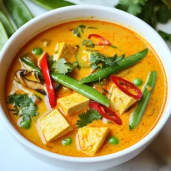 - 1 can (13.5 oz) coconut milk - 2 cups vegetable broth - 200g (7 oz) firm tofu, cubed - 1 tablespoon red curry paste - 1 tablespoon fresh ginger, minced - 3 cloves garlic, minced - 1 cup mushrooms, sliced (shiitake or button) - 1 red bell pepper, sliced - 1 cup snap peas, trimmed - 2 tablespoons lime juice - 1 tablespoon soy sauce - Fresh cilantro, for garnish - Sliced red chili, for garnish (optional) - Salt, to taste Coconut milk gives this soup its creamy base. Look for full-fat coconut milk for the best flavor. The red curry paste adds heat and depth. You can adjust the amount based on your spice preference. Fresh ginger and garlic bring bright flavors. Use firm tofu for a nice texture, and make sure it is cubed evenly. Different mushrooms offer unique tastes. Shiitake mushrooms add a rich umami flavor. Red bell pepper adds sweetness and color, while snap peas give a nice crunch. Lime juice brightens the dish, and soy sauce adds a savory note. Fresh cilantro and optional red chili make great garnishes. When picking vegetables, look for bright colors and firm textures. Snap peas should be crisp, and bell peppers should have smooth skin without blemishes. Choose mushrooms that feel firm, not slimy. For ginger, select pieces that feel heavy and have smooth skin. Pick tofu that is packed in water and has a clean scent. Always check the expiration date on coconut milk and broth. Fresh herbs should be vibrant and fragrant. Avoid any wilted or brown parts to ensure the best taste in your soup. {{ingredient_image_1}} Gather your ingredients first. This makes cooking smooth. Here’s what you need: - 1 can (13.5 oz) coconut milk - 2 cups vegetable broth - 200g (7 oz) firm tofu, cubed - 1 tablespoon red curry paste - 1 tablespoon fresh ginger, minced - 3 cloves garlic, minced - 1 cup mushrooms, sliced (shiitake or button) - 1 red bell pepper, sliced - 1 cup snap peas, trimmed - 2 tablespoons lime juice - 1 tablespoon soy sauce - Fresh cilantro, for garnish - Sliced red chili, for garnish (optional) - Salt, to taste Make sure your veggies are fresh and clean. Cut the tofu into small cubes. Slice the mushrooms and bell pepper. Mince the ginger and garlic. Start cooking by heating a large pot over medium heat. Add a bit of olive oil. Once hot, add the minced ginger and garlic. Sauté for about 2 minutes. You want it to smell nice. Next, stir in the red curry paste. Cook this for another minute to blend the flavors. Pour in the coconut milk and vegetable broth. Stir well and bring it to a simmer. Now, add the cubed tofu and sliced mushrooms. Cook for about 5 minutes. This lets the mushrooms get soft. Then, fold in the sliced red bell pepper and snap peas. Let everything simmer for an extra 3-4 minutes. Finally, stir in the lime juice and soy sauce. Add salt to taste. - Sauté ginger and garlic: 2 minutes - Cook red curry paste: 1 minute - Simmer with coconut milk and broth: 2 minutes - Cook tofu and mushrooms: 5 minutes - Add bell pepper and snap peas: 3-4 minutes - Final step with lime juice and soy sauce: 1 minute This brings your total cooking time to about 25 minutes. Enjoy the rich flavors in your Spicy Thai Coconut Soup! To boost the flavor of your soup, use fresh herbs. Fresh cilantro adds a bright taste. You can also add lime zest for extra zing. If you enjoy heat, try adding more red chili. A sprinkle of toasted sesame oil gives a rich flavor. Lastly, let the soup simmer longer to blend all tastes. You can swap ingredients based on what you have. Instead of tofu, use chickpeas for protein. If you can’t find red curry paste, green curry works too. Use vegetable stock or chicken broth for a different flavor. If snap peas are unavailable, try green beans instead. Always adjust salt to match your taste. One common mistake is not sautéing the ginger and garlic enough. This step builds the soup's base flavor. Another mistake is overcooking vegetables, making them mushy. Always add them for the last few minutes. Finally, don't skip the lime juice. It brightens the soup and balances the spice. Pro Tips Use Fresh Ingredients: Fresh vegetables and herbs will enhance the flavor and nutrition of your soup. Try to use seasonal produce for the best taste. Adjust Spice Level: If you prefer a milder soup, start with half the amount of red curry paste and gradually add more until you reach your desired heat. Let It Rest: Allow the soup to sit for a few minutes after cooking. This helps the flavors meld together for a more delicious result. Garnish Creatively: Experiment with garnishes like sliced avocado, crushed peanuts, or a drizzle of sesame oil for added texture and flavor. {{image_2}} You can easily make this soup vegetarian or vegan. The main ingredient is coconut milk, which is already plant-based. For protein, I use firm tofu. This gives the soup a nice texture and keeps it hearty. You can add more vegetables like carrots or zucchini for extra nutrients. You have the choice to make this soup as spicy or mild as you like. If you enjoy heat, add more red curry paste or sliced red chili. For a milder version, use less curry paste. You can also skip the chili garnish if you prefer no heat at all. This soup is a great base for adding protein. You can use shrimp, chicken, or even chickpeas. Each adds a unique taste and texture. For veggies, try adding broccoli or spinach. These will cook quickly and add great color and nutrition to your dish. Store your spicy Thai coconut soup in an airtight container. Let it cool first. This helps keep it fresh. You can place it in the fridge for up to 3 days. If you want to store it longer, consider freezing it. To reheat, pour the soup into a pot. Warm it on low heat. Stir often to prevent sticking. You can also use a microwave. Heat in short bursts, stirring in between. Make sure the soup is hot all the way through. Freezing is a great way to save your soup. Use freezer-safe containers or bags. Leave some space for expansion. The soup can stay good for about 2-3 months in the freezer. When ready to eat, thaw it in the fridge overnight before reheating. Spicy Thai Coconut Soup is a warm and creamy dish. It combines coconut milk with fresh veggies and tofu. The red curry paste adds a nice kick. This soup is perfect for a cozy meal. It’s also packed with flavor and nutrition. Yes, you can make this soup gluten-free. Use gluten-free soy sauce instead of regular soy sauce. Make sure the red curry paste is gluten-free too. Most brands are, but check the label to be sure. To adjust the spice level, add less red curry paste. You can also skip the sliced red chili for less heat. If you want more spice, add extra chili. Taste as you go to find your perfect level. You can serve this soup with jasmine rice for a complete meal. Fresh spring rolls or a green salad work well too. For extra crunch, add crispy wontons on top. Each option pairs nicely with the soup's rich flavors. You learned about the key ingredients and steps to make Spicy Thai Coconut Soup. Fresh ingredients enhance flavor, while cooking tips help avoid mistakes. You can also explore variations like vegetarian options and spice levels. Proper storage keeps your leftovers tasty for later. This soup is easy to make and fun to share. With these tools, you are ready to create a delicious meal. Enjoy your cooking journey!