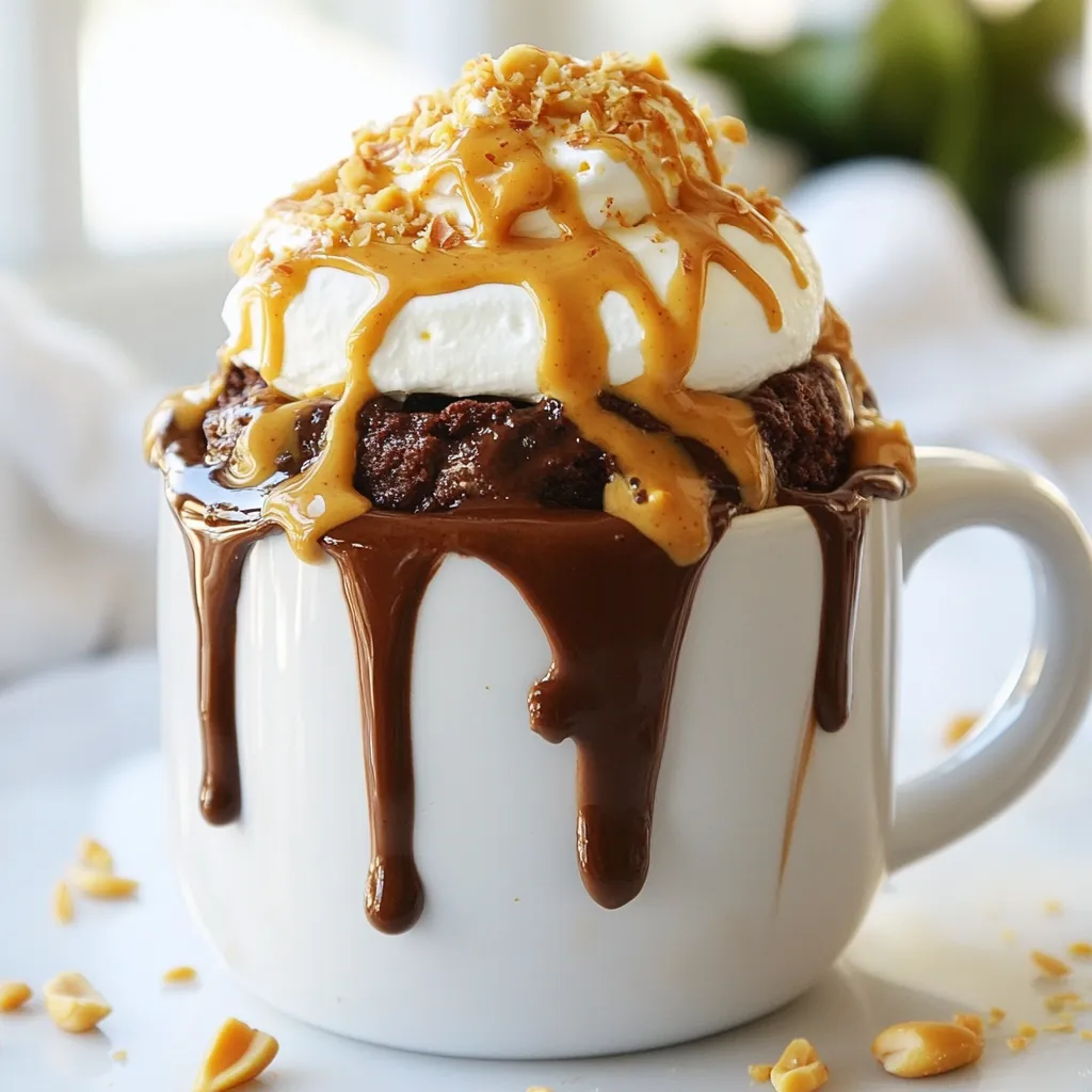 To make a Chocolate Peanut Butter Mug Cake, you need simple ingredients. Here is the list you will use: - 4 tablespoons all-purpose flour - 1 tablespoon cocoa powder - 4 tablespoons sugar - 1/8 teaspoon baking powder - 1/8 teaspoon salt - 3 tablespoons milk (or non-dairy milk) - 2 tablespoons peanut butter - 1 tablespoon vegetable oil - 1/4 teaspoon vanilla extract - Optional: Chocolate chips These ingredients are easy to find and fun to mix. You can choose your favorite type of milk, whether it’s regular or non-dairy. Peanut butter adds creaminess and flavor, while cocoa powder gives it that rich chocolate taste. The sugar adds sweetness, and the baking powder helps it rise. This recipe is perfect for a quick and tasty treat! {{ingredient_image_1}} First, grab a microwave-safe mug. In the mug, add: - 4 tablespoons all-purpose flour - 1 tablespoon cocoa powder - 4 tablespoons sugar - 1/8 teaspoon baking powder - 1/8 teaspoon salt Use a fork to mix these dry ingredients well. You want them to blend evenly. This step is key to a smooth cake. Next, it’s time to add your wet ingredients. Pour in: - 3 tablespoons milk (or non-dairy milk) - 2 tablespoons peanut butter - 1 tablespoon vegetable oil - 1/4 teaspoon vanilla extract Stir these together until you have a smooth batter. If you want, fold in a few chocolate chips for extra chocolatey goodness. The batter should be glossy and well mixed. Now, place the mug in the microwave. Cook it on high for about 1 minute and 20 seconds. Keep an eye on it. Cooking times may vary based on your microwave’s power. The cake is ready when it has puffed up. Check with a toothpick. If it comes out clean, you're good to go! Let it cool for a minute before diving in. Enjoy right from the mug, or transfer to a plate if you prefer. Every microwave is different. Your cooking time may vary based on wattage. A higher wattage means less cooking time. If your microwave is 1000 watts, cook for 1 minute and 20 seconds. If it's lower, check it a bit earlier. You want the cake to puff up nicely. Always keep an eye on it to prevent overflow. Mixing well is key to a great mug cake. Start by blending the dry ingredients first. This helps avoid lumps. When you add wet ingredients, stir until smooth. You want a thick batter, not too runny. If you like, fold in chocolate chips last. They add extra flavor and melt beautifully. How you present your mug cake makes it even more fun. Try adding a dollop of whipped cream on top. A scoop of ice cream pairs well too. For a crunchy touch, sprinkle chopped peanuts over it. These little details elevate your dessert. Enjoying your cake with a friend makes it even better! Pro Tips Use Room Temperature Ingredients: Make sure your peanut butter and milk are at room temperature to ensure a smooth batter that mixes well. Customize Your Sweetness: Adjust the sugar level based on your sweetness preference or try using a sugar substitute for a healthier option. Watch Cooking Time: Microwave wattages vary, so start with 1 minute and add extra time in 10-second increments until cooked through. Experiment with Toppings: Try adding a drizzle of chocolate sauce, a sprinkle of sea salt, or even a scoop of ice cream for a gourmet touch. {{image_2}} You can change some ingredients to fit your needs. If you want a gluten-free option, try almond flour or oat flour instead of all-purpose flour. For sugar, you can use honey or maple syrup. Just remember that liquid sweeteners may change the texture. If you don’t have milk, use almond milk or oat milk as a tasty choice. Each swap can give you a new taste and texture! Looking to boost the flavor? You can add a splash of vanilla extract or a sprinkle of nutmeg. Both will enhance the mug cake without overpowering the chocolate and peanut butter. For a special twist, try adding a tablespoon of coffee or espresso. This can deepen the chocolate flavor, making it even richer! Toppings can make your mug cake shine! Try adding fresh fruit like sliced bananas or strawberries. You can also sprinkle chopped nuts for a crunchy bite. If you love sweets, add a few sprinkles or a drizzle of chocolate sauce on top. These will not only make your cake look great but also add extra flavor! To keep leftover mug cake fresh, cover it with plastic wrap or a lid. This prevents it from drying out. Store it at room temperature for one day. If you want to keep it longer, put it in the fridge. It can stay fresh for up to three days in the fridge. To reheat your mug cake, use the microwave. Start by removing the mug from the fridge. Heat it for about 10 to 15 seconds. Check if it’s warm enough. If not, heat it in 5-second bursts until it’s just right. Avoid overheating, as it can make the cake tough. If you want to keep your mug cake for a long time, freezing is a great option. Wrap the cooled cake tightly in plastic wrap, then place it in a freezer bag. It can last up to three months in the freezer. To thaw, take it out and leave it in the fridge overnight. You can also microwave it straight from the freezer in short bursts until warm. Yes, you can use other nut butters. Almond butter works well. It gives a nice flavor. Cashew butter is another great choice. It makes the cake creamy and rich. Just keep the amount the same. You may need a bit more cocoa if the nut butter is mild. To make this mug cake vegan, swap the milk for non-dairy milk. Almond or soy milk are good options. Use a vegan butter instead of regular peanut butter. You can also check for vegan sugar. These small changes keep the cake tasty and plant-based. To make this mug cake gluten-free, use gluten-free flour. Many brands work well in recipes. Just replace the all-purpose flour with it. The rest of the recipe stays the same. You’ll still get a delicious treat that fits your needs. This blog post covered a tasty chocolate peanut butter mug cake. You learned about the simple ingredients and steps to make it. I shared tips for cooking and presentation to improve your cake. There are many ways to customize your mug cake, too. Experiment with different flavors and toppings to suit your taste. Store, reheat, or freeze leftovers with ease. Enjoy your baking adventure and create delicious treats!