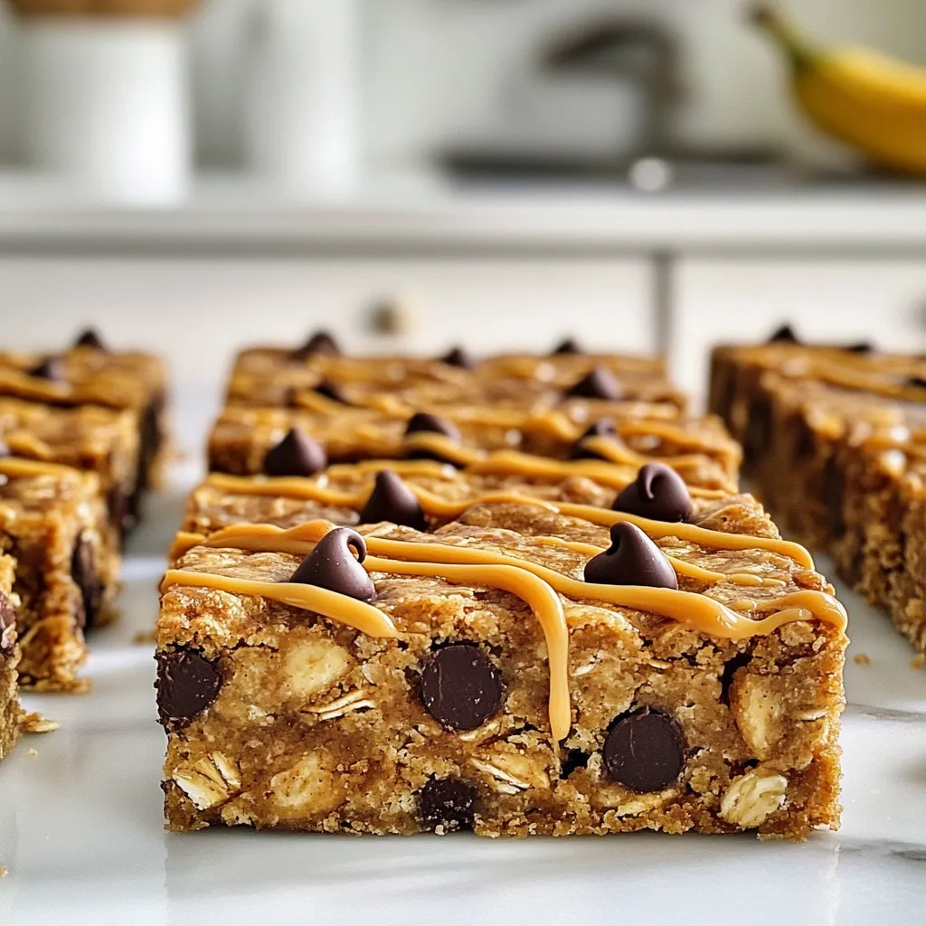 To make these tasty Chocolate Chip Banana Oat Bars, gather the following items: - 2 ripe bananas, mashed - 1 cup rolled oats - 1/2 cup almond butter (or peanut butter) - 1/4 cup honey or maple syrup - 1 teaspoon vanilla extract - 1/2 teaspoon baking powder - 1/4 teaspoon salt - 1/2 cup dark chocolate chips - 1/4 cup chopped nuts (walnuts or pecans) - optional If you want to switch things up, here are some easy swaps: - Nut Butters: You can use peanut butter instead of almond butter. - Sweeteners: Maple syrup works well instead of honey. - Oats: If you need it gluten-free, use certified gluten-free oats. - Chocolate Chips: You can use milk chocolate chips or white chocolate for a different taste. Each bar packs a healthy punch. Here’s a rough breakdown per bar: - Calories: 150 - Protein: 4g - Fat: 7g - Carbohydrates: 20g - Fiber: 3g - Sugar: 6g These bars provide a good mix of nutrients. They are filling and tasty, making them a great snack or breakfast option. {{ingredient_image_1}} First, set your oven to 350°F (175°C). While it heats, grab an 8x8-inch baking dish. Line it with parchment paper, letting some hang over the sides. This makes it easy to lift the bars out later. Next, take two ripe bananas and mash them in a mixing bowl. Make sure they are smooth. Then, add 1/2 cup of almond butter or peanut butter, 1/4 cup of honey or maple syrup, and 1 teaspoon of vanilla extract. Stir everything together until it is well mixed. In a separate bowl, mix 1 cup of rolled oats, 1/2 teaspoon of baking powder, and 1/4 teaspoon of salt. Slowly add this dry mix to your wet ingredients. Stir gently until just combined. Now, fold in 1/2 cup of dark chocolate chips and optional 1/4 cup of chopped nuts. Pour the batter into your prepared dish and spread it evenly. Bake for 25-30 minutes, until the edges look golden brown. A toothpick should come out mostly clean. Let the bars cool for 10 minutes in the pan. Use the parchment to lift them out and cool completely on a wire rack. Slice them into bars and enjoy! To get the perfect texture, use ripe bananas. They should be soft and brown. This ripeness adds natural sweetness and flavor. Mix the wet ingredients well, so they blend fully. When you add the dry ingredients, stir gently. This keeps the bars light and fluffy. Don't overmix, or the bars may turn out dense. You can swap honey with maple syrup if you prefer. Both options work great in this recipe. If you want less sugar, try using mashed dates or applesauce. These keep the bars moist and sweet. Remember, the sweetness can change the flavor. Adjust according to your taste. Let the bars cool in the pan for about ten minutes. This helps them firm up. Use the parchment paper to lift them out. Place them on a wire rack to cool completely. When cutting, use a sharp knife. This helps get clean edges. You can slice them into squares or rectangles, based on your preference. Enjoy these bars with friends or as a quick snack! Pro Tips Use Overripe Bananas: The riper the bananas, the sweeter and more flavorful your bars will be. Look for bananas with plenty of brown spots for optimal sweetness. Customize Your Nut Butter: You can substitute almond butter for other nut butters like cashew or sunflower seed butter to suit your taste preferences or dietary needs. Storage Tips: Store the bars in an airtight container at room temperature for up to 3 days, or refrigerate for up to a week for longer freshness. Make It Vegan: Substitute honey with maple syrup or agave nectar to make these bars completely vegan without sacrificing flavor. {{image_2}} You can change up the flavor of your bars easily. Adding nuts gives a nice crunch. I love using walnuts or pecans. They add good taste and healthy fats. You can also try seeds, like chia or flaxseed. For a fun twist, mix in dried fruits like raisins or cranberries. This makes the bars chewy and sweet. These bars are simple to make gluten-free. Just use gluten-free oats instead of rolled oats. For a vegan option, swap honey for maple syrup. Almond butter is a great choice for both diets. You can also use cashew or sunflower seed butter. These swaps keep the bars tasty and healthy. You can serve these bars in many ways. Try drizzling extra almond butter on top. This adds flavor and makes them look pretty. You can also sprinkle some chocolate chips for a treat. Pair them with a glass of almond milk or a cup of tea. They make a great snack or a light breakfast. Enjoy these bars warm or cold for a yummy bite any time! To keep your Chocolate Chip Banana Oat Bars fresh, store them in an airtight container. This method keeps the bars moist and tasty. You can place parchment paper between layers to prevent sticking. If you prefer, wrap each bar in plastic wrap for easy grab-and-go snacks. Freezing is a great option for long-term storage. First, wrap each bar tightly in plastic wrap. Then, place them in a freezer-safe bag. They can stay in the freezer for up to three months. When you're ready to enjoy one, let it thaw overnight in the fridge. You can also warm it in the microwave for a few seconds. When stored in the pantry, these bars last about five days. Keep them in a cool, dry place. If you notice any moisture or changes in texture, it's best to toss them. Enjoy your bars while they are fresh for the best taste! Yes, you can use different nut butters. Almond butter and peanut butter work great. Sunflower seed butter is a good option for nut-free diets. Just keep the same amount, about 1/2 cup. Each nut butter adds a unique flavor to your bars. You will know the bars are done when the edges turn golden brown. Insert a toothpick into the center; it should come out mostly clean. If it has wet batter, bake for a few more minutes. Check often to avoid overbaking. You can use agave nectar as a sweet alternative. Brown rice syrup is another option. You can also try coconut sugar mixed with a bit of water. Just keep the same amount, about 1/4 cup, for the right sweetness. You learned how to make delicious banana oat bars. We covered key ingredients and their swaps, plus nutritional info. The step-by-step guide made baking simple and fun. Our tips helped you perfect texture and flavor. Flavor variations keep things exciting. You also discovered the best storage methods. Now, you can enjoy tasty, healthy snacks anytime. You have everything you need to create your own banana oat bars. Enjoy baking!