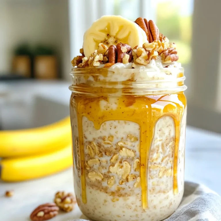 To make Maple Pecan Overnight Oats, you need: - 1 cup rolled oats - 1 cup almond milk (or any milk of your choice) - 2 tablespoons pure maple syrup - 1/4 teaspoon vanilla extract - 1/4 teaspoon cinnamon - 1/2 cup chopped pecans - 1/2 banana, sliced (for topping) - Additional maple syrup for drizzling - Pinch of salt You can use different types of milk in this recipe. Almond milk is great, but you can try: - Soy milk - Oat milk - Coconut milk - Regular dairy milk Each milk adds its own taste and creaminess. Pick what you love best! When choosing pecans, look for ones that are: - Firm and plump - Free of cracks or holes - A light brown color without dark spots Fresh pecans taste better and add a nice crunch to your oats. Store them in a cool, dry place to keep them fresh longer. {{ingredient_image_1}} To start, gather your ingredients. You need: - 1 cup rolled oats - 1 cup almond milk (or any milk of your choice) - 2 tablespoons pure maple syrup - 1/4 teaspoon vanilla extract - 1/4 teaspoon cinnamon - 1/2 cup chopped pecans - Pinch of salt In a medium bowl, mix the rolled oats and almond milk. Add the maple syrup, vanilla, and cinnamon. Stir until everything is well blended. Next, fold in the chopped pecans and the pinch of salt. This mixture will be the base for your oats. Once your mixture is ready, transfer it to a mason jar or an airtight container. Make sure to seal it tightly. Place the jar in your fridge overnight. This lets the oats absorb the milk and flavors. If you are short on time, let it chill for at least 4-6 hours. The oats will soften, making them creamy and delicious. In the morning, take your oats out of the fridge. Give them a good stir. If they seem too thick, add a splash of almond milk. This helps reach your preferred consistency. Before serving, top with sliced banana and a drizzle of maple syrup. Enjoy your tasty breakfast! You can change this recipe to fit your taste. Try using different nuts. Walnuts or almonds work well too. You can also swap out the maple syrup for honey or agave. If you love fruit, add berries or diced apples. You can even mix in some cocoa powder for a chocolate twist. The options are endless, so have fun with it! Getting the right texture is key. If your oats are too thick, just add more milk. Start with a splash and mix well. You want them creamy, not runny. If you like them thicker, use less milk. Each time you make them, adjust to your liking. Remember, the oats will soak up the liquid overnight. To boost flavor, try adding a pinch of nutmeg or some chopped dates. You can also sprinkle in some chia seeds for extra fiber and protein. Flax seeds are great too! They add crunch and help keep you full. For a creamy touch, mix in a spoonful of yogurt before serving. These little tweaks make a big difference! Pro Tips Use Old-Fashioned Rolled Oats: They absorb liquid better than quick oats, resulting in a creamier texture. Customize Your Milk: Experiment with different types of milk such as coconut or oat for varied flavors and creaminess. Add Fresh Fruits: Top with seasonal fruits like berries or apples for an extra burst of flavor and nutrition. Make It Ahead: Prepare multiple jars at once for a week's worth of easy breakfasts; just grab and go! {{image_2}} You can change the toppings to suit your taste. Try adding fresh berries like strawberries or blueberries. They add color and a burst of flavor. You can also use sliced apples or peaches for a fruity touch. If you enjoy a crunch, sprinkle some granola or toasted coconut on top. A dollop of yogurt can make it creamier. Each topping brings new flavors to your oats. If you want to switch up the nuts, consider walnuts or almonds. They both add a rich taste. You can also use seeds like chia or pumpkin seeds. These seeds add healthy fats and a nice crunch. Mixing different nuts can give your oats a fun texture. Just chop them up to make eating easier. You can play with the sweetness too. Honey or agave syrup can replace maple syrup. They offer a different, but still sweet, flavor. For more spice, try adding nutmeg or cardamom. These spices can add warmth to your oats. You can even mix in cocoa powder for a chocolatey twist. Experimenting with sweeteners and spices can make your oats exciting! You can store maple pecan overnight oats in the fridge for up to five days. After this time, they may lose their taste and texture. To enjoy them at their best, eat them within three days. This way, you will get the creamy and tasty oats you love. To keep your oats fresh, use an airtight container. This helps prevent air from getting in and drying them out. Always add toppings like bananas or nuts just before eating. This keeps them crisp and tasty. If you make a larger batch, separate the portions into smaller jars. This makes it easy to grab one for breakfast. If you prefer warm oats, you can reheat them. Simply transfer your oats to a microwave-safe bowl. Heat them for about 30 seconds. Stir and check if they are warm enough. If not, heat for an additional 15 seconds. You can also add a splash of almond milk to keep them creamy. Enjoy your warm, delicious oats! Yes, you can easily make overnight oats vegan. Just use almond milk or any plant-based milk. This keeps your oats creamy and delicious without any dairy. You can also swap maple syrup for agave syrup if you want a different flavor. To change the sweetness, add more or less maple syrup. You can also use honey or a sugar alternative. Taste the mixture before refrigerating. This way, you can find the perfect balance for your taste buds. Yes, overnight oats are very healthy! They provide fiber, protein, and good fats. Oats can help keep you full longer. The nuts and fruit add vitamins and minerals. This makes them a smart choice for any meal. Almond milk is a great choice for many reasons. It has fewer calories than cow's milk and is dairy-free. It adds a nice nutty flavor that goes well with maple and pecans. Almond milk is also rich in vitamin E, which is good for your skin. We explored the essential ingredients for Maple Pecan Overnight Oats, including fresh pecan tips. You learned about preparing the oat mixture and how to store it overnight. Customizing your oats can enhance flavor and nutrition, and various toppings can keep your meal interesting. Keeping oats fresh ensures every bite is tasty. Remember, overnight oats are both healthy and versatile. Enjoy making this simple dish your own!