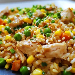 - 2 cups cooked jasmine rice - 1 cup chicken breast, diced - 1 cup mixed vegetables (peas, carrots, corn) - 2 eggs, beaten - 3 tablespoons teriyaki sauce - 2 tablespoons soy sauce - 1 tablespoon sesame oil - 2 green onions, chopped - 1 teaspoon ginger, minced - 2 cloves garlic, minced - Salt and pepper to taste - Sesame seeds for garnish - Additional vegetables (bell peppers, broccoli) - Spices or heat (red pepper flakes) - Fresh herbs (cilantro, basil) Teriyaki Chicken Fried Rice is all about using fresh, quality ingredients. You can start with jasmine rice, which adds a lovely aroma. Diced chicken breast brings protein and flavor. Mixed vegetables give color and crunch. Eggs add richness and help bind everything together. I suggest using teriyaki sauce for its sweet and savory taste. Soy sauce adds depth and saltiness. Sesame oil gives a nutty flavor while enhancing the dish's overall aroma. Don't forget ginger and garlic! They add a nice kick and freshness. Feel free to customize your dish. You can toss in extra veggies like bell peppers or broccoli. For a spicy twist, add red pepper flakes. Fresh herbs like cilantro or basil can brighten the meal. By picking the right ingredients, you create a dish that's not only tasty but also visually appealing. This simple combination brings a lot of joy to the table. {{ingredient_image_1}} How to prepare jasmine rice To cook jasmine rice, rinse it in cold water first. This step removes excess starch. Use a 1:1.5 rice-to-water ratio. Bring water to a boil. Then, lower the heat and let it simmer. Cover and cook for about 15 minutes. Let it cool before using for fried rice. Tips for dicing chicken breast When dicing chicken, use a sharp knife for clean cuts. Cut the chicken breast into small, even pieces. This helps them cook evenly. You can freeze the chicken for 15 minutes before cutting. This makes it firmer and easier to slice. Heating sesame oil and cooking chicken Heat 1 tablespoon of sesame oil in a large skillet over medium-high heat. Add the diced chicken to the hot oil. Season with salt and pepper. Cook the chicken until golden and fully cooked, about 5-7 minutes. Remove from the skillet and set aside. Sautéing garlic and ginger In the same skillet, add minced garlic and ginger. Sauté them for about one minute. You want them fragrant but not burnt. Then, add the mixed vegetables to the skillet. Cook for 2-3 minutes until they are tender. Scrambling eggs and mixing with vegetables Push the veggies to one side of the skillet. Pour the beaten eggs into the other side. Scramble the eggs until cooked, then mix them with the vegetables. This adds a nice texture and richness to your fried rice. Mixing rice with sauces Add the cold jasmine rice to the skillet. Pour in the teriyaki sauce and soy sauce. Toss everything together until the rice is coated evenly. This step ensures all the flavors blend well. Stir-frying with cooked chicken Return the cooked chicken to the skillet. Stir-fry for another 2-3 minutes. This allows the chicken to absorb the flavors. Finally, sprinkle chopped green onions on top and mix well. Enjoy your delicious meal! Cold rice works better than warm rice. Cold rice won't clump together. It stays fluffy and separate. This helps each grain soak up the sauce. Balance the teriyaki sauce and soy sauce to get the right taste. Teriyaki sauce is sweet. Soy sauce adds saltiness. Mix them well for a nice flavor. Use a large skillet or wok for stir-frying. Heat the pan on medium-high. This helps cook the chicken and veggies fast. To prevent sticking, use sesame oil. Don't overcrowd the pan. This keeps your food from burning and helps it cook evenly. Garnish your dish with sesame seeds. They add a nice crunch and look great. Just sprinkle them on top before serving. Pair this dish with a side salad or steamed broccoli. These sides add freshness and balance to your meal. Pro Tips Use Cold Rice: For the best texture, use cold, day-old jasmine rice. It helps prevent the rice from becoming mushy and allows for better frying. Customize Vegetables: Feel free to swap in your favorite vegetables. Bell peppers, broccoli, or snap peas work great and add color to the dish. Adjust Sauce to Taste: Start with less teriyaki and soy sauce, then add more gradually. This way, you can achieve the perfect flavor balance. High Heat is Key: Stir-fry on high heat for a quick cook. This helps to seal in flavors and gives your fried rice a nice, slightly crispy texture. {{image_2}} You can easily change the protein in teriyaki chicken fried rice. Shrimp is a great choice. Shrimp cooks quickly and adds a nice taste. Tofu is perfect for a vegetarian option. It soaks up flavors well and makes the dish hearty. You can also use just vegetables for a lighter meal. Use a mix of your favorites, like bell peppers and broccoli. To enhance the flavor, think about adding more sauces. Hoisin sauce gives a sweet twist. Oyster sauce adds depth and umami. You can also experiment with spices. For a kick, add red pepper flakes. This gives a nice heat that balances the sweetness of the teriyaki sauce. Get creative with how you serve this dish. You can turn the fried rice into sushi rolls. Just wrap it in seaweed and slice it up. It makes a fun snack or meal. Another idea is to serve it in lettuce wraps. This way, you reduce carbs and add a fresh crunch. Both options impress guests and make the meal special. To keep your teriyaki chicken fried rice fresh, store leftovers in an airtight container. This method helps prevent moisture loss and keeps the flavors intact. You can safely refrigerate it for up to three days. After that, the quality may decline. You can freeze fried rice for later use. First, let it cool completely. Then, transfer it to a freezer-safe container or bag. Make sure to remove any excess air to prevent freezer burn. It will last for up to three months. When you're ready to enjoy it, thaw it in the fridge overnight. Get creative with leftover fried rice! You can turn it into a filling for spring rolls or a base for a rice bowl. When reheating, add a splash of soy sauce or a bit of sesame oil. This adds moisture and boosts the flavor. You can also mix in fresh herbs or extra vegetables for more taste. To make this dish healthier, you can start by reducing the sodium content. Use low-sodium soy sauce and teriyaki sauce. This change cuts down on salt without losing flavor. You can also add more vegetables. Try adding bell peppers, broccoli, or spinach. These veggies boost nutrients and make the dish colorful. Yes, you can easily omit the eggs for a vegan option. Instead, you can use tofu or tempeh as your protein source. Both options are great for adding texture and protein. Just cube the tofu or tempeh and sauté it along with the chicken or vegetables. For fried rice, jasmine rice is often the best choice due to its fluffy texture. Basmati rice can work too, but it tends to be drier. Brown rice is healthier and adds fiber, but it may not give you the same texture. Choose what fits your taste and health goals. Making homemade teriyaki sauce is easy! You need simple ingredients like soy sauce, honey, ginger, and garlic. Mix 1 cup of soy sauce with 1/2 cup of honey. Add 1 teaspoon of minced ginger and 1 clove of minced garlic. Heat this mix in a pan until it thickens. This quick sauce is fresh and flavorful! In this blog post, we explored how to make tasty Teriyaki Chicken Fried Rice. We covered key ingredients, careful preparation, and the best cooking techniques. You can easily mix and match to find your perfect flavor. Remember, storage tips help keep leftovers fresh and tasty. Don't hesitate to try new proteins or vegetable combos. Your meal can change with simple swaps. Enjoy cooking and making this dish your own!
