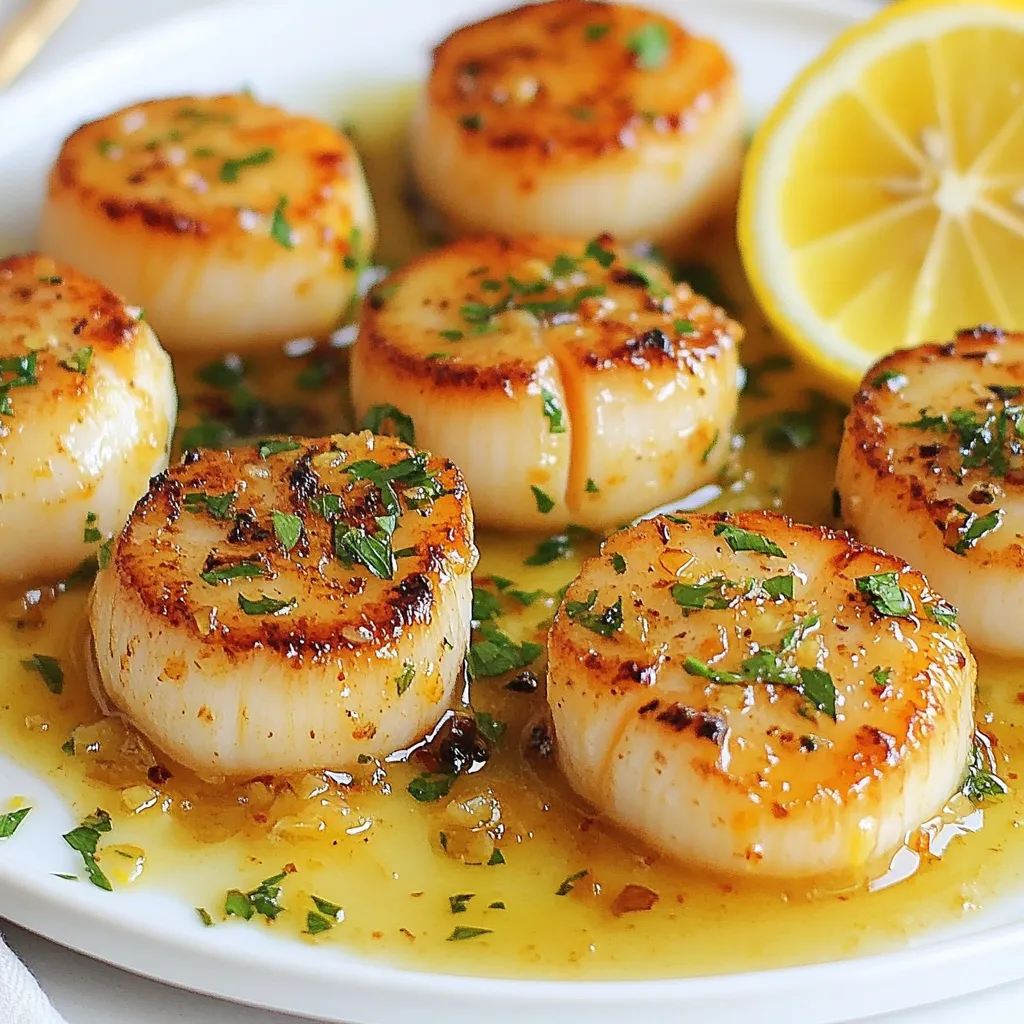 To make Lemon Garlic Butter Scallops, you need: - 1 lb sea scallops, patted dry - 4 tablespoons unsalted butter - 2 tablespoons olive oil - 4 cloves garlic, minced - Zest and juice of 1 lemon - Salt and pepper, to taste - Fresh parsley, chopped, for garnish You can tweak the recipe with these options: - Use shrimp instead of scallops for a different taste. - Swap out garlic for shallots for a milder flavor. - Add a pinch of red pepper flakes for heat. - Use lemon juice from a bottle if fresh is not available. Here are some tools that will help you: - A large skillet for searing the scallops - A sharp knife for mincing garlic - A cutting board for prepping ingredients - A spatula for flipping scallops without breaking them - A citrus zester or grater for lemon zest These ingredients and tools make the process simple and fun. Enjoy cooking! {{ingredient_image_1}} To start, gather all your ingredients. You need: - 1 lb sea scallops, patted dry - 4 tablespoons unsalted butter - 2 tablespoons olive oil - 4 cloves garlic, minced - Zest and juice of 1 lemon - Salt and pepper, to taste - Fresh parsley, chopped, for garnish Patting the scallops dry helps them sear well. This step makes a golden crust. Next, season the scallops with salt and pepper. Ensure both sides are coated. Heat a large skillet over medium-high heat. Add 2 tablespoons of olive oil and 2 tablespoons of unsalted butter. Let the butter melt and foam. This is important for flavor. When the skillet is hot, carefully place the scallops in a single layer. Don’t overcrowd the pan; it can lower the heat. Sear the scallops for 2-3 minutes without moving them. You want a golden crust. Turn them over and cook for another 2 minutes. They should feel firm when done. Remove them from the skillet and set aside. In the same skillet, add minced garlic. Sauté it for about 30 seconds until it smells great. Add in the lemon zest and juice, scraping any bits off the bottom. This adds depth to your sauce. Stir in the remaining butter until it melts. Return the scallops to the skillet. Gently toss them in the lemon garlic butter. Heat them for one more minute to warm through. For a beautiful presentation, arrange the scallops on a plate. Drizzle the lemon garlic butter sauce over them. Add a lemon wedge for color. Sprinkle fresh chopped parsley on top. It adds a nice touch and freshness. Enjoy your meal right away for the best taste! To get a great sear, start with dry scallops. Pat them dry with a paper towel. This step helps them brown well. Heat your skillet until it’s hot. You want oil and butter to bubble but not burn. Place scallops in the pan without crowding. This lets them cook evenly. Sear for 2-3 minutes and do not move them. Flip and cook for another 2 minutes. You’ll see a nice golden crust when done. You can boost flavor with herbs and spices. Try adding fresh thyme or rosemary for a twist. A pinch of red pepper flakes brings heat. Lemon zest adds brightness, enhancing the dish. You can also finish with a sprinkle of sea salt for crunch. Feel free to mix in fresh herbs like parsley or chives for a fresh taste. A few mistakes can ruin your scallops. First, don't overcrowd the pan. This leads to steaming instead of searing. Second, avoid using wet scallops. They won’t brown well if they are wet. Lastly, don’t overcook them. Scallops should be firm and slightly translucent in the center. Cook them just until they are opaque. This keeps them tender and juicy. Pro Tips Pat the Scallops Dry: Make sure to pat the scallops dry before cooking to ensure a perfect sear and prevent steaming. Don’t Overcrowd the Pan: Cook the scallops in batches if necessary to maintain high heat and achieve that golden crust. Use Fresh Ingredients: Fresh garlic and lemon will enhance the flavors significantly compared to dried or bottled alternatives. Garnish for Color: Fresh parsley not only adds a pop of color but also a fresh flavor that complements the dish beautifully. {{image_2}} You can swap out the butter and use ghee or coconut oil. Ghee gives a nutty flavor. Coconut oil adds a hint of sweetness. Both work well with the scallops. You can also try using flavored oils, like lemon-infused olive oil. This will enhance the citrus taste. Serve the scallops with garlic bread or a fresh salad. A side of asparagus or green beans pairs nicely, too. You might add rice or quinoa for a filling meal. A light pasta with lemon and herbs complements the dish well. For drinks, try a crisp white wine or sparkling water with lemon. To make this dish gluten-free, ensure your side dishes are gluten-free too. If you need a dairy-free option, replace the butter with vegan butter or olive oil. This keeps the flavor while accommodating dietary needs. Always check labels for hidden gluten or dairy in packaged items. To store leftover scallops, first let them cool down. Place them in an airtight container. Make sure to add the lemon garlic butter sauce. This helps keep the scallops moist. Store the container in the fridge. Eat the leftovers within two days for best taste. When reheating scallops, use low heat. You can use a skillet or microwave. If using a skillet, add a little butter or oil. Heat gently to avoid overcooking. For the microwave, cover the scallops with a damp paper towel. Heat in short bursts, checking often. This keeps the scallops tender. While it is possible to freeze scallops, it’s best to avoid it. Freezing can change their texture. If you must freeze them, place the scallops in a single layer on a baking sheet. Once frozen, transfer them to a freezer bag. Use them within three months. Thaw in the fridge overnight before cooking. You can tell when scallops are cooked by looking for a golden crust. They should feel firm to the touch. Cook them for about 2-3 minutes on one side, then flip. After flipping, cook for another 2 minutes. The scallops should be opaque in color and no longer translucent. Yes, you can use frozen scallops. Make sure to thaw them completely before cooking. Pat them dry to remove excess moisture. This helps achieve a nice sear. Cooking frozen scallops directly can lead to steam instead of a good sear. A crisp white wine pairs nicely with these scallops. Try a Sauvignon Blanc or a Pinot Grigio. These wines enhance the lemon and garlic flavors. They also balance the richness of the butter. Enjoying a chilled glass will elevate your meal experience. Lemon Garlic Butter Scallops are simple yet delicious. We discussed ingredients, tools, and cooking steps. Remember to sear the scallops well for that tasty crust. Don’t overlook flavoring with herbs for an extra boost. You can also switch ingredients based on your needs, like making it gluten-free. Store leftovers properly to enjoy them later. With a few tips, you can avoid common mistakes and impress anyone. Now, go ahead and try this recipe for an easy yet fancy dish!