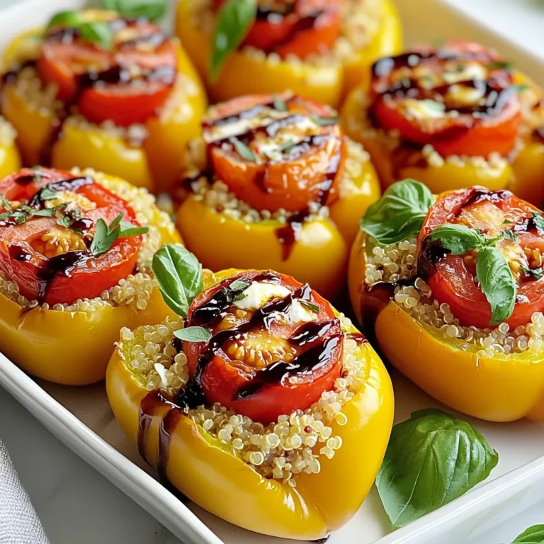 To make Caprese quinoa stuffed peppers, you will need the following: - 4 large bell peppers (any color) - 1 cup quinoa, rinsed - 2 cups vegetable broth - 1 cup cherry tomatoes, halved - 1 cup fresh mozzarella balls, halved - 1/4 cup fresh basil leaves, chopped (plus extra for garnish) - 2 tablespoons balsamic glaze - 2 tablespoons olive oil - Salt and pepper to taste Measuring ingredients correctly is key to good results. Here are some tips: - Use dry measuring cups for solid ingredients like quinoa and cheese. - Use liquid measuring cups for broth and oils. - Always level off dry ingredients for accuracy. - For fresh herbs, pack them lightly when measuring. You can swap ingredients for different flavors or diets. Here are some options: - Use brown rice or farro instead of quinoa for a different grain. - Swap mozzarella for feta cheese for a tangy taste. - Try using any color of bell pepper, such as red, yellow, or green. - Use a drizzle of lemon juice instead of balsamic glaze for a fresh twist. {{ingredient_image_1}} Start with fresh bell peppers. You can choose any color you like. Cut off the tops carefully. Remove the seeds and membranes inside. This step is key for a clean filling. Place the peppers upright in a baking dish. Make sure they stand firm. In a medium saucepan, add one cup of rinsed quinoa. Pour in two cups of vegetable broth. Bring the mixture to a boil over high heat. Once boiling, reduce the heat to low. Cover the pot and let it simmer for 15 minutes. The quinoa will absorb all the liquid. After 15 minutes, take it off the heat. Let the quinoa sit, covered, for five more minutes. This helps it get fluffy. Use a fork to fluff it up gently. In a large mixing bowl, combine the cooked quinoa with a cup of halved cherry tomatoes. Add a cup of halved fresh mozzarella balls next. Chop up a quarter cup of fresh basil leaves and toss that in too. Drizzle in two tablespoons of olive oil and two tablespoons of balsamic glaze. Season the mix with salt and pepper to taste. Now, it’s time to fill the peppers! Spoon the quinoa mixture into each bell pepper. Make sure to fill them generously. Cover the baking dish with aluminum foil. This keeps the peppers moist while cooking. Bake them in the preheated oven at 375°F (190°C) for 30 minutes. After that, remove the foil. Bake for another 10 to 15 minutes. You want the peppers tender and slightly charred. When they’re done, take them out of the oven. Garnish with extra basil leaves for a fresh look. Drizzle more balsamic glaze if you like. Enjoy your colorful and tasty dish! To cook quinoa just right, start by rinsing it well. Rinsing removes bitter saponins. Use two cups of vegetable broth for one cup of quinoa. This gives it great flavor. Bring the liquid to a boil, then lower the heat. Cover the pot and let it simmer for 15 minutes. After cooking, let it sit for another 5 minutes. Fluff it with a fork before mixing in your other ingredients. This helps keep the grains separate and light. To boost the flavor of your stuffed peppers, consider these tips: - Add minced garlic for a warm aroma. - Use a pinch of red pepper flakes for some heat. - Mix in lemon zest for a bright taste. - Drizzle extra balsamic glaze on top for a sweet finish. Taste your filling before stuffing the peppers. Adjust salt and pepper as needed. Fresh basil adds a fragrant touch, making each bite delicious. Make your Caprese quinoa stuffed peppers shine on the table. Here are some ideas: - Serve on a large platter for a colorful display. - Drizzle balsamic glaze over the top for a glossy finish. - Garnish with whole basil leaves for a fresh look. - Pair with a light salad for contrast. These simple touches can turn your dish into a stunning centerpiece. Enjoy sharing your creation! Pro Tips Choose Colorful Peppers: Using a mix of red, yellow, and green bell peppers not only makes the dish visually appealing but also adds a variety of flavors. Prepare Quinoa Ahead: Cooking the quinoa in advance can save time. Just store it in the refrigerator and use it when ready to assemble the stuffed peppers. Experiment with Cheese: Feel free to substitute fresh mozzarella with feta or goat cheese for a different flavor profile that complements the tomatoes and basil. Enhance with Seasonings: Add Italian herbs like oregano or thyme to the quinoa mixture for an additional layer of flavor that pairs well with the other ingredients. {{image_2}} You can switch up the cheese to change the flavor. Try using feta cheese for a tangy twist. Goat cheese also adds a creamy texture and sharp taste. For a stronger flavor, use aged cheddar. If you like a melt-in-your-mouth texture, consider using provolone. Each cheese brings its own charm to the dish. If you want a heartier meal, add some protein. Cooked chicken or turkey works well. You can also use black beans for a plant-based option. Crumbled Italian sausage adds a savory kick. Simply mix your choice into the quinoa filling before stuffing the peppers. Spice it up by adding some heat! Red pepper flakes or diced jalapeños can give your dish a kick. For a smoky taste, try adding smoked paprika. Fresh herbs like oregano or thyme can add depth too. Mixing in lemon zest brightens the flavors, while garlic brings warmth. Customize to fit your taste! After enjoying your Caprese quinoa stuffed peppers, let them cool first. Once cool, place them in an airtight container. This helps keep the flavors fresh. You can store them in the fridge for up to four days. If you want to keep them longer, consider freezing them. Just remember, only freeze them once to keep the taste great. When you’re ready to eat your leftovers, reheating is key. The best way to reheat stuffed peppers is in the oven. Preheat your oven to 350°F (175°C). Place the peppers on a baking dish and cover them with foil. Bake for about 20 minutes. This method keeps them moist and tasty. You can also use the microwave for a quick fix. Heat them on high for about 2-3 minutes. Just be careful, as the texture may change a bit. To freeze your stuffed peppers, start by wrapping them tightly in plastic wrap. Then, place them in a freezer-safe bag or container. This helps prevent freezer burn. You can freeze them for up to three months. When you're ready to eat, thaw them overnight in the fridge. After thawing, reheat them in the oven for the best taste. Enjoy your delicious meal anytime! Yes, you can. If you want a different grain, try brown rice or farro. Both add great texture. Just cook them as per package instructions. Make sure to use the same amount of broth. This keeps the flavors balanced. To keep the peppers firm, bake them with foil for the first 30 minutes. This helps them steam. Then, remove the foil to let them brown. For crunch, you can also parboil the peppers for a few minutes before baking. This reduces baking time. These stuffed peppers pair great with a fresh salad. You can also serve them with garlic bread. For a heartier meal, add a side of roasted veggies. Feel free to drizzle more balsamic glaze on top for extra flavor. In this blog, we covered how to make Caprese Quinoa Stuffed Peppers. You learned about key ingredients, measurement tips, and ingredient swaps. We went through steps to prepare, cook, assemble, and bake the dish. You also found tips for perfect quinoa and serving ideas. I shared variations, storage methods, and answers to common questions. Creating this dish is fun and rewarding. With these tips, you can impress your guests. Enjoy your cooking adventure!