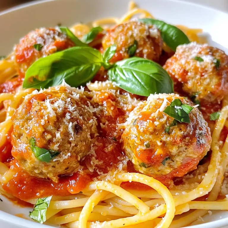 To make Garlic Herb Turkey Meatball Pasta, you need fresh and tasty ingredients. Here’s what you will need: - 1 pound ground turkey - 1 cup breadcrumbs - 1/4 cup grated Parmesan cheese - 2 cloves garlic, minced - 1 egg, beaten - 1 tablespoon fresh parsley, chopped - 1 tablespoon fresh basil, chopped - 1 teaspoon dried oregano - Salt and pepper to taste - 2 tablespoons olive oil - 1 jar (24 oz) marinara sauce - 8 oz spaghetti or pasta of your choice - Fresh basil leaves for garnish Each ingredient plays a key role in the dish. Ground turkey keeps it lean and healthy. Breadcrumbs add texture and help the meatballs hold together. Parmesan cheese gives a savory kick. Garlic brings flavor and aroma, while the egg binds the mixture. Fresh herbs like parsley and basil add a burst of freshness. Dried oregano adds depth. Marinara sauce is perfect for coating the meatballs and pasta. You can choose any pasta you love, but spaghetti works great. Olive oil adds richness, while salt and pepper enhance all the flavors. Fresh basil leaves for garnish make the dish look pretty and add a final touch of flavor. {{ingredient_image_1}} Start by preheating your oven to 400°F (200°C). This step is key for cooking the meatballs evenly. A hot oven helps them turn golden brown and keeps them juicy. While the oven warms up, gather your ingredients. You’ll be ready to mix soon! In a large bowl, mix the ground turkey, breadcrumbs, and Parmesan cheese. Add the minced garlic, beaten egg, chopped parsley, basil, oregano, salt, and pepper. Use your hands to blend everything well. Don’t overmix; just combine until it holds together. Form the mixture into meatballs, about 1 to 1.5 inches wide. Place them on a baking sheet lined with parchment paper. This makes cleanup easy! While the meatballs bake for 20-25 minutes, cook your pasta. Follow the package instructions for al dente pasta. Once cooked, drain the pasta and set it aside. In a large saucepan, heat the marinara sauce over medium heat. When the meatballs are done, add them to the sauce and let them simmer for 5-10 minutes. This lets the flavors blend well. Finally, combine the cooked pasta with the meatballs and sauce in a big serving bowl. Toss gently to coat everything. Now, you’re ready to serve! To keep your meatballs moist, use ground turkey with some fat. Lean turkey can dry out. Adding breadcrumbs helps too. They soak up moisture and flavor. Don’t overmix the meatball mixture. Mix just until combined to keep them tender. Bake them at a high temperature to seal in juices quickly. Cook your pasta in a large pot of salted water. The salt adds flavor. Stir it often to prevent sticking. Check the package for cooking time, but taste a piece a minute or two early. You want it al dente, firm but not hard. Drain the pasta, but reserve a cup of pasta water. This starchy water can help thicken your sauce later. To boost your marinara sauce, add fresh herbs. A handful of chopped basil or parsley can brighten the flavor. You can also toss in some red pepper flakes for heat. Simmer the sauce with the baked meatballs for at least 5-10 minutes. This melds the flavors well. If the sauce is too thick, add a splash of reserved pasta water for the perfect consistency. Pro Tips Use Fresh Herbs: Fresh herbs like parsley and basil enhance the flavor significantly compared to dried versions. Always opt for fresh when possible! Don’t Overmix: When forming the meatballs, mix just until combined. Overmixing can lead to tough meatballs. Check for Doneness: Use a meat thermometer to ensure meatballs reach an internal temperature of 165°F (74°C) for safe consumption. Customize Your Sauce: Feel free to add vegetables like bell peppers or mushrooms to the marinara sauce for extra flavor and nutrition. {{image_2}} You can switch up the meatballs for more flavor. Try using ground chicken or beef. If you want a kick, add chopped jalapeños or red pepper flakes. For a richer taste, mix in some feta cheese or sun-dried tomatoes. You can also use gluten-free breadcrumbs if you need a gluten-free option. While spaghetti is classic, you can use any pasta shape you like. Fusilli, penne, or even zoodles (zucchini noodles) work great. Each shape holds the sauce differently, giving you a new experience. Try whole wheat pasta for a healthier twist. For gluten-free, use gluten-free pasta and breadcrumbs. You can also make this a low-carb dish. Use spaghetti squash or cauliflower rice instead of pasta. Both options are tasty and will keep your meal light. Just adjust your cooking time to make sure they are tender. To keep your Garlic Herb Turkey Meatball Pasta fresh, store leftovers in an airtight container. Make sure to let the pasta cool down before sealing it. You can keep it in the fridge for up to three days. If you want to save it longer, consider freezing. When you are ready to enjoy your leftovers, reheat them gently. You can use the microwave for quick warming. Place the pasta in a bowl and cover it with a damp paper towel. Heat for 1-2 minutes, stirring halfway through. If you prefer the stove, heat it on low in a pan. Add a splash of water or sauce to prevent drying. For longer storage, freeze the meatballs and sauce separately. Place them in freezer-safe bags or containers. Make sure to label them with the date. You can freeze them for up to three months. When ready to use, thaw them overnight in the fridge or use the microwave. Reheat in a saucepan until hot. This keeps the flavors fresh and delicious! Yes, you can make these meatballs ahead. You can mix the ingredients and shape them. Store the raw meatballs in the fridge for up to 24 hours. This saves time on busy nights. You can also freeze the raw meatballs for later use. Place them in a single layer on a tray. Once they are firm, transfer them to a freezer bag. They will keep well for up to three months. When ready to cook, bake them straight from the freezer. Just add a few extra minutes to the cooking time. If you want to switch the ground turkey, there are plenty of options. Ground chicken is a great choice and has a similar taste. You can also use lean ground beef or pork for richer flavor. For a plant-based option, try using lentils or chickpeas. Both provide texture and are healthy. Just mash them slightly before mixing with other ingredients. This keeps the meatball shape while being tasty and filling. To check if your meatballs are done, look for a few signs. They should be golden brown on the outside. Use a meat thermometer to check the center temperature. It should reach 165°F (74°C) for safe eating. If you don't have a thermometer, cut one open. The meat should be no longer pink, and juices should run clear. If you see any pink, bake them a bit longer. Trust your eyes and nose; they will guide you to perfect meatballs. This blog post covered all you need for a tasty meatball and pasta dish. You learned about the key ingredients, easy steps, and helpful tips to make your meal shine. Remember to explore variations to suit your taste and dietary needs. Storing and reheating properly ensures nothing goes to waste. With these insights, you can make a delicious dish every time. Enjoy cooking and sharing these flavors with family and friends!