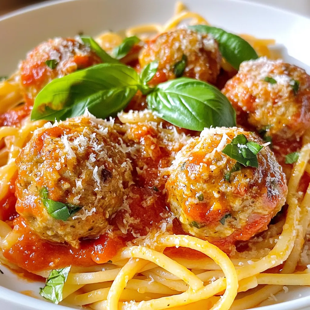 To make Garlic Herb Turkey Meatball Pasta, you need fresh and tasty ingredients. Here’s what you will need: - 1 pound ground turkey - 1 cup breadcrumbs - 1/4 cup grated Parmesan cheese - 2 cloves garlic, minced - 1 egg, beaten - 1 tablespoon fresh parsley, chopped - 1 tablespoon fresh basil, chopped - 1 teaspoon dried oregano - Salt and pepper to taste - 2 tablespoons olive oil - 1 jar (24 oz) marinara sauce - 8 oz spaghetti or pasta of your choice - Fresh basil leaves for garnish Each ingredient plays a key role in the dish. Ground turkey keeps it lean and healthy. Breadcrumbs add texture and help the meatballs hold together. Parmesan cheese gives a savory kick. Garlic brings flavor and aroma, while the egg binds the mixture. Fresh herbs like parsley and basil add a burst of freshness. Dried oregano adds depth. Marinara sauce is perfect for coating the meatballs and pasta. You can choose any pasta you love, but spaghetti works great. Olive oil adds richness, while salt and pepper enhance all the flavors. Fresh basil leaves for garnish make the dish look pretty and add a final touch of flavor. {{ingredient_image_1}} Start by preheating your oven to 400°F (200°C). This step is key for cooking the meatballs evenly. A hot oven helps them turn golden brown and keeps them juicy. While the oven warms up, gather your ingredients. You’ll be ready to mix soon! In a large bowl, mix the ground turkey, breadcrumbs, and Parmesan cheese. Add the minced garlic, beaten egg, chopped parsley, basil, oregano, salt, and pepper. Use your hands to blend everything well. Don’t overmix; just combine until it holds together. Form the mixture into meatballs, about 1 to 1.5 inches wide. Place them on a baking sheet lined with parchment paper. This makes cleanup easy! While the meatballs bake for 20-25 minutes, cook your pasta. Follow the package instructions for al dente pasta. Once cooked, drain the pasta and set it aside. In a large saucepan, heat the marinara sauce over medium heat. When the meatballs are done, add them to the sauce and let them simmer for 5-10 minutes. This lets the flavors blend well. Finally, combine the cooked pasta with the meatballs and sauce in a big serving bowl. Toss gently to coat everything. Now, you’re ready to serve! To keep your meatballs moist, use ground turkey with some fat. Lean turkey can dry out. Adding breadcrumbs helps too. They soak up moisture and flavor. Don’t overmix the meatball mixture. Mix just until combined to keep them tender. Bake them at a high temperature to seal in juices quickly. Cook your pasta in a large pot of salted water. The salt adds flavor. Stir it often to prevent sticking. Check the package for cooking time, but taste a piece a minute or two early. You want it al dente, firm but not hard. Drain the pasta, but reserve a cup of pasta water. This starchy water can help thicken your sauce later. To boost your marinara sauce, add fresh herbs. A handful of chopped basil or parsley can brighten the flavor. You can also toss in some red pepper flakes for heat. Simmer the sauce with the baked meatballs for at least 5-10 minutes. This melds the flavors well. If the sauce is too thick, add a splash of reserved pasta water for the perfect consistency. Pro Tips Use Fresh Herbs: Fresh herbs like parsley and basil enhance the flavor significantly compared to dried versions. Always opt for fresh when possible! Don’t Overmix: When forming the meatballs, mix just until combined. Overmixing can lead to tough meatballs. Check for Doneness: Use a meat thermometer to ensure meatballs reach an internal temperature of 165°F (74°C) for safe consumption. Customize Your Sauce: Feel free to add vegetables like bell peppers or mushrooms to the marinara sauce for extra flavor and nutrition. {{image_2}} You can switch up the meatballs for more flavor. Try using ground chicken or beef. If you want a kick, add chopped jalapeños or red pepper flakes. For a richer taste, mix in some feta cheese or sun-dried tomatoes. You can also use gluten-free breadcrumbs if you need a gluten-free option. While spaghetti is classic, you can use any pasta shape you like. Fusilli, penne, or even zoodles (zucchini noodles) work great. Each shape holds the sauce differently, giving you a new experience. Try whole wheat pasta for a healthier twist. For gluten-free, use gluten-free pasta and breadcrumbs. You can also make this a low-carb dish. Use spaghetti squash or cauliflower rice instead of pasta. Both options are tasty and will keep your meal light. Just adjust your cooking time to make sure they are tender. To keep your Garlic Herb Turkey Meatball Pasta fresh, store leftovers in an airtight container. Make sure to let the pasta cool down before sealing it. You can keep it in the fridge for up to three days. If you want to save it longer, consider freezing. When you are ready to enjoy your leftovers, reheat them gently. You can use the microwave for quick warming. Place the pasta in a bowl and cover it with a damp paper towel. Heat for 1-2 minutes, stirring halfway through. If you prefer the stove, heat it on low in a pan. Add a splash of water or sauce to prevent drying. For longer storage, freeze the meatballs and sauce separately. Place them in freezer-safe bags or containers. Make sure to label them with the date. You can freeze them for up to three months. When ready to use, thaw them overnight in the fridge or use the microwave. Reheat in a saucepan until hot. This keeps the flavors fresh and delicious! Yes, you can make these meatballs ahead. You can mix the ingredients and shape them. Store the raw meatballs in the fridge for up to 24 hours. This saves time on busy nights. You can also freeze the raw meatballs for later use. Place them in a single layer on a tray. Once they are firm, transfer them to a freezer bag. They will keep well for up to three months. When ready to cook, bake them straight from the freezer. Just add a few extra minutes to the cooking time. If you want to switch the ground turkey, there are plenty of options. Ground chicken is a great choice and has a similar taste. You can also use lean ground beef or pork for richer flavor. For a plant-based option, try using lentils or chickpeas. Both provide texture and are healthy. Just mash them slightly before mixing with other ingredients. This keeps the meatball shape while being tasty and filling. To check if your meatballs are done, look for a few signs. They should be golden brown on the outside. Use a meat thermometer to check the center temperature. It should reach 165°F (74°C) for safe eating. If you don't have a thermometer, cut one open. The meat should be no longer pink, and juices should run clear. If you see any pink, bake them a bit longer. Trust your eyes and nose; they will guide you to perfect meatballs. This blog post covered all you need for a tasty meatball and pasta dish. You learned about the key ingredients, easy steps, and helpful tips to make your meal shine. Remember to explore variations to suit your taste and dietary needs. Storing and reheating properly ensures nothing goes to waste. With these insights, you can make a delicious dish every time. Enjoy cooking and sharing these flavors with family and friends!