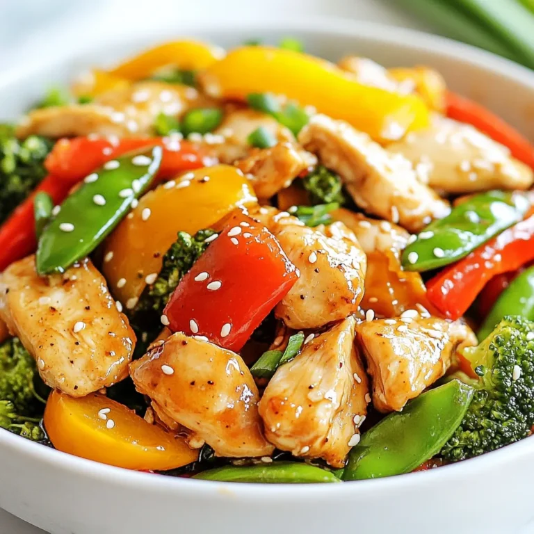 - 1 pound boneless, skinless chicken breasts, thinly sliced - 2 tablespoons sesame oil - 1 cup bell peppers (red and yellow), sliced - 1 cup broccoli florets - 1 cup snap peas, trimmed - 3 cloves garlic, minced - 1 tablespoon fresh ginger, grated - 3 tablespoons honey - 2 tablespoons soy sauce - 1 tablespoon rice vinegar - 1 tablespoon cornstarch - 2 tablespoons water - 2 tablespoons sesame seeds To make this dish, start with fresh chicken. I recommend boneless, skinless breasts for tender bites. Slice them thinly. This helps them cook fast. Next, choose colorful veggies. Bell peppers add sweetness and crunch. Broccoli brings a nice green touch, while snap peas offer a crisp bite. Fresh garlic and ginger boost flavor. They also make your kitchen smell amazing. Now, let’s talk sauce. Honey sweetens the stir fry. It blends well with soy sauce, adding depth. Rice vinegar gives a nice tang. The cornstarch helps thicken the sauce. Don’t forget the sesame oil! It adds rich flavor and aroma to the dish. - Green onions, sliced - Additional sesame seeds Garnishes can elevate your meal. Sliced green onions add color and a fresh taste. More sesame seeds can enhance the crunch. Use these to make your dish look even more inviting. {{ingredient_image_1}} - Coating with Cornstarch First, take your thinly sliced chicken. Place it in a medium bowl. Add 1 tablespoon of cornstarch. Mix well until each piece is fully coated. This coating helps the chicken get crispy when cooked. - Cooking Technique Heat 2 tablespoons of sesame oil in a large skillet or wok. Set the heat to medium-high. Once the oil is hot, add the coated chicken. Cook for 4 to 5 minutes. Flip the chicken pieces often. You want them to turn golden brown and be cooked through. Once done, remove the chicken and set it aside. - Stir-Frying Process In the same skillet, add 3 cloves of minced garlic and 1 tablespoon of grated ginger. Stir them for about 30 seconds until fragrant. Next, add 1 cup of sliced bell peppers, 1 cup of broccoli florets, and 1 cup of snap peas. Stir-fry these for about 3 to 4 minutes. - Timing for Crispness You want the vegetables to stay tender yet crisp. Keep stirring to make sure they cook evenly. Once they look bright and colorful, they’re ready for the sauce. - Sauce Preparation While the vegetables cook, mix 3 tablespoons of honey, 2 tablespoons of soy sauce, 1 tablespoon of rice vinegar, and 2 tablespoons of water in a small bowl. This will be the sauce that adds flavor to your stir fry. - Final Assembly Pour the sauce over the cooked vegetables in the skillet. Add the cooked chicken back into the skillet. Toss everything together until well mixed. Cook for an additional 2 minutes to heat everything. Finally, sprinkle 2 tablespoons of sesame seeds over the top. Serve hot with fresh, sliced green onions for garnish. Achieving Crispy Chicken To get crispy chicken, start by coating the chicken slices in cornstarch. This helps create a nice crunch. Make sure the oil is hot before adding the chicken. Cook in batches if needed. This ensures every piece gets that golden brown color. Vegetable Substitutions You can switch up the veggies based on what you have. Try using carrots, zucchini, or even mushrooms. Each vegetable brings its own flavor and texture. Just remember to chop them into similar sizes for even cooking. Best Side Dishes Serve this stir fry with steamed rice or quinoa. Both options soak up the sauce nicely. You can also add a fresh salad on the side for a crunchy contrast. Pairing with Rice or Noodles Rice is a classic choice. It balances the sweet and savory flavors well. If you prefer noodles, use lo mein or rice noodles. They will add a fun twist. Just make sure they are cooked al dente for the best bite. Pro Tips Coat the Chicken Well: Ensure the chicken is evenly coated with cornstarch to achieve a crispy texture when cooked. High Heat Stir Fry: Use medium-high heat to quickly cook the chicken and vegetables, preserving their crunch and flavor. Fresh Ingredients: Opt for fresh vegetables and herbs for a vibrant and flavorful stir fry; they make a significant difference! Customize Your Veggies: Feel free to substitute or add your favorite vegetables to the stir fry for a personal touch. {{image_2}} If you want a different protein, try using tofu. Tofu absorbs flavors well and gives a nice texture. Simply cut it into cubes and follow the same steps as you would for the chicken. Another great choice is beef. Thinly slice the beef and cook it until brown. You can also use shrimp. Just make sure they turn pink and are cooked through. Both options will work perfectly in this stir fry. For a spicy twist, add chili flakes or sriracha to the sauce. This will give your dish a nice kick. You can also make a low-sugar version of the sauce. Use a sugar substitute like stevia or monk fruit. This way, you can enjoy the sweet flavor without the extra sugar. These variations let you adjust the dish to your taste. Feel free to mix and match proteins and sauces to create your perfect Sesame Honey Chicken Stir Fry. - Store leftovers in an airtight container. - Make sure to cool the stir fry first. - Keep in the fridge for up to three days. - Reheat only the portion you plan to eat. For best results, when you store your Sesame Honey Chicken Stir Fry, ensure the dish cools to room temperature. This step prevents condensation in the container, which can make the food soggy. I recommend using glass or BPA-free plastic containers. These materials help keep the flavors intact. - To freeze, let the stir fry cool completely. - Use a freezer-safe container or heavy-duty bag. - Label with the date before freezing. When freezing, try to remove as much air as possible from the bag. This helps prevent freezer burn, keeping your dish fresh. Sesame Honey Chicken Stir Fry can last in the freezer for about three months. - Thaw in the fridge overnight before reheating. - Reheat on the stove over medium heat. - Add a splash of water or broth to help steam it. Reheating in a skillet helps maintain the stir fry’s texture. Stir occasionally to heat evenly. If you’re in a hurry, you can use the microwave, but the skillet method gives better results. Enjoy your meal! To make this dish, follow these steps: 1. Mix sliced chicken with cornstarch in a bowl. 2. Heat sesame oil in a skillet over medium-high heat. 3. Cook chicken for 4-5 minutes until golden brown. 4. Set the chicken aside. 5. Add garlic, ginger, bell peppers, broccoli, and snap peas to the skillet. 6. Stir-fry vegetables for 3-4 minutes until tender yet crisp. 7. Combine honey, soy sauce, rice vinegar, and water in a bowl. 8. Pour sauce over the veggies in the skillet. 9. Return chicken to the skillet and mix well. 10. Cook for 2 more minutes to heat through. 11. Sprinkle sesame seeds on top and serve. Yes, you can use frozen vegetables. They will save time. However, they may change the texture. Cook them longer to ensure they heat through properly. This might slightly alter the crunchiness of your stir fry. You can serve this dish with: - Steamed rice - Fried rice - Noodles - A side salad Pair it with a light drink like green tea or lemonade for balance. Enjoy your meal! You learned about making a tasty Sesame Honey Chicken Stir Fry. We covered main ingredients, techniques, and optional garnishes. You now know how to cook chicken and veggies for crispness and flavor. I shared tips for great results and different protein options. Finally, I explained storage and reheating to keep it fresh. With this knowledge, you can create a quick meal any night. Enjoy your cooking and impress your family with this dish!
