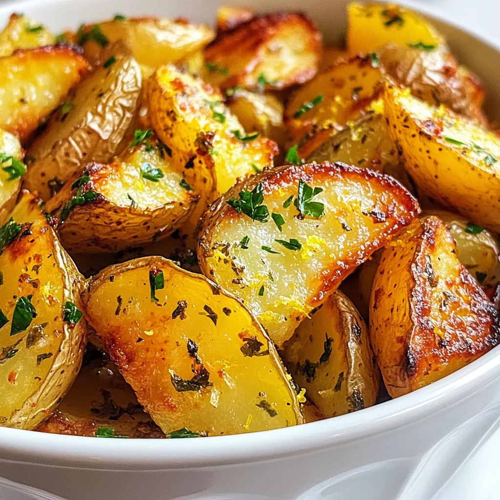 To make Greek lemon potatoes, you will need these items: - 2 lbs Yukon Gold potatoes, cut into wedges - 1/4 cup olive oil - 4 cloves garlic, minced - 1/4 cup fresh lemon juice (about 2 lemons) - Zest of 1 lemon - 1 teaspoon dried oregano - 1 teaspoon salt - 1/2 teaspoon black pepper - 1 cup vegetable broth - Fresh parsley, chopped (for garnish) These ingredients create a bright and zesty flavor that makes this dish shine. You can swap some ingredients to fit your taste or what you have on hand: - Potatoes: You can use red potatoes or fingerling potatoes instead of Yukon Gold. - Olive Oil: If you prefer, use canola oil or avocado oil. - Garlic: Garlic powder can replace fresh garlic. Use 1 teaspoon for each clove. - Lemon Juice: Lime juice can work if you need a change. - Vegetable Broth: Chicken broth is a good alternative for more flavor. - Parsley: Fresh basil or cilantro can also add a nice touch. These swaps keep the dish tasty and allow for creativity. One serving of Greek lemon potatoes (based on four servings) provides: - Calories: 280 - Total Fat: 14g - Saturated Fat: 2g - Carbohydrates: 36g - Fiber: 4g - Sugars: 1g - Protein: 4g This dish is not just delicious but also offers health benefits, like fiber and healthy fats. Enjoying Greek lemon potatoes can be a great addition to your meal plan. {{ingredient_image_1}} Start by washing the Yukon Gold potatoes. Cut them into wedges, about 1 to 2 inches wide. The size matters because it affects cooking time. Place the wedges in a large mixing bowl. You want enough room to toss them later. In the same bowl, pour in the olive oil. Add minced garlic, fresh lemon juice, and lemon zest next. Then, sprinkle in the dried oregano, salt, and black pepper. Whisk all these ingredients together. Make sure they blend well. This mix brings the bright, zesty flavor that makes the potatoes shine. Preheat your oven to 425°F (220°C). Once the dressing is ready, toss the potato wedges in it. Make sure every piece is coated well. Spread the wedges on a baking sheet in a single layer. Pour vegetable broth around the potatoes. This trick helps keep them moist during baking. Now, bake the potatoes for 40 to 45 minutes. Halfway through, turn them for even browning. When they turn golden and crispy, they are ready. Let them cool a bit, then garnish with fresh parsley before serving. Enjoy the delicious flavors! To get crispy Greek lemon potatoes, follow these steps. First, cut the Yukon Gold potatoes into even wedges. This helps them cook evenly. Next, make sure to coat them well with the lemon mixture. The olive oil is key to that crispiness. When you bake, use a large baking sheet. This allows the heat to circulate around the potatoes. Don't overcrowd the sheet. Leave space between each wedge. For extra crispness, turn the potatoes halfway through baking. This ensures that all sides get golden and crunchy. You can boost the flavor of your Greek lemon potatoes easily. Try adding more herbs like thyme or rosemary. Fresh herbs work best, but dried ones will do too. You can also add a pinch of chili flakes for some heat. Lemon zest adds a zing, so don’t skip it. If you want a creamier taste, mix in some yogurt after baking. This adds a nice tang that complements the lemon. One common mistake is not preheating the oven. Always preheat to 425°F (220°C) before baking. This helps the potatoes cook right. Another mistake is not using enough oil. The olive oil gives flavor and helps with crispiness. Also, don't forget to turn the potatoes. If you let them sit without turning, they may cook unevenly. Finally, avoid using too much broth. You want some steam, not a soggy mess. Keep these tips in mind for perfect Greek lemon potatoes! Pro Tips Choose the Right Potatoes: Yukon Gold potatoes are ideal for this recipe due to their creamy texture and ability to absorb flavors, but you can also use red potatoes for a firmer bite. Don't Skip the Broth: Adding vegetable broth not only helps to steam the potatoes but also infuses them with extra flavor, making them even more delicious. Perfectly Crispy Finish: For extra crispiness, broil the potatoes for the last 2-3 minutes of cooking. Keep a close eye to prevent burning! Garnish for Flavor: Fresh parsley adds a touch of color and freshness. Consider adding other herbs like dill or thyme for a unique twist. {{image_2}} You can change the flavor of your Greek lemon potatoes by adding herbs. Try using thyme or rosemary for a fresh twist. Both herbs pair well with lemon. Just sprinkle a teaspoon of fresh or dried herbs into the lemon dressing. This small change brings new aromas and tastes to the dish. You could even mix herbs. Combine oregano with thyme for a unique flavor burst. These lemon potatoes shine on their own, but they complement other Greek dishes. Serve them with grilled chicken or lamb for a hearty meal. They also pair nicely with Greek salad and tzatziki sauce. For a full Greek feast, add some spanakopita and dolmades. The bright flavors of the potatoes balance the richness of these dishes. Good news! Greek lemon potatoes are already vegan and gluten-free. You can enjoy them without worry. If you want to enhance the dish, add some chickpeas for protein. This addition makes the meal more filling. You can also serve the potatoes with a side of veggies for a colorful plate. This way, you keep it healthy and tasty! To keep your Greek lemon potatoes fresh, let them cool first. Once cool, place them in an airtight container. Store the container in the fridge. They will stay good for up to three days. Always check for any signs of spoilage before eating. When ready to eat, you can reheat the potatoes. Preheat your oven to 350°F (175°C). Place the potatoes on a baking sheet. Heat for about 15-20 minutes, or until warm. You can also use a microwave for faster reheating. Just warm them in short bursts. Check often to avoid overcooking. If you want to freeze the potatoes, do it after cooling. Lay them flat on a baking sheet. Freeze until solid, then transfer to a freezer bag. They can last up to two months in the freezer. To use, thaw them in the fridge overnight. Reheat as described above. Greek Lemon Potatoes are a tasty side dish. They are made with Yukon Gold potatoes, olive oil, and lemon. The garlic and oregano add more flavor. These potatoes bake until golden and crispy. The lemon juice gives them a bright, zesty taste. They are perfect with grilled meats or as part of a Greek meal. Yes, you can use other potatoes. Red potatoes or fingerling potatoes work well too. Just make sure they are waxy, like Yukon Gold. Waxy potatoes hold their shape better when cooked. Avoid starchy potatoes like Russets, as they may become mushy. To add spice, use red pepper flakes. Start with a pinch and adjust to taste. You can also mix in paprika or cayenne pepper. These spices will give a nice kick. Another option is to add diced jalapeños to the lemon dressing. Enjoy experimenting with flavors! In this blog post, we explored how to make Greek lemon potatoes. We listed the ingredients you need, including substitutions and their nutritional value. I shared step-by-step instructions, tips for crispy potatoes, and flavor variations. Proper storage tips help preserve your dish. Lastly, I answered common questions about ingredients and adjustments. These potatoes are a tasty addition to any meal. With these tips, you’ll impress everyone at your table. Enjoy making and sharing this dish!