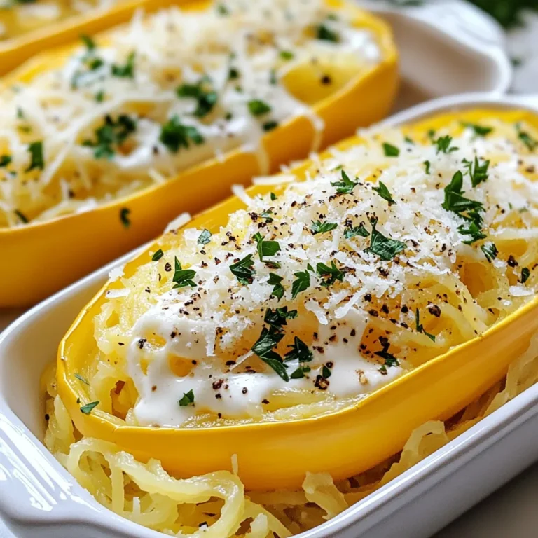 - 1 medium spaghetti squash - 2 tablespoons olive oil - Salt and pepper to taste - 1 cup heavy cream (or plant-based substitute) - 1 cup grated Parmesan cheese (or nutritional yeast for vegan option) - 3 cloves garlic, minced - 1/2 teaspoon nutmeg - Fresh parsley for garnish To make this creamy Alfredo spaghetti squash, you need simple ingredients. Start with a medium-sized spaghetti squash. This squash is key to the dish, giving it a nice texture. You will also need olive oil, salt, and pepper. These help enhance the flavor. Next, the sauce needs heavy cream. If you're vegan, you can use a plant-based cream instead. For the cheesy flavor, grab grated Parmesan cheese. For a vegan option, nutritional yeast works well. You will add minced garlic for a lovely aroma. Nutmeg adds a warm, nutty taste to the sauce. Finally, fresh parsley brightens up the dish and makes it look pretty. Gather these ingredients, and you’re ready to create a delightful meal! {{ingredient_image_1}} 1. Preheat your oven to 400°F (200°C). 2. Cut the spaghetti squash in half lengthwise and scoop out the seeds. 3. Drizzle the inside with olive oil. Season with salt and pepper. 1. Place the squash cut-side down on a baking sheet. 2. Roast for 30-40 minutes until tender. You want it soft enough to shred. 1. In a medium saucepan, simmer heavy cream over medium heat. 2. Add minced garlic and cook for 1-2 minutes until it smells great. 3. Whisk in grated Parmesan cheese until it melts and is smooth. 4. Stir in nutmeg and season to taste with salt and pepper. 1. Once the squash is cooked, use a fork to scrape the insides. 2. You’ll create spaghetti-like strands. 3. Combine the squash strands with the Alfredo sauce. Toss gently to coat. 4. Serve warm and enjoy! How to perfectly roast spaghetti squash To roast spaghetti squash, start by preheating your oven to 400°F (200°C). Cut the squash in half lengthwise and scoop out the seeds. Drizzle the insides with olive oil and sprinkle salt and pepper. Place the halves cut-side down on a lined baking sheet. Roast for 30-40 minutes until the flesh is tender. You should easily shred it with a fork. Choosing the right garlic for flavor enhancement Using fresh garlic makes a big difference. Look for firm cloves with a strong scent. Avoid any that feel soft or look sprouted. Mince the garlic finely and add it to the sauce for a lovely aroma and taste. Achieving the perfect thickness for your Alfredo sauce For a thick, creamy sauce, simmer the heavy cream gently until it reduces slightly. Stir in the Parmesan cheese gradually. This helps it melt smoothly. If the sauce is too thick, add a splash of cream or some pasta water to thin it out. Substitutions for non-dairy diets If you need a non-dairy option, use a plant-based cream. Nutritional yeast works well instead of Parmesan. It adds a cheesy flavor without dairy. Adjust the amount based on your taste. Ideal sides to complement the dish Serve your creamy Alfredo spaghetti squash with a light salad or steamed veggies. Fresh greens balance the dish nicely. Roasted broccoli or asparagus also pair well and add color. Garnishing options for presentation Garnish with fresh chopped parsley for a pop of color. You can also sprinkle some extra cheese or a dash of nutmeg on top. This makes the dish look inviting and enhances the flavor. Pro Tips Choose the Right Squash: Look for a spaghetti squash that feels heavy for its size and has a smooth, firm skin for the best texture and flavor. Enhance the Flavor: Consider adding a pinch of red pepper flakes to the Alfredo sauce for a subtle kick or fresh lemon juice for brightness. Make It Ahead: You can roast the spaghetti squash and make the Alfredo sauce ahead of time. Just combine them before serving for a quick meal. Perfect Sauce Consistency: If your Alfredo sauce is too thick, whisk in a little pasta water or extra cream to achieve your desired consistency. {{image_2}} You can make a tasty vegan version of creamy Alfredo spaghetti squash. Start by swapping heavy cream for coconut cream or a blend of cashews and water. For a cheesy taste, use nutritional yeast instead of Parmesan. It adds a rich flavor without dairy. Blend soaked cashews with water for a creamy base. This mix gives you a nice texture. Boost the nutrition by adding vegetables like spinach, mushrooms, or peas. These add color and taste to your dish. You can also mix in proteins like grilled chicken or shrimp for extra heartiness. For some spice, try adding crushed red pepper or fresh herbs. Basil or thyme can brighten your dish, making it more exciting. Spaghetti squash is naturally gluten-free, making it a great choice for those who avoid gluten. If you want to add pasta, use gluten-free pasta like chickpea or rice pasta. These options will blend well with the creamy sauce. Always check labels to ensure your ingredients are gluten-free. To store leftovers, let the dish cool first. Then, place the creamy Alfredo spaghetti squash in an airtight container. This keeps it fresh and prevents it from drying out. Use glass containers for meal prep. They are easy to clean and reusable. For reheating, use the stovetop or microwave. If you use the stovetop, heat it gently in a pan. Stir often to warm it evenly. In the microwave, use a covered dish. Heat it in short bursts, stirring in between. This keeps the sauce from separating. Yes, you can freeze creamy Alfredo spaghetti squash. First, let it cool completely. Then, portion it into freezer-safe bags. Remove as much air as possible before sealing. To thaw, place it in the fridge overnight. Reheat slowly to keep the texture nice. What is spaghetti squash and how does it taste? Spaghetti squash is a unique vegetable. When cooked, its flesh turns into strands that resemble spaghetti. It has a mild, slightly sweet flavor. This makes it a great base for many sauces, like creamy Alfredo. Can I make this recipe ahead of time? Yes, you can prepare this dish ahead of time. You can roast the squash and make the sauce in advance. Store them separately in the fridge. When you’re ready to eat, combine them and heat gently. What can I use instead of Parmesan cheese? If you need a substitute for Parmesan cheese, try nutritional yeast. It gives a cheesy flavor without dairy. You can also use other hard cheeses, like Pecorino Romano. Is there a non-dairy alternative for heavy cream? Yes! You can use coconut cream or cashew cream. Both options provide a creamy texture. They work well in this Alfredo sauce recipe. How do I know when the spaghetti squash is done? The squash is done when its flesh is tender. You should be able to shred it easily with a fork. It usually takes about 30-40 minutes in the oven. Can I cook spaghetti squash in the microwave? Yes, you can cook spaghetti squash in the microwave. Cut it in half and scoop out the seeds. Place it cut-side down in a dish with water. Microwave for about 10-12 minutes, or until tender. What are the nutrition facts for this dish? This dish is rich in vitamins and minerals. It’s low in carbs and high in fiber. The heavy cream adds healthy fats, while the Parmesan provides protein. How many calories per serving does it offer? Each serving has about 400-450 calories. This varies based on the specific ingredients you use. If you make substitutions, it may change the calorie count. This recipe for creamy Alfredo spaghetti squash offers simple steps and great taste. You learned how to prepare the squash, make a smooth sauce, and combine both for a delicious meal. Whether you go vegan or add proteins, this dish fits many diets. Don’t forget to store leftovers well or even freeze them. With the right tips, you’ll elevate this dish every time. Try it out, and enjoy a healthy, new favorite!