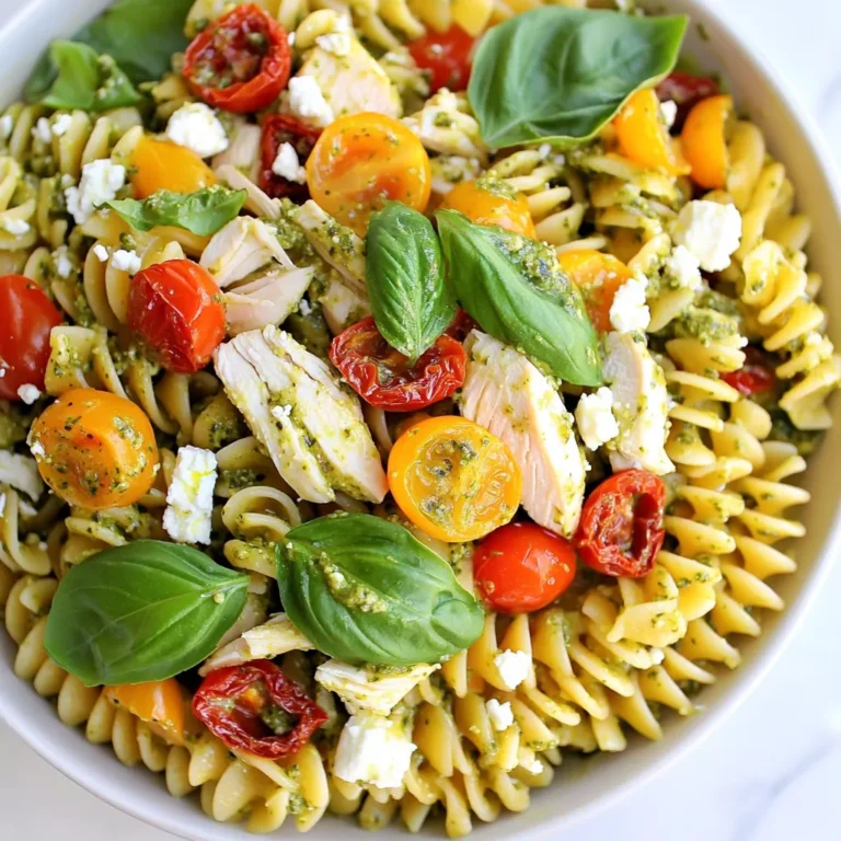 To make a tasty Pesto Chicken Pasta Salad, gather these fresh ingredients: - 2 cups rotini pasta - 2 cups cooked chicken, shredded - 1 cup cherry tomatoes, halved - 1 cup baby spinach - ½ cup pesto sauce (store-bought or homemade) - ¼ cup sun-dried tomatoes, chopped - ½ cup feta cheese, crumbled - 1 tablespoon olive oil - Salt and pepper to taste - Fresh basil leaves for garnish Each ingredient plays a vital role. The rotini pasta gives a nice shape and texture. Cooked chicken adds protein and heartiness. Cherry tomatoes bring sweetness and color. Baby spinach adds a fresh crunch. Pesto sauce gives a rich, herby flavor. Sun-dried tomatoes add a chewy texture. Feta cheese offers a creamy, tangy touch. Olive oil enhances the overall taste. Finally, salt and pepper boost all the flavors. Fresh basil leaves make it look beautiful and smell great. This blend makes a salad that is not just filling but also full of flavor. Each bite is a burst of taste. You can enjoy this salad cold or at room temperature. Perfect for a picnic or a quick lunch! {{ingredient_image_1}} - Boil 2 cups of rotini pasta in salted water until al dente. - Drain the pasta and rinse it under cold water to stop the cooking. - In a large bowl, mix the cooled pasta with 2 cups of shredded chicken. - Add 1 cup of halved cherry tomatoes, 1 cup of baby spinach, and ½ cup of chopped sun-dried tomatoes. - Drizzle ½ cup of pesto sauce and 1 tablespoon of olive oil over the mixture. - Toss everything gently to combine well. - Add ½ cup of crumbled feta cheese to the salad. - Season with salt and pepper to taste, mixing gently to avoid breaking the feta. - Cover the salad with plastic wrap and refrigerate for at least 30 minutes. - Before serving, toss the salad again, check the seasoning, and adjust if needed. - Garnish with fresh basil leaves for added flavor and a pop of color. Cooking rotini pasta is simple. Boil water in a pot, add salt, then pasta. Cook until al dente, usually about 8-10 minutes. After cooking, drain the pasta and rinse it under cold water. This stops the cooking process and keeps the pasta firm. For shredding chicken, use cooked chicken breast. I like to use two forks. Hold one fork in the chicken, then pull with the other fork. It makes nice, even shreds. You can also use your hands if the chicken is cool enough. Make sure the chicken is shredded into small pieces for better mixing. Choosing between homemade and store-bought pesto can change your dish. Homemade pesto has fresh flavors. You can adjust the ingredients to your taste. Store-bought pesto saves time and still tastes good. Check the label for quality ingredients. To add depth, try a pinch of red pepper flakes or lemon juice. These will brighten up the flavors. A sprinkle of garlic powder can also enhance the taste without overwhelming your dish. Preparing this salad ahead of time is easy. You can cook the pasta and shred the chicken a day before. Just keep them in the fridge until you mix everything. This helps the flavors blend nicely. For storing leftovers, use an airtight container. This keeps the salad fresh and prevents it from drying out. You can store it in the fridge for up to three days. If you see any change in color or smell, it’s best to toss it. Pro Tips Choose Quality Pesto: Opt for a high-quality pesto sauce for the best flavor. If you're feeling adventurous, try making your own for a fresh taste. Add Protein Variations: For a twist, consider substituting the chicken with grilled shrimp or chickpeas to cater to different dietary preferences. Chill for Flavor: Allow the pasta salad to chill in the refrigerator for at least 30 minutes before serving. This will help the flavors meld together beautifully. Garnish Just Before Serving: To keep the basil fresh and vibrant, add it as a garnish just before serving rather than mixing it in too early. {{image_2}} You can change the protein in this salad easily. Instead of chicken, try grilled shrimp or diced turkey. For a plant-based option, use chickpeas or tofu. These choices still give great flavor and texture. While pesto shines in this dish, other sauces can work too. A tangy vinaigrette adds a nice twist. Try mixing ranch with pesto for a unique taste. Combining dressings adds depth to your salad. Incorporating seasonal vegetables can enhance freshness. Add bell peppers in summer or roasted squash in fall. You can adjust your ingredients based on what’s available. Fresh produce makes each salad unique and exciting. Pesto Chicken Pasta Salad stays fresh in the fridge for about three days. Store it in an airtight container to keep flavors intact. Always check for signs that it’s no longer good. If you see mold or an off smell, it’s best to toss it. The pasta can become mushy, or the veggies may wilt after a few days. You can freeze pasta salad, but it may change texture. If you decide to freeze it, use a freezer-safe container. To defrost safely, move it to the fridge overnight. This helps it thaw slowly and keeps it tasty. When ready to eat, give it a good mix and enjoy! You can try different dressings if you need a pesto substitute. Some great options include: - Olive oil and lemon juice: This combo adds a fresh taste. - Balsamic vinaigrette: This dressing gives a tangy flavor. - Italian dressing: It brings a herby taste to the salad. - Avocado dressing: This adds creaminess and healthy fats. Each of these alternatives works well with the other ingredients in the salad. Yes, you can easily make this salad vegetarian. Here are some protein options: - Chickpeas: These add a nice texture and protein boost. - Tofu: Use firm tofu for a good protein source. - Edamame: This adds a pop of color and protein. - Tempeh: This is a great option for a hearty feel. These options keep the salad filling and tasty. Adding protein is simple and delicious. Here are some tips: - Legumes: Toss in black beans or kidney beans for extra protein. - Extra chicken: Use more shredded chicken for a heartier dish. - Hard-boiled eggs: These add creaminess and protein. - Cheese: Add more feta or other cheeses like mozzarella. These additions make your salad more satisfying and nutritious. This blog post shows you how to make a tasty Pesto Chicken Pasta Salad. You learned about the key ingredients, step-by-step cooking, and tips to enhance flavor. Remember, you can personalize this salad with your favorite veggies and dressings. Whether you want it vegan or protein-packed, the options are endless. Don’t forget to store leftovers properly to keep them fresh. Enjoy making this dish for any occasion!