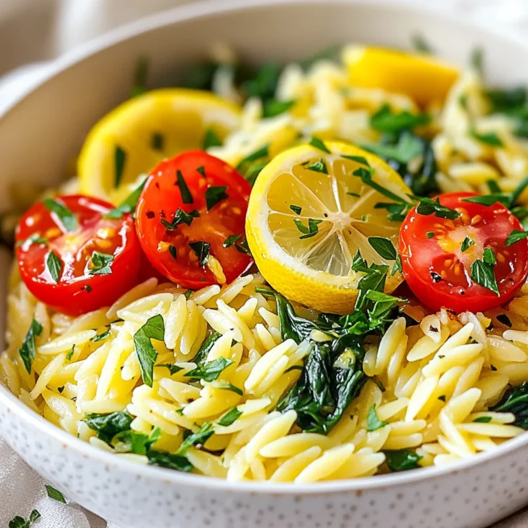 - 1 tablespoon olive oil - 1 medium onion, finely chopped - 2 cloves garlic, minced - 1 cup orzo pasta - 4 cups vegetable broth - Zest and juice of 2 lemons - 1 teaspoon dried oregano - 1 teaspoon dried thyme - 1 cup cherry tomatoes, halved - 1 cup spinach, roughly chopped - Salt and pepper to taste - Fresh parsley, chopped (for garnish) - Grated Parmesan cheese (optional, for serving) Using fresh ingredients makes a big difference. Fresh herbs and produce boost flavor. They also add color and nutrients. Fresh parsley brightens the dish. The zest from lemons adds a bright spark. Fresh cherry tomatoes pop with sweetness. These elements make your dish taste homemade and special. You can add more to this meal for extra taste. Consider adding a dash of red pepper flakes for heat. Some people enjoy a splash of white wine for depth. You can also toss in artichoke hearts or olives for a Mediterranean twist. These add unique flavors and make the dish your own. {{ingredient_image_1}} Start by heating olive oil in a large pot over medium heat. Add the finely chopped onion and sauté for about 5 minutes. You want it to be soft and translucent. Next, add the minced garlic. Cook it for 1 to 2 minutes until you can smell its rich aroma. This step builds a great base for your dish. Now, stir in the orzo pasta. Cook it for 2 minutes while stirring. This helps toast the pasta slightly, enhancing its flavor. After that, pour in the vegetable broth, along with the lemon zest and juice. Add the dried oregano and thyme. Season with salt and pepper. Bring this mixture to a gentle boil. Once boiling, reduce the heat to low and cover the pot. Let it simmer for 10 to 12 minutes. Occasionally stir to keep the orzo from sticking. When done, the orzo should absorb most of the liquid. Next, it’s time to add the fun stuff! Toss in the halved cherry tomatoes and the chopped spinach. Mix them into the orzo. Cover the pot again and let it sit for 2 to 3 minutes. This will wilt the spinach and soften the tomatoes. When it’s ready, remove from heat and let it cool for a minute. Taste and adjust the seasoning if needed. Now your One Pot Lemon Herb Orzo is ready to serve! To make the best orzo, cook it just right. You want it tender but not mushy. Follow the cooking time in the recipe. Stir often to keep it from sticking. If you find it too dry, add a splash of water or broth. Add fresh parsley on top for color and flavor. Grated Parmesan cheese brings creaminess. You can also serve it with a side of grilled chicken or fish. For a fresh twist, add lemon slices on the side. This dish pairs well with a crisp salad. Prep your veggies before cooking. Chop the onion and garlic ahead of time. Use pre-washed spinach. You can also buy halved cherry tomatoes to save time. Cook the orzo while you prepare other sides for a full meal. This makes dinner fast and easy! Pro Tips Use Fresh Herbs: Fresh herbs can elevate the flavor of the dish. If you have fresh oregano or thyme, feel free to substitute them for the dried versions for a more vibrant taste. Toast the Orzo: Toasting the orzo for a couple of minutes before adding the broth adds a nutty flavor to the dish, enhancing its overall richness. Adjusting Lemon Flavor: Depending on your preference, you can adjust the amount of lemon juice and zest. Start with less and add more to taste after cooking if you prefer a stronger lemon flavor. Adding Protein: To make this dish heartier, consider adding cooked chicken, shrimp, or chickpeas for added protein. Stir them in during the last few minutes of cooking to warm through. {{image_2}} For a vegetarian version, this dish works well as is. Just skip the cheese. To make it vegan, use a dairy-free cheese option or leave it out completely. The flavors shine through without cheese, thanks to the lemon and herbs. You can also add more veggies like bell peppers, zucchini, or mushrooms for extra texture. Want to add protein? Chicken or shrimp are great choices. For chicken, sauté bite-sized pieces after the onion and garlic. Cook until golden, then follow the rest of the steps. For shrimp, add them in the last few minutes of cooking. They cook fast and soak up the lemon flavor nicely. If you prefer plant-based protein, add chickpeas or tofu. Use seasonal produce to change the dish. In spring, add asparagus or peas for a fresh twist. In summer, swap in fresh corn or zucchini. In fall, use roasted butternut squash or kale. Each season brings its own flavor. This way, you keep the dish fresh and exciting all year round. After enjoying your One Pot Lemon Herb Orzo, let it cool. Store any leftovers in an airtight container. This helps keep the flavors fresh. You can keep it in the fridge for up to three days. If you want to save it longer, consider freezing it. To reheat, put the orzo in a pot. Add a splash of water or broth. Heat it on low. Stir often to keep it from sticking. This way, it stays moist and delicious. You can also microwave it. Use a microwave-safe dish and cover it loosely. Heat in short bursts, stirring in between. To freeze, portion the orzo into smaller containers. Leave some space at the top, as it expands when frozen. Seal the containers well. You can freeze it for up to three months. When ready to eat, thaw it in the fridge overnight. Reheat as mentioned above for the best taste. You can store One Pot Lemon Herb Orzo in the fridge for up to four days. Make sure to place it in an airtight container. This helps keep it fresh. When you’re ready to eat, just reheat it in a pot or microwave. If you notice the orzo has dried out, add a splash of water or broth when reheating. Yes, you can use other types of pasta. Some good options include penne, fusilli, or even farfalle. Just remember, the cooking time might change. Check the pasta package for cooking times to get it just right. You want the pasta to be tender but not mushy. If you don’t have vegetable broth, you can use chicken broth or water. Chicken broth adds a nice depth of flavor. If you prefer a lighter taste, water works too. You might need to adjust the seasoning if using water. Adding a bit of salt can help enhance the taste. In this article, we explored how to make a tasty One Pot Lemon Herb Orzo dish. We covered key ingredients and their importance, along with step-by-step cooking instructions for perfect results. Tips and tricks helped you achieve great texture and flavor, while variations offered choices for different diets. Lastly, proper storage info ensured your leftovers stay fresh. Remember, fresh ingredients make a big difference. Enjoy the cooking process, try new flavors, and make this dish your own!