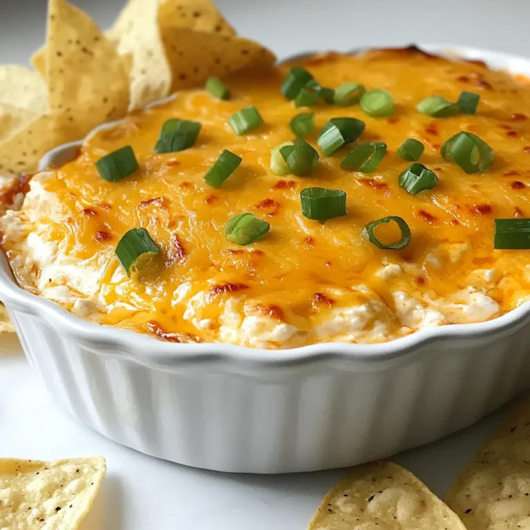To make Buffalo Ranch Chicken Dip, you need these key ingredients: - 2 cups shredded cooked chicken - 8 oz cream cheese, softened - 1 cup Greek yogurt - 1/2 cup buffalo sauce - 1/2 cup ranch dressing - 1 cup shredded cheddar cheese - 1/4 cup sliced green onions - Salt and pepper to taste - Tortilla chips or vegetable sticks for serving These ingredients create a creamy and zesty dip. The chicken adds protein, while the buffalo sauce gives it a spicy kick. Cream cheese and Greek yogurt keep the dip smooth. You can make this dip your own with some optional ingredients: - Diced celery for crunch - Crumbled blue cheese for extra flavor - Chopped cilantro for freshness - Jalapeños for more heat Feel free to mix and match these ingredients. They can add depth and excitement to your dip. Not every ingredient is a must. Here are some substitutions: - Use canned chicken if you're short on time. - Swap Greek yogurt with sour cream for a different taste. - Use low-fat cream cheese for a lighter option. - Try different cheeses, like pepper jack, for more spice. These swaps can help you tailor the dip to your taste and dietary needs. Always taste as you go to keep the flavors balanced. {{ingredient_image_1}} To start, gather your ingredients. You will need: - 2 cups shredded cooked chicken - 8 oz cream cheese, softened - 1 cup Greek yogurt - 1/2 cup buffalo sauce - 1/2 cup ranch dressing - 1 cup shredded cheddar cheese - 1/4 cup sliced green onions - Salt and pepper to taste - Tortilla chips or vegetable sticks for serving Now, preheat your oven to 350°F (175°C). In a large bowl, mix the softened cream cheese and Greek yogurt. You want it smooth and creamy. Next, stir in the buffalo sauce and ranch dressing. Make sure it’s well mixed. Then, add the shredded chicken and half of the cheddar cheese. Gently fold these in. Season with salt and pepper to your liking. Transfer the mix into a baking dish. Sprinkle the rest of the cheddar cheese on top. Now, it's time to bake! Place it in the oven for 20 to 25 minutes. Look for the dip to be bubbly and the cheese to turn golden brown. Once done, take it out and add the sliced green onions for some freshness. Allow it to cool slightly before serving. For the best texture, use softened cream cheese. This helps it blend smoothly with the yogurt. Avoid overmixing once you add the chicken and cheese. You want to keep some chunks for texture. If you prefer a creamier dip, add a little more Greek yogurt. If you like it thicker, reduce the yogurt a bit. You can prepare this dip a day in advance. Mix all the ingredients as directed, but skip baking. Cover the dish with plastic wrap and store it in the fridge. When you're ready to serve, just bake it as stated. It makes hosting easier! Buffalo Ranch Chicken Dip pairs well with crunchy tortilla chips. You can also serve it with fresh vegetable sticks like carrots or celery. For a twist, try pita bread or crackers. This dip shines at parties, game days, or potlucks. Don't forget napkins; it can get messy! To change the heat level, adjust the amount of buffalo sauce. For a milder dip, use less sauce or add more cream cheese. You can also mix in some extra ranch dressing for a creamier taste. If you love spice, add chopped jalapeños or a splash of hot sauce. Pro Tips Use Rotisserie Chicken: For a quicker option, use store-bought rotisserie chicken to save time and add flavor. Adjust the Heat: Modify the spiciness by using mild or hot buffalo sauce depending on your preference. Make Ahead: Prepare the dip a day in advance and store it in the fridge. Just bake it before serving! Serving Suggestions: Pair the dip with a variety of dippers like carrots, celery, or pita chips for an extra crunch. {{image_2}} Want a kick? Add more buffalo sauce! This dip can be as hot as you like. You can mix in diced jalapeños for extra heat. Try using spicy ranch dressing too. This way, you create a zesty dip that keeps people coming back for more. Looking for a lighter version? Swap regular cream cheese for low-fat cream cheese. You can also use all Greek yogurt instead. This keeps the dip creamy but cuts some calories. Your guests won’t even notice the change. It still tastes amazing, and you can enjoy it guilt-free! Want to skip the chicken? No problem! Use canned chickpeas instead of chicken. It adds protein and keeps it filling. For a vegan option, use vegan cream cheese and dairy-free ranch dressing. You can replace the cheddar cheese with a vegan cheese alternative too. This way, everyone can enjoy the dip! You can store leftover Buffalo Ranch Chicken Dip in an airtight container. Keep it in the fridge. It stays fresh for up to 3 days. Make sure to let it cool before sealing. This way, it won't make condensation. If you want to save it for later, freezing works well. First, let the dip cool completely. Then, place it in a freezer-safe container. Be sure to leave some space at the top. The dip expands when frozen. You can freeze it for up to 2 months. When you're ready to eat, thaw the dip in the fridge overnight. For reheating, you can use the oven or microwave. If using the oven, preheat it to 350°F (175°C). Place the dip in a baking dish and heat for about 20 minutes. If using the microwave, heat in short bursts. Stir in between to ensure even heating. Enjoy your dip warm and bubbly! Yes, you can use store-bought rotisserie chicken. It saves time and effort. Just shred the chicken and mix it into your dip. This method keeps the flavor rich and the prep quick. To add more spice, increase the buffalo sauce. You can also add diced jalapeños or a dash of hot sauce. Start with a little, then taste and adjust. You want the heat to enhance the flavor, not overpower it. Buffalo Ranch Chicken Dip goes well with tortilla chips and veggie sticks. Try celery, carrots, or bell peppers for a fresh crunch. It also pairs nicely with crackers, bread, or even on a burger for a twist! You now know how to make a great Buffalo Ranch Chicken Dip. We covered main and optional ingredients, plus how to customize your dish. You learned step-by-step how to prepare and bake it for the best texture. We also shared tips on serving suggestions and storage options. Whether you're making it spicy or choosing a healthier option, this dip is versatile. Enjoy sharing this tasty dish at your next gathering!