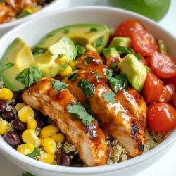 - 2 boneless, skinless chicken breasts - 2 tablespoons honey - 1 tablespoon chipotle chili powder - 1 teaspoon smoked paprika - 1 teaspoon garlic powder - 1 tablespoon olive oil - Salt and pepper to taste - 1 cup quinoa, rinsed - 2 cups chicken broth (or vegetable broth) - 1 black bean can, drained and rinsed - 1 cup corn (fresh or frozen) - 1 avocado, diced - 1 cup cherry tomatoes, halved - 1/4 cup fresh cilantro, chopped - Lime wedges, for serving Chicken is the star of this dish. It soaks up flavors from the marinade. Honey adds sweetness, while chipotle chili powder brings heat. Smoked paprika and garlic powder add depth. Together, they create a tasty blend. Quinoa serves as a great base. It is light and fluffy. Black beans add protein and fiber. Corn gives a sweet crunch. Avocado adds creaminess, while cherry tomatoes add freshness. Cilantro lifts the dish with its bright taste. Lime wedges add a zesty finish. - Alternative proteins: grilled shrimp, tofu, or beef - Additional toppings: jalapeños, cheese, or sour cream You can swap chicken for other proteins. Shrimp brings a seafood twist, while tofu is great for veggie lovers. You might want to add toppings like jalapeños for spice, cheese for creaminess, or sour cream for tang. - Use a kitchen scale for chicken and quinoa. - Measure liquids with a liquid measuring cup. - Rinse quinoa under cold water before cooking. - Prep ingredients ahead of time for smooth cooking. Accurate measuring helps get the best flavors. Rinsing quinoa removes bitterness. Prepping saves time and keeps things tidy. Cut veggies and herbs before you start cooking. This way, you can focus on the fun part: assembling your bowls! {{ingredient_image_1}} First, preheat your oven to 400°F (200°C). This step is key for even cooking. While the oven heats, let's create the marinade. In a small bowl, mix together: - 2 tablespoons honey - 1 tablespoon chipotle chili powder - 1 teaspoon smoked paprika - 1 teaspoon garlic powder - 1 tablespoon olive oil - Salt and pepper to taste This mix will give your chicken a sweet and spicy kick. Coat the chicken breasts evenly with this marinade. Make sure every side gets some love! Place the marinated chicken on a baking sheet. Now it’s time to bake the chicken. Slide the baking sheet into the preheated oven. Bake for about 25 to 30 minutes. You want the chicken to reach an internal temperature of 165°F (75°C). To check for doneness, use a meat thermometer. This ensures your chicken is safe to eat and juicy. While the chicken bakes, let’s prepare the quinoa. In a saucepan, bring 2 cups of chicken or vegetable broth to a boil. Add 1 cup of rinsed quinoa. Cover the pot and reduce the heat to low. Let it simmer for about 15 minutes until the quinoa is fluffy. Once the quinoa is ready, grab a large bowl and combine: - Cooked quinoa - 1 can of black beans, drained and rinsed - 1 cup of corn (fresh or frozen) - 1 diced avocado - 1 cup of halved cherry tomatoes Gently toss these ingredients to mix. When the chicken is done baking, let it rest for a few minutes. Then slice it into strips. To assemble the bowls, start with a generous scoop of the quinoa mixture. Top it with the sliced honey chipotle chicken. Finish with a sprinkle of chopped cilantro and serve with lime wedges for that extra zing. Enjoy your delicious, flavor-packed Honey Chipotle Chicken Bowls! Achieving the perfect bake To get the best chicken, bake at 400°F (200°C). This high temp helps caramelize the honey. Coat the chicken in the marinade well. This adds flavor and keeps it juicy. Use a meat thermometer to check doneness. Aim for 165°F (75°C) to be safe. Let it rest before cutting. This keeps the juices in. Flavor enhancements Want to boost the taste? Add lime juice to the marinade. This adds a zesty kick. For extra heat, toss in more chipotle. You can also experiment with smoked paprika. It adds a nice depth to the dish. Fresh herbs like cilantro or parsley brighten the flavors. Don't skip these! Pairing with sides Serve your bowls with fresh greens like arugula. It adds crunch and freshness. You might also try tortilla chips for a fun twist. They add a nice texture contrast. For a heartier meal, pair with black beans. They complement the flavors well and add protein. Presentation tips Make your bowls look great! Layer your ingredients neatly. Start with the quinoa, then add chicken on top. Scatter the diced avocado and tomatoes. Use a sprinkle of cilantro for color. Add lime wedges on the side for a pop of brightness. It makes every bowl look inviting. Storing leftovers Store any leftovers in airtight containers. They keep well in the fridge for up to three days. For longer storage, freeze portions. Just make sure they cool down before freezing. This helps maintain texture and flavor. Making ahead for the week You can prep the chicken and quinoa ahead of time. Cook them on a Sunday for easy meals all week. Store them separately to keep flavors fresh. Just assemble your bowls as needed. It saves time and keeps meals exciting! Pro Tips Marinate for More Flavor: Let the chicken marinate for at least 30 minutes, or even overnight, to enhance the flavor and tenderness. Perfectly Cooked Quinoa: Rinse quinoa thoroughly before cooking to remove bitterness, and ensure you follow the 2:1 liquid to quinoa ratio for perfectly fluffy results. Customize Your Bowl: Feel free to add or substitute other toppings like diced bell peppers, jalapeños, or your favorite cheese for extra flavor and texture. Serving Suggestions: Serve the bowls warm with lime wedges to squeeze over the top for a fresh, zesty finish. {{image_2}} For those seeking gluten-free options, swap quinoa with rice. Brown rice or cauliflower rice also works well. If you're avoiding meat, consider vegetarian adaptations. Use grilled portobello mushrooms or cooked lentils instead of chicken. Both options provide a hearty texture and absorb flavors well. To make your dish spicier, add diced jalapeños or a splash of hot sauce. You can also mix in a pinch of cayenne pepper for extra heat. If you want a different taste, try alternative sauces. A tangy barbecue sauce or a zesty citrus dressing can change the flavor profile while keeping it tasty. If you want to change the quinoa, consider using couscous or farro. Both add unique textures and flavors to the bowl. When it comes to vegetables, feel free to get creative. Bell peppers, zucchini, or even roasted sweet potatoes can add vibrant colors and nutrition. These swaps make the dish your own while keeping it delicious. To keep your honey chipotle chicken bowls fresh, store leftovers in airtight containers. This helps lock in flavor and moisture. You can keep them in the fridge for up to four days. If you want to save them longer, use the freezer. Just make sure to wrap them well in plastic wrap or foil before freezing. When it's time to eat your leftovers, proper reheating is key. You can use a microwave or an oven. If using a microwave, heat in short bursts. Stir every 30 seconds to warm evenly. If using an oven, preheat it to 350°F (175°C). Place the bowl in the oven for about 15-20 minutes. This helps keep the chicken juicy and the quinoa fluffy. Leftovers can last in the fridge for about four days. In the freezer, they can stay good for three months. Check for signs of spoilage before eating. If you see mold or if it smells off, it's best to throw it away. Can I use frozen chicken? Yes, you can use frozen chicken. Just make sure to thaw it first. Thaw the chicken in the fridge overnight. If you're in a hurry, you can use the microwave. Cook the chicken right after thawing for best results. How do I adjust the spice level? To adjust the spice level, change the amount of chipotle chili powder. For less heat, use less powder. To add more heat, increase it. You can also add fresh jalapeños or hot sauce to your bowl. What to do if chicken is dry? If the chicken is dry, it may have been overcooked. Always check the internal temperature. The chicken should reach 165°F (75°C). If it’s dry, try marinating it longer next time. You can also add a sauce or broth to keep it moist when serving. Issues with quinoa texture If your quinoa is too soggy, you may have added too much water. Follow the ratio of 1 cup of quinoa to 2 cups of broth. Make sure to rinse the quinoa well before cooking. If undercooked, let it simmer longer until fluffy. Calories and macros per serving Each serving of this honey chipotle chicken bowl has about 500 calories. It includes around 30g of protein, 15g of fat, and 60g of carbs. These values can change based on your ingredient choices. Health benefits of the ingredients This bowl is rich in lean protein from the chicken. Quinoa is a great source of fiber and plant protein. Avocado adds healthy fats, while black beans boost protein and fiber too. Fresh veggies like tomatoes and cilantro add vitamins and antioxidants. You learned how to make a delicious chicken and quinoa bowl from this guide. We covered ingredients, cooking steps, and creative variations. Using accurate measuring and prepping will save you time. Remember to store leftovers properly for later meals. Feel free to experiment with flavors and toppings that fit your taste. This dish is easy to customize and perfect for any diet. Enjoy your cooking adventure and the tasty results!