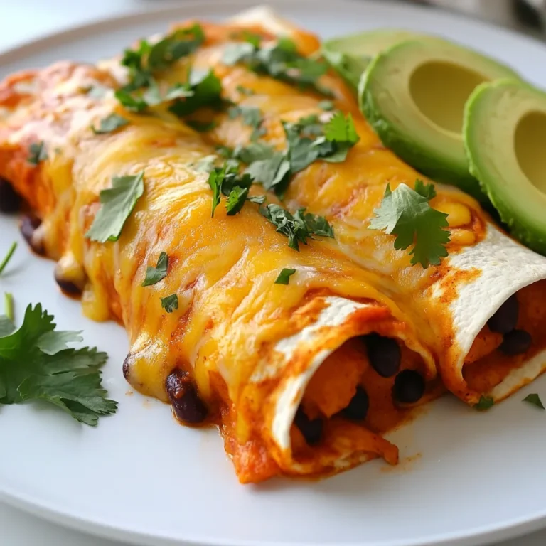 Here’s what you need for savory sweet potato black bean enchiladas: - 2 large sweet potatoes, peeled and diced - 1 can (15 oz) black beans, rinsed and drained - 1 cup corn kernels (fresh or frozen) - 1 red bell pepper, diced - 1 small onion, chopped - 2 cloves garlic, minced - 2 teaspoons ground cumin - 1 teaspoon chili powder - Salt and pepper to taste - 8 small corn tortillas - 2 cups enchilada sauce (store-bought or homemade) - 1 cup shredded cheese (cheddar, Monterey Jack, or a blend) - Fresh cilantro, chopped, for garnish - Avocado slices, for serving (optional) Each ingredient plays a role in making these enchiladas tasty and nutritious. Sweet potatoes add a creamy texture and natural sweetness. Black beans bring protein and fiber. Corn adds a nice crunch, while red bell peppers and onions give a fresh taste. Garlic and spices like cumin and chili powder boost the flavor. Corn tortillas hold everything together, and cheese melts into a delicious topping. Don’t forget the garnishes! Cilantro adds freshness, and avocado gives a creamy finish. This mix of flavors will create a dish that feels special yet is simple to make. {{ingredient_image_1}} Start by bringing a large pot of water to a boil. Peel and dice two large sweet potatoes. Once the water is boiling, add the sweet potatoes. Cook them for about 10 to 15 minutes. You want them tender but not mushy. Drain the sweet potatoes and let them cool for a bit. This step is key for a great filling. Next, grab a skillet and heat it over medium. Chop one small onion and one red bell pepper. Add them to the skillet and sauté for about 5 minutes. You want the veggies soft and fragrant. Then, add two minced garlic cloves, two teaspoons of ground cumin, and one teaspoon of chili powder. Season with salt and pepper. Cook for another minute. This mix adds great flavor to your enchiladas. In a large mixing bowl, combine the cooked sweet potatoes, one can of rinsed and drained black beans, and one cup of corn kernels. Then, add the sautéed onion and pepper mix. Use a fork or spoon to mix everything together well. This filling is where the magic happens. It’s colorful and packed with nutrients! Warm eight small corn tortillas in a dry skillet or microwave. This makes them easy to roll. Take one tortilla and add about 1/4 cup of the sweet potato and black bean filling. Roll it tightly and place it seam-side down in a greased baking dish. Repeat this with the rest of the tortillas and filling. You should have a nice row of enchiladas. Pour two cups of enchilada sauce over the rolled enchiladas. Make sure they are well covered. Then, sprinkle one cup of shredded cheese on top. Cover the dish with foil and bake it at 375°F (190°C) for 20 minutes. After that, remove the foil and bake for another 10 to 15 minutes. Look for bubbly, golden cheese. Let the enchiladas cool for a few minutes before serving. Enjoy the vibrant colors and flavors! To cook sweet potatoes well, start with fresh ones. Look for firm, unbruised sweet potatoes. Peel and dice them into small cubes. This helps them cook evenly. Boil them in salted water for about 10 to 15 minutes. They should be tender but not mushy. Drain them and let them cool a bit before mixing with other ingredients. This keeps the flavor concentrated. Warming tortillas makes them soft and easy to roll. You can use a dry skillet over medium heat. Heat each tortilla for about 30 seconds on each side. You can also microwave them. Place a damp paper towel over a stack of tortillas. Microwave for 30 seconds. This method keeps them soft and pliable, perfect for filling. When it comes to cheese, you have choices. Cheddar offers a sharp taste. Monterey Jack is creamy and mild. A blend of both gives great flavor. For a twist, try queso fresco or pepper jack for some heat. If you're vegan, use a plant-based cheese alternative. This way, you keep the dish tasty for everyone. To serve enchiladas, place two on each plate. Drizzle extra enchilada sauce over them for flavor. Top with fresh avocado slices and chopped cilantro. You can also add a side salad for freshness. A dollop of sour cream or a squeeze of lime juice can brighten the dish. Enjoy with friends for a fun meal! Pro Tips Perfectly Cooked Sweet Potatoes: Ensure your sweet potatoes are fork-tender after boiling but not mushy to maintain the right texture in your enchiladas. Customize Your Spice Level: Adjust the chili powder and cumin to your taste; you can add more for a spicier kick or reduce for milder flavor. Make Ahead: Prepare the filling and assemble the enchiladas a day ahead. Store in the fridge, then simply bake when ready to serve. Cheese Alternatives: For a healthier option, consider using low-fat cheese or nutritional yeast as a dairy-free alternative without sacrificing flavor. {{image_2}} You can easily make these enchiladas vegan. Simply skip the cheese or use a dairy-free cheese. You could also add a creamy avocado sauce on top. This gives a nice touch and keeps it rich. Use homemade or store-bought enchilada sauce that’s free from animal products. If you like heat, add diced jalapeños to the filling. You can also sprinkle red pepper flakes on top before baking. For a milder dish, reduce the chili powder. Always taste the filling before you assemble the enchiladas. This way, you can adjust the spice to your liking. Feel free to add more veggies! Spinach, zucchini, or mushrooms fit well in this recipe. If you want extra protein, you can add quinoa or tofu. Just remember to cook any raw vegetables before mixing them in. This keeps everything tender and flavorful. After enjoying your enchiladas, store leftovers in the fridge. Place them in an airtight container. They can last for up to 3 days. Before eating, check for any signs of spoilage. If they look or smell off, it's safer to toss them. To freeze enchiladas, wrap them tightly in plastic wrap. Then place them in a freezer-safe bag or container. They can stay fresh in the freezer for up to 3 months. When ready to enjoy, thaw them overnight in the fridge before reheating. Reheat enchiladas in the oven for the best results. Preheat to 350°F (175°C). Place the enchiladas in a baking dish and cover with foil. Heat for about 20-25 minutes or until hot. You can also microwave them for a quicker option. Heat on medium power in short bursts until warmed through. Yes, you can make these enchiladas ahead of time. Prepare them completely and cover them well. Store in the fridge overnight. You can also freeze them for longer storage. Just make sure to thaw before baking. This saves time on busy days. If you don’t have sweet potatoes, use regular potatoes or butternut squash. Both options have a nice texture and flavor. You can also try roasted carrots or even cooked quinoa for a twist. Each option brings its own taste to the dish. Making homemade enchilada sauce is easy. Start with 2 tablespoons of oil in a pan. Add 2 tablespoons of flour and stir for a minute. Mix in 2 tablespoons of chili powder, 1 teaspoon of garlic powder, and 1 teaspoon of cumin. Slowly add 2 cups of vegetable broth. Stir until it thickens. Season with salt and pepper to taste. Yes, they can be gluten-free! Use corn tortillas, which are naturally gluten-free. Check the enchilada sauce label as well. Some sauces contain gluten, so always read the ingredients. This way, you can enjoy these enchiladas without worry. To add more flavor to the filling, try adding lime juice or fresh herbs. A squeeze of lime brightens up the taste. You can also add chopped jalapeños for some heat. Experiment with different spices too, like smoked paprika or oregano, to find your favorite blend. You’ve learned how to make tasty sweet potato black bean enchiladas. We covered ingredients, step-by-step instructions, and tips for perfecting your dish. Remember to adjust spices and try different fillings to suit your taste. Make these enchiladas ahead or store leftovers for later. With a few simple steps, you can create a delicious meal that satisfies. Enjoy exploring this recipe and making it your own!