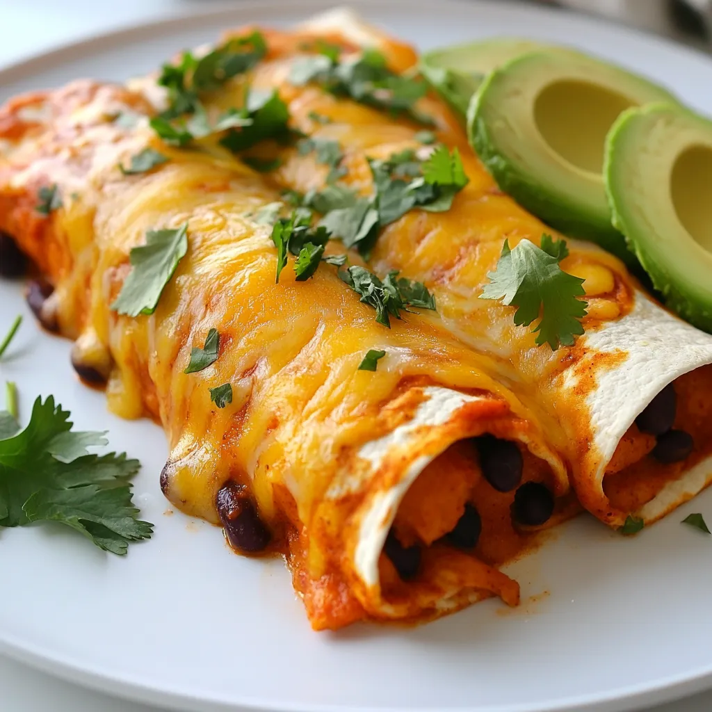 Here’s what you need for savory sweet potato black bean enchiladas: - 2 large sweet potatoes, peeled and diced - 1 can (15 oz) black beans, rinsed and drained - 1 cup corn kernels (fresh or frozen) - 1 red bell pepper, diced - 1 small onion, chopped - 2 cloves garlic, minced - 2 teaspoons ground cumin - 1 teaspoon chili powder - Salt and pepper to taste - 8 small corn tortillas - 2 cups enchilada sauce (store-bought or homemade) - 1 cup shredded cheese (cheddar, Monterey Jack, or a blend) - Fresh cilantro, chopped, for garnish - Avocado slices, for serving (optional) Each ingredient plays a role in making these enchiladas tasty and nutritious. Sweet potatoes add a creamy texture and natural sweetness. Black beans bring protein and fiber. Corn adds a nice crunch, while red bell peppers and onions give a fresh taste. Garlic and spices like cumin and chili powder boost the flavor. Corn tortillas hold everything together, and cheese melts into a delicious topping. Don’t forget the garnishes! Cilantro adds freshness, and avocado gives a creamy finish. This mix of flavors will create a dish that feels special yet is simple to make. {{ingredient_image_1}} Start by bringing a large pot of water to a boil. Peel and dice two large sweet potatoes. Once the water is boiling, add the sweet potatoes. Cook them for about 10 to 15 minutes. You want them tender but not mushy. Drain the sweet potatoes and let them cool for a bit. This step is key for a great filling. Next, grab a skillet and heat it over medium. Chop one small onion and one red bell pepper. Add them to the skillet and sauté for about 5 minutes. You want the veggies soft and fragrant. Then, add two minced garlic cloves, two teaspoons of ground cumin, and one teaspoon of chili powder. Season with salt and pepper. Cook for another minute. This mix adds great flavor to your enchiladas. In a large mixing bowl, combine the cooked sweet potatoes, one can of rinsed and drained black beans, and one cup of corn kernels. Then, add the sautéed onion and pepper mix. Use a fork or spoon to mix everything together well. This filling is where the magic happens. It’s colorful and packed with nutrients! Warm eight small corn tortillas in a dry skillet or microwave. This makes them easy to roll. Take one tortilla and add about 1/4 cup of the sweet potato and black bean filling. Roll it tightly and place it seam-side down in a greased baking dish. Repeat this with the rest of the tortillas and filling. You should have a nice row of enchiladas. Pour two cups of enchilada sauce over the rolled enchiladas. Make sure they are well covered. Then, sprinkle one cup of shredded cheese on top. Cover the dish with foil and bake it at 375°F (190°C) for 20 minutes. After that, remove the foil and bake for another 10 to 15 minutes. Look for bubbly, golden cheese. Let the enchiladas cool for a few minutes before serving. Enjoy the vibrant colors and flavors! To cook sweet potatoes well, start with fresh ones. Look for firm, unbruised sweet potatoes. Peel and dice them into small cubes. This helps them cook evenly. Boil them in salted water for about 10 to 15 minutes. They should be tender but not mushy. Drain them and let them cool a bit before mixing with other ingredients. This keeps the flavor concentrated. Warming tortillas makes them soft and easy to roll. You can use a dry skillet over medium heat. Heat each tortilla for about 30 seconds on each side. You can also microwave them. Place a damp paper towel over a stack of tortillas. Microwave for 30 seconds. This method keeps them soft and pliable, perfect for filling. When it comes to cheese, you have choices. Cheddar offers a sharp taste. Monterey Jack is creamy and mild. A blend of both gives great flavor. For a twist, try queso fresco or pepper jack for some heat. If you're vegan, use a plant-based cheese alternative. This way, you keep the dish tasty for everyone. To serve enchiladas, place two on each plate. Drizzle extra enchilada sauce over them for flavor. Top with fresh avocado slices and chopped cilantro. You can also add a side salad for freshness. A dollop of sour cream or a squeeze of lime juice can brighten the dish. Enjoy with friends for a fun meal! Pro Tips Perfectly Cooked Sweet Potatoes: Ensure your sweet potatoes are fork-tender after boiling but not mushy to maintain the right texture in your enchiladas. Customize Your Spice Level: Adjust the chili powder and cumin to your taste; you can add more for a spicier kick or reduce for milder flavor. Make Ahead: Prepare the filling and assemble the enchiladas a day ahead. Store in the fridge, then simply bake when ready to serve. Cheese Alternatives: For a healthier option, consider using low-fat cheese or nutritional yeast as a dairy-free alternative without sacrificing flavor. {{image_2}} You can easily make these enchiladas vegan. Simply skip the cheese or use a dairy-free cheese. You could also add a creamy avocado sauce on top. This gives a nice touch and keeps it rich. Use homemade or store-bought enchilada sauce that’s free from animal products. If you like heat, add diced jalapeños to the filling. You can also sprinkle red pepper flakes on top before baking. For a milder dish, reduce the chili powder. Always taste the filling before you assemble the enchiladas. This way, you can adjust the spice to your liking. Feel free to add more veggies! Spinach, zucchini, or mushrooms fit well in this recipe. If you want extra protein, you can add quinoa or tofu. Just remember to cook any raw vegetables before mixing them in. This keeps everything tender and flavorful. After enjoying your enchiladas, store leftovers in the fridge. Place them in an airtight container. They can last for up to 3 days. Before eating, check for any signs of spoilage. If they look or smell off, it's safer to toss them. To freeze enchiladas, wrap them tightly in plastic wrap. Then place them in a freezer-safe bag or container. They can stay fresh in the freezer for up to 3 months. When ready to enjoy, thaw them overnight in the fridge before reheating. Reheat enchiladas in the oven for the best results. Preheat to 350°F (175°C). Place the enchiladas in a baking dish and cover with foil. Heat for about 20-25 minutes or until hot. You can also microwave them for a quicker option. Heat on medium power in short bursts until warmed through. Yes, you can make these enchiladas ahead of time. Prepare them completely and cover them well. Store in the fridge overnight. You can also freeze them for longer storage. Just make sure to thaw before baking. This saves time on busy days. If you don’t have sweet potatoes, use regular potatoes or butternut squash. Both options have a nice texture and flavor. You can also try roasted carrots or even cooked quinoa for a twist. Each option brings its own taste to the dish. Making homemade enchilada sauce is easy. Start with 2 tablespoons of oil in a pan. Add 2 tablespoons of flour and stir for a minute. Mix in 2 tablespoons of chili powder, 1 teaspoon of garlic powder, and 1 teaspoon of cumin. Slowly add 2 cups of vegetable broth. Stir until it thickens. Season with salt and pepper to taste. Yes, they can be gluten-free! Use corn tortillas, which are naturally gluten-free. Check the enchilada sauce label as well. Some sauces contain gluten, so always read the ingredients. This way, you can enjoy these enchiladas without worry. To add more flavor to the filling, try adding lime juice or fresh herbs. A squeeze of lime brightens up the taste. You can also add chopped jalapeños for some heat. Experiment with different spices too, like smoked paprika or oregano, to find your favorite blend. You’ve learned how to make tasty sweet potato black bean enchiladas. We covered ingredients, step-by-step instructions, and tips for perfecting your dish. Remember to adjust spices and try different fillings to suit your taste. Make these enchiladas ahead or store leftovers for later. With a few simple steps, you can create a delicious meal that satisfies. Enjoy exploring this recipe and making it your own!