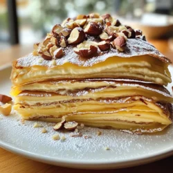 - 2 cups all-purpose flour - 4 large eggs - 3 cups milk - 1/2 cup unsweetened cocoa powder - 1/4 cup granulated sugar - 1/4 teaspoon salt - 1/4 cup melted butter - 1 cup heavy cream - 1 cup chocolate hazelnut spread (like Nutella) - 1/2 cup toasted hazelnuts, chopped (for garnish) - Powdered sugar, for dusting (optional) You can swap all-purpose flour with gluten-free flour for a gluten-free option. Use almond milk or oat milk instead of regular milk if you want a dairy-free version. If you don't have cocoa powder, try using carob powder for a unique flavor twist. In place of heavy cream, coconut cream works well for a dairy-free whipped topping. For the chocolate hazelnut spread, homemade versions can be made using blended hazelnuts and cocoa. Always check that your flour is fresh. Old flour can change the texture of your crepes. When choosing eggs, look for ones that are free-range or organic for better flavor. Use full-fat milk for creamier crepes. Store your ingredients in a cool, dry place to maintain freshness. After making the crepes, stack them with parchment paper in between to prevent sticking. This will keep them fresh until you're ready to assemble the cake. {{ingredient_image_1}} To start, gather your ingredients. In a large bowl, whisk together: - 2 cups all-purpose flour - 1/2 cup unsweetened cocoa powder - 1/4 cup granulated sugar - 1/4 teaspoon salt Next, add 4 large eggs. Gradually pour in 3 cups of milk while mixing. Stir until smooth. This step is key for a creamy batter. Finally, mix in 1/4 cup of melted butter. Let this batter rest for 30 minutes. Resting helps the crepes cook better. Heat a non-stick skillet over medium heat. If needed, lightly grease it with butter. Pour about 1/4 cup of the batter into the pan. Swirl the pan to spread the batter evenly. Cook for 1-2 minutes. You’ll see the edges lift when it’s ready. Flip the crepe and cook for another 30 seconds. Stack the cooked crepes on a plate, and keep repeating until all the batter is gone. In a large bowl, pour in 1 cup of heavy cream. Use a mixer to whip it until soft peaks form. This gives the cream a light texture. Then, gently fold in 1/2 cup of chocolate hazelnut spread. Mix until smooth and well combined. This cream will add a rich flavor to your cake. Start with a crepe on your serving plate. Spread a thin layer of the hazelnut cream mixture on top. This cream is made from whipped cream and chocolate hazelnut spread. Place another crepe on top and repeat the process. Keep stacking crepes and cream until you run out. Finish with a plain crepe on the top. This creates a beautiful layered effect. Once you have layered all the crepes, cover the cake with plastic wrap. This keeps the cake fresh and moist. Refrigerate it for at least 2 hours. If you can, chill it overnight. This lets the flavors blend perfectly. The longer it chills, the better it tastes! Just before serving, sprinkle the top with chopped hazelnuts. This adds a lovely crunch. You can also dust the cake with powdered sugar for a sweet touch. Slice the cake into wedges and serve it cold. Enjoy this rich, layered delight! Pro Tips Rest the Batter: Allowing the crepe batter to rest for at least 30 minutes helps improve the texture of the crepes, making them more tender and easier to handle. Use a Non-Stick Pan: A high-quality non-stick skillet is essential for cooking crepes evenly without sticking. This will give you perfectly formed crepes every time. Layer Wisely: When assembling the cake, spread the hazelnut cream mixture evenly to prevent bulging. This ensures a balanced texture and flavor in each slice. Chill Before Serving: Refrigerating the cake for a few hours allows the flavors to meld beautifully and makes it easier to slice when serving. {{image_2}} To get the best crepes, your batter must be smooth and thin. Start by whisking the flour, cocoa powder, sugar, and salt well. Then, mix in the eggs and milk slowly. This helps avoid lumps. Let the batter rest for 30 minutes. This step makes a big difference in texture. If you want even thinner crepes, add a little extra milk. A few common errors can ruin your crepe experience. First, don’t skip resting the batter. It needs time to develop the right texture. Second, make sure your skillet is hot but not too hot. If it is too hot, the crepes will burn. If it’s too cool, they won’t cook well. Lastly, avoid using too much batter. A 1/4 cup is just right for one crepe. To boost the flavor of your crepe cake, consider adding a pinch of cinnamon or vanilla to the batter. This adds warmth and depth. You can also mix in some finely chopped chocolate into the hazelnut cream for extra richness. Garnishing with fresh berries or a drizzle of caramel sauce can elevate your dessert, making it even more delightful. You can change up the filling for your crepe cake. Instead of chocolate hazelnut spread, try using: - Cream cheese frosting - Fruit preserves like raspberry or strawberry - Marshmallow fluff for a fun twist Top your cake with fresh fruit or chocolate shavings. These options add color and flavor. You might even sprinkle some sea salt for a salty-sweet combo! To make a gluten-free version, swap the all-purpose flour with a gluten-free blend. Ensure it has a good binding agent. For dairy-free, use almond milk or coconut milk instead of regular milk. You can use a dairy-free cream for the whipped layer too. There are many great options on the market today. Seasonal flavors can make your crepe cake extra special. For instance: - In fall, add some pumpkin spice to the crepe batter. - In winter, use peppermint extract in the whipped cream. - In summer, fresh berries mixed into the hazelnut spread create a refreshing taste. These touches will make your cake feel festive and vibrant. Feel free to experiment and have fun with flavors! Store leftover crepe cake in the fridge. Use an airtight container to keep it fresh. It will last up to three days. If you want to enjoy it later, consider wrapping slices tightly in plastic wrap before placing them in the container. Yes, you can easily make the crepes ahead of time. Cook and cool them, then stack them between sheets of parchment paper. Place the stack in the fridge for up to two days. This saves time when you are ready to assemble your cake. You can use the crepe layering method for other desserts. Try using whipped cream and berries for a fruit-filled crepe cake. You can also make a savory version with cheese and spinach. The possibilities are endless with this fun technique. To make your own chocolate hazelnut spread, blend roasted hazelnuts in a food processor until smooth. Add cocoa powder, a bit of sugar, and a pinch of salt. For creaminess, mix in some vegetable oil. Blend until it reaches your desired consistency. Yes, you can freeze the crepe cake. Wrap it tightly in plastic wrap and then in foil. Freeze it for up to a month. To serve, thaw in the fridge overnight. Enjoy the layers of flavor, just like when fresh. By exploring the ingredients, step-by-step instructions, and tips, you learned to make a delicious Chocolate Hazelnut Crepe Cake. Keep in mind the key tips for freshness and avoid common mistakes. You can personalize your cake with different fillings or dietary options. With practice, you’ll master this dessert and impress friends and family. Enjoy the process and have fun creating!