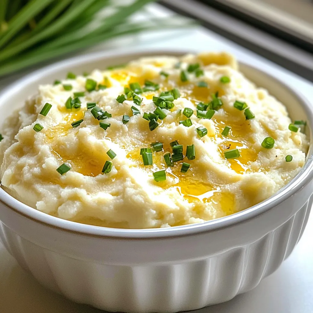 To make this creamy delight, you will need the following main items: - 1 large head of cauliflower, cut into florets - 1 bulb of garlic - 3 tablespoons unsalted butter - 1/2 cup cream cheese, softened - 1/4 cup milk (or plant-based milk) - Salt and pepper to taste - 1 tablespoon olive oil These simple ingredients bring out amazing flavors. The garlic adds a sweet taste, while the cream cheese gives it a rich texture. You can add some extra touches to make your dish shine: - Fresh chives, chopped (for garnish) - A sprinkle of paprika for color - Grated parmesan cheese for a salty bite These optional garnishes can enhance the look and taste of your mashed cauliflower. They let you customize the dish to your liking. To prepare this dish smoothly, gather these helpful kitchen tools: - A baking sheet for roasting garlic - A large pot for boiling cauliflower - A potato masher or immersion blender for blending - Aluminum foil to wrap the garlic Having these tools ready will make your cooking easier. Each tool plays a role in creating that perfect creamy texture. {{ingredient_image_1}} Start by removing the outer layers of the garlic bulb. Keep the cloves together. Next, cut off the top of the bulb, about 1/4 inch. This lets the heat reach the cloves. Drizzle some olive oil over the top. Wrap the bulb in aluminum foil to keep the moisture in. Place the wrapped garlic on a baking sheet. Roast it in the oven at 400°F (200°C) for about 30-35 minutes. The cloves will become soft and sweet. While the garlic roasts, bring a large pot of salted water to a boil. Cut the cauliflower into florets. Add the florets to the boiling water. Cook them until they are tender, which takes about 10-12 minutes. You want them soft but not mushy. Once cooked, drain the cauliflower and return it to the pot. This keeps the flavors together and makes blending easier. When the garlic is cool enough to touch, squeeze the roasted cloves out of their skins. Add these sweet, soft cloves to the pot with the cauliflower. Now, add the butter, cream cheese, and milk. The butter adds flavor, while the cream cheese gives it that creamy texture. Use a potato masher or an immersion blender to mix everything together. Blend until it's smooth and creamy. If it feels too thick, add more milk a tablespoon at a time. Finally, season with salt and pepper to taste. Transfer the creamy mashed cauliflower to a bowl and garnish with chopped chives for a fresh touch. Enjoy your dish! To get creamy mashed cauliflower, you need to cook it well. Boil the cauliflower florets until they are very soft, about 10-12 minutes. After cooking, drain the water completely. If you leave extra water, your mash will be watery. Blend the cauliflower with roasted garlic, butter, and cream cheese for that smooth feel. Use a potato masher if you prefer some texture. If it’s too thick, add milk a little at a time until it feels just right. Season your mash with salt and pepper for basic flavor. You can add herbs like fresh chives for a fresh taste. For an extra kick, try adding garlic powder or a pinch of nutmeg. If you want a richer flavor, mix in grated Parmesan cheese or sour cream. These will elevate your dish and make it even tastier. One mistake is not roasting the garlic enough. It should be soft and caramelized for the best flavor. Another mistake is overcooking the cauliflower, which can make it mushy. Make sure to drain it well after boiling. Also, don’t rush the blending process. Take your time to ensure a smooth texture. Lastly, taste your dish before serving. Adjust the seasoning if needed. Pro Tips Choose Fresh Cauliflower: Select a cauliflower head that is firm and free of brown spots for the best flavor and texture. Roasting Garlic: Roast the garlic until golden brown for a sweeter, more mellow flavor that enhances the dish. Adjust Consistency: If the mashed cauliflower is too thick, gradually add more milk until you reach your desired creaminess. Garnish for Flavor: Fresh chives not only add color but also a mild onion flavor that complements the creamy cauliflower. {{image_2}} You can change the flavor of mashed cauliflower by adding herbs and spices. Try fresh thyme or rosemary for a savory touch. If you like heat, sprinkle in some red pepper flakes. For a hint of zest, add lemon zest. These simple changes can make your dish exciting and new. Want a dairy-free option? Swap cream cheese with cashew cream or silken tofu. Use almond milk or oat milk instead of regular milk. These choices keep the dish creamy and delicious while being plant-based. You won't lose any flavor with these swaps. Think outside the bowl! Serve your mashed cauliflower in a hollowed-out pepper or as a base for grilled chicken. You can also top it with sautéed mushrooms or spinach for extra color and taste. Another idea is to pair it with a rich gravy or sauce. Each of these serves as a fun twist to your meal. To store leftover mashed cauliflower, let it cool first. Place it in an airtight container. This helps keep it fresh. You can store it in the fridge for up to three days. If you want to keep it longer, consider freezing it. When you reheat the mashed cauliflower, do it slowly. You can use a microwave or a stove. If using a microwave, heat it in short bursts. Stir it every minute. This keeps it creamy. If you use the stove, add a splash of milk while heating. This prevents it from drying out. To freeze mashed cauliflower, pack it in a freezer-safe container. Leave some space at the top for expansion. Label the container with the date. It can stay in the freezer for up to three months. To thaw, move it to the fridge overnight. Reheat it gently, adding milk if needed. Enjoy the creamy goodness later! The best way to roast garlic is simple. First, peel off the outer layers of the garlic bulb. Keep the cloves together. Cut off the top of the bulb, about a quarter of an inch, to show the cloves. Drizzle olive oil on top and wrap the bulb in aluminum foil. Place it on a baking sheet and roast at 400°F for about 30-35 minutes. The garlic will turn soft and sweet when done. This method gives a rich flavor to your dish. Yes, you can use frozen cauliflower! It saves time and often works well. Just boil it in salted water until it's tender, like fresh cauliflower. Drain it well before mixing. Since frozen cauliflower has more water, you might want to adjust the milk to get the right creaminess. This swap makes the recipe easier without losing taste. To make this dish vegan-friendly, swap the butter and cream cheese for plant-based options. Use vegan butter and a vegan cream cheese alternative. You can also use almond or oat milk instead of regular milk. These simple changes keep the dish creamy and delicious while fitting vegan diets. Enjoy your tasty, guilt-free mashed cauliflower! Creamy roasted garlic mashed cauliflower is simple and delicious. We covered the key ingredients, steps, and helpful tips. You can enhance the flavor with herbs or spices. Remember to avoid common mistakes for the best texture. Store any leftovers properly to keep them fresh. With these ideas in mind, you can make this dish your own. Enjoy experimenting in the kitchen and share your creations!