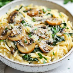 - 1 cup orzo pasta - 2 tablespoons olive oil - 1 medium onion, finely chopped - 3 cloves garlic, minced - 8 ounces mushrooms, sliced (button or cremini) - 2 cups fresh spinach, roughly chopped - 1 cup vegetable broth - 1 cup heavy cream - 1/2 cup grated Parmesan cheese - Salt and pepper to taste - 1 teaspoon dried thyme - Fresh parsley, chopped (for garnish) When making creamy mushroom spinach orzo, the right ingredients matter. Start with orzo. This pasta cooks quickly and gives a nice texture. Use fresh mushrooms for rich flavor. Button or cremini are both great. They add depth to the dish. Onions and garlic form the base. They bring aroma and sweetness. Olive oil is perfect for sautéing, adding healthy fats. Fresh spinach adds color and nutrients. You want it roughly chopped for easy mixing. Next, vegetable broth and heavy cream create the creamy sauce. The broth adds flavor, while the cream makes it rich. Parmesan cheese ties everything together with its salty taste. Don’t forget salt and pepper for seasoning. Dried thyme brings a nice herbal note. Finally, fresh parsley adds brightness and looks great on top. - Additional herbs (e.g., basil or oregano) - Lemon zest for brightness - Crushed red pepper for heat Want to kick up the flavor? Add fresh herbs like basil or oregano. They give the dish a fresh twist. Lemon zest can brighten it up too. Just a little zest adds a nice zing. If you like heat, sprinkle in crushed red pepper. It gives a warm kick that’s super tasty. {{ingredient_image_1}} To cook the orzo pasta, start by bringing salted water to a boil in a large pot. Add 1 cup of orzo and cook it according to the package instructions. You want it to be al dente, which means it should be firm yet tender. This usually takes about 8-10 minutes. When it's done, drain it and set it aside. For the perfect al dente texture, check the pasta a minute or two before the suggested time. This way, you can catch it just right. Remember, it will continue cooking when you add it to the sauce later. In the same pot, heat 2 tablespoons of olive oil over medium heat. Add 1 finely chopped medium onion and sauté it until it turns translucent, which takes about 3-4 minutes. Next, stir in 3 minced garlic cloves and cook for 1 more minute until you smell the garlic’s nice aroma. Now, add 8 ounces of sliced mushrooms to the pot. Cook them until they release their moisture and turn golden brown. This should take about 5-7 minutes. For best results, don’t overcrowd the pan. If needed, cook the mushrooms in batches. Once the mushrooms are ready, toss in 2 cups of roughly chopped fresh spinach. Cook until the spinach wilts, which takes another 2-3 minutes. This adds flavor and color to your dish. Now it's time to bring everything together. Pour in 1 cup of vegetable broth and 1 cup of heavy cream. Stir well and let it simmer gently. This creates a rich and creamy sauce. After a few minutes, add the cooked orzo back into the pot along with 1/2 cup of grated Parmesan cheese, 1 teaspoon of dried thyme, and salt and pepper to taste. Mix everything until well combined. Let it cook for another 2-3 minutes until everything is hot and creamy. Taste your dish and adjust the seasoning if necessary. For an extra touch, serve it warm, garnished with fresh parsley on top. Enjoy your creamy mushroom spinach orzo! To get that perfect creamy texture without curdling, keep the heat low when adding cream. High heat can cause the cream to separate. Stir gently and let it warm through. This keeps your sauce smooth and rich. If you prefer a lighter touch, consider using coconut cream or cashew cream. Both options add creaminess without dairy. Just substitute them for the heavy cream in equal amounts. The right spices can make your dish shine. I love using thyme, as it pairs well with mushrooms. You can also add a pinch of garlic powder for extra flavor. Fresh herbs like parsley and basil can brighten the dish. Balancing the saltiness is key. The Parmesan cheese will add salt, so taste before adding more salt. A squeeze of lemon juice can also help balance flavors. For a lovely presentation, serve the creamy mushroom spinach orzo in shallow bowls. This allows the vibrant colors to stand out. Top with extra Parmesan cheese and a sprinkle of parsley for a pop of green. You can also add a drizzle of olive oil right before serving. This adds shine and flavor. If hosting, consider serving it family-style in a large bowl, letting guests help themselves. Pro Tips Use Fresh Mushrooms: Fresh mushrooms add a depth of flavor and a wonderful texture to the dish. Avoid canned mushrooms for the best results. Adjust Creaminess: If you prefer a lighter version, you can substitute half of the heavy cream with more vegetable broth or a splash of white wine. Customize Greens: Feel free to mix in other leafy greens like kale or Swiss chard for added nutrition and flavor. Leftover Storage: Store any leftovers in an airtight container in the fridge for up to 3 days. Reheat gently on the stovetop with a splash of broth to restore creaminess. {{image_2}} For a gluten-free option, use rice or corn orzo. These substitutes work well in this creamy dish. If you want a vegan version, try using plant-based cream. Look for vegan cheese that melts well. These swaps keep the flavors rich and satisfying. You can add other veggies to the mix. Bell peppers or zucchini can brighten the dish. Both vegetables add texture and flavor. For protein, consider chicken, shrimp, or tofu. Each option brings its own taste and nutrition. Simply cook the protein before adding it to the pot. Want to elevate the taste? Add a splash of white wine while cooking. It adds depth and a hint of acidity. You can also experiment with different cheeses. Try goat cheese or feta for a tangy twist. Each cheese gives a unique flavor to the creamy orzo. To keep your creamy mushroom spinach orzo fresh, follow these tips: - Refrigerating: Place leftovers in an airtight container. This helps keep the flavors intact. Store in the fridge for up to three days. - Freezing: If you need to store it longer, freeze in a freezer-safe container. Be sure to leave some space at the top for expansion. It can last up to three months in the freezer. For best results, use glass or BPA-free plastic containers. These materials keep the dish fresh and tasty. You can easily reheat your creamy mushroom spinach orzo using these methods: - Stovetop: Place the orzo in a pan over low heat. Add a splash of vegetable broth or cream. Stir often until warmed through. This keeps the dish creamy. - Microwave: Transfer the orzo to a microwave-safe bowl. Add a little cream or broth. Heat in 30-second intervals, stirring in between, until hot. To maintain creaminess, avoid high heat. Stirring often helps blend the flavors back together. Enjoy your delicious leftovers! Making this dish is quick and easy. It takes about 10 minutes to prep. Cooking time is around 20 minutes. So, you can have it ready in just 30 minutes. This makes it perfect for busy weeknights or a quick lunch. Yes, you can make this dish ahead of time. Store it in an airtight container in the fridge. It will stay fresh for about 3 days. When you’re ready to eat, just reheat it on the stovetop or in the microwave. Add a splash of cream to keep it creamy. This dish has some healthy aspects. It includes spinach, which is rich in vitamins. Mushrooms provide fiber and minerals. The orzo adds carbs for energy. However, it also has heavy cream and cheese, which are high in fat. You can make it healthier by using low-fat cream or adding more veggies. In this post, we explored how to make Creamy Mushroom Spinach Orzo. We covered the key ingredients, like orzo pasta, mushrooms, and fresh spinach. I shared step-by-step instructions for perfecting the dish and tips for storage. As you prepare this meal, don’t hesitate to adjust flavors and ingredients to suit your taste. Make it your own! Enjoy cooking and sharing this tasty dish with family and friends.