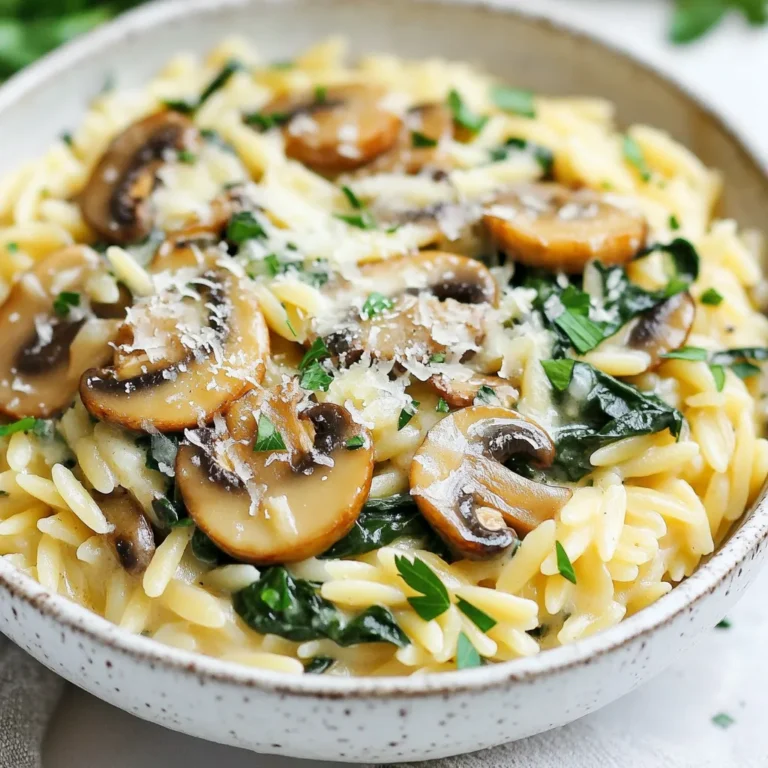 - 1 cup orzo pasta - 2 tablespoons olive oil - 1 medium onion, finely chopped - 3 cloves garlic, minced - 8 ounces mushrooms, sliced (button or cremini) - 2 cups fresh spinach, roughly chopped - 1 cup vegetable broth - 1 cup heavy cream - 1/2 cup grated Parmesan cheese - Salt and pepper to taste - 1 teaspoon dried thyme - Fresh parsley, chopped (for garnish) When making creamy mushroom spinach orzo, the right ingredients matter. Start with orzo. This pasta cooks quickly and gives a nice texture. Use fresh mushrooms for rich flavor. Button or cremini are both great. They add depth to the dish. Onions and garlic form the base. They bring aroma and sweetness. Olive oil is perfect for sautéing, adding healthy fats. Fresh spinach adds color and nutrients. You want it roughly chopped for easy mixing. Next, vegetable broth and heavy cream create the creamy sauce. The broth adds flavor, while the cream makes it rich. Parmesan cheese ties everything together with its salty taste. Don’t forget salt and pepper for seasoning. Dried thyme brings a nice herbal note. Finally, fresh parsley adds brightness and looks great on top. - Additional herbs (e.g., basil or oregano) - Lemon zest for brightness - Crushed red pepper for heat Want to kick up the flavor? Add fresh herbs like basil or oregano. They give the dish a fresh twist. Lemon zest can brighten it up too. Just a little zest adds a nice zing. If you like heat, sprinkle in crushed red pepper. It gives a warm kick that’s super tasty. {{ingredient_image_1}} To cook the orzo pasta, start by bringing salted water to a boil in a large pot. Add 1 cup of orzo and cook it according to the package instructions. You want it to be al dente, which means it should be firm yet tender. This usually takes about 8-10 minutes. When it's done, drain it and set it aside. For the perfect al dente texture, check the pasta a minute or two before the suggested time. This way, you can catch it just right. Remember, it will continue cooking when you add it to the sauce later. In the same pot, heat 2 tablespoons of olive oil over medium heat. Add 1 finely chopped medium onion and sauté it until it turns translucent, which takes about 3-4 minutes. Next, stir in 3 minced garlic cloves and cook for 1 more minute until you smell the garlic’s nice aroma. Now, add 8 ounces of sliced mushrooms to the pot. Cook them until they release their moisture and turn golden brown. This should take about 5-7 minutes. For best results, don’t overcrowd the pan. If needed, cook the mushrooms in batches. Once the mushrooms are ready, toss in 2 cups of roughly chopped fresh spinach. Cook until the spinach wilts, which takes another 2-3 minutes. This adds flavor and color to your dish. Now it's time to bring everything together. Pour in 1 cup of vegetable broth and 1 cup of heavy cream. Stir well and let it simmer gently. This creates a rich and creamy sauce. After a few minutes, add the cooked orzo back into the pot along with 1/2 cup of grated Parmesan cheese, 1 teaspoon of dried thyme, and salt and pepper to taste. Mix everything until well combined. Let it cook for another 2-3 minutes until everything is hot and creamy. Taste your dish and adjust the seasoning if necessary. For an extra touch, serve it warm, garnished with fresh parsley on top. Enjoy your creamy mushroom spinach orzo! To get that perfect creamy texture without curdling, keep the heat low when adding cream. High heat can cause the cream to separate. Stir gently and let it warm through. This keeps your sauce smooth and rich. If you prefer a lighter touch, consider using coconut cream or cashew cream. Both options add creaminess without dairy. Just substitute them for the heavy cream in equal amounts. The right spices can make your dish shine. I love using thyme, as it pairs well with mushrooms. You can also add a pinch of garlic powder for extra flavor. Fresh herbs like parsley and basil can brighten the dish. Balancing the saltiness is key. The Parmesan cheese will add salt, so taste before adding more salt. A squeeze of lemon juice can also help balance flavors. For a lovely presentation, serve the creamy mushroom spinach orzo in shallow bowls. This allows the vibrant colors to stand out. Top with extra Parmesan cheese and a sprinkle of parsley for a pop of green. You can also add a drizzle of olive oil right before serving. This adds shine and flavor. If hosting, consider serving it family-style in a large bowl, letting guests help themselves. Pro Tips Use Fresh Mushrooms: Fresh mushrooms add a depth of flavor and a wonderful texture to the dish. Avoid canned mushrooms for the best results. Adjust Creaminess: If you prefer a lighter version, you can substitute half of the heavy cream with more vegetable broth or a splash of white wine. Customize Greens: Feel free to mix in other leafy greens like kale or Swiss chard for added nutrition and flavor. Leftover Storage: Store any leftovers in an airtight container in the fridge for up to 3 days. Reheat gently on the stovetop with a splash of broth to restore creaminess. {{image_2}} For a gluten-free option, use rice or corn orzo. These substitutes work well in this creamy dish. If you want a vegan version, try using plant-based cream. Look for vegan cheese that melts well. These swaps keep the flavors rich and satisfying. You can add other veggies to the mix. Bell peppers or zucchini can brighten the dish. Both vegetables add texture and flavor. For protein, consider chicken, shrimp, or tofu. Each option brings its own taste and nutrition. Simply cook the protein before adding it to the pot. Want to elevate the taste? Add a splash of white wine while cooking. It adds depth and a hint of acidity. You can also experiment with different cheeses. Try goat cheese or feta for a tangy twist. Each cheese gives a unique flavor to the creamy orzo. To keep your creamy mushroom spinach orzo fresh, follow these tips: - Refrigerating: Place leftovers in an airtight container. This helps keep the flavors intact. Store in the fridge for up to three days. - Freezing: If you need to store it longer, freeze in a freezer-safe container. Be sure to leave some space at the top for expansion. It can last up to three months in the freezer. For best results, use glass or BPA-free plastic containers. These materials keep the dish fresh and tasty. You can easily reheat your creamy mushroom spinach orzo using these methods: - Stovetop: Place the orzo in a pan over low heat. Add a splash of vegetable broth or cream. Stir often until warmed through. This keeps the dish creamy. - Microwave: Transfer the orzo to a microwave-safe bowl. Add a little cream or broth. Heat in 30-second intervals, stirring in between, until hot. To maintain creaminess, avoid high heat. Stirring often helps blend the flavors back together. Enjoy your delicious leftovers! Making this dish is quick and easy. It takes about 10 minutes to prep. Cooking time is around 20 minutes. So, you can have it ready in just 30 minutes. This makes it perfect for busy weeknights or a quick lunch. Yes, you can make this dish ahead of time. Store it in an airtight container in the fridge. It will stay fresh for about 3 days. When you’re ready to eat, just reheat it on the stovetop or in the microwave. Add a splash of cream to keep it creamy. This dish has some healthy aspects. It includes spinach, which is rich in vitamins. Mushrooms provide fiber and minerals. The orzo adds carbs for energy. However, it also has heavy cream and cheese, which are high in fat. You can make it healthier by using low-fat cream or adding more veggies. In this post, we explored how to make Creamy Mushroom Spinach Orzo. We covered the key ingredients, like orzo pasta, mushrooms, and fresh spinach. I shared step-by-step instructions for perfecting the dish and tips for storage. As you prepare this meal, don’t hesitate to adjust flavors and ingredients to suit your taste. Make it your own! Enjoy cooking and sharing this tasty dish with family and friends.