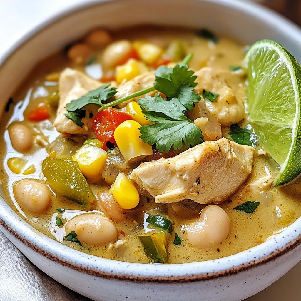 - 1 lb boneless, skinless chicken breasts, diced - 1 tablespoon olive oil - 1 medium onion, finely chopped - 4 cloves garlic, minced - 1 green bell pepper, diced - 2 cans white beans (cannellini or navy), drained and rinsed - 2 cups chicken broth - 1 cup heavy cream (or coconut cream for a lighter option) - 1 teaspoon ground cumin - 1 teaspoon smoked paprika - 1 teaspoon chili powder - Salt and pepper to taste - 1 cup corn (fresh, frozen, or canned) - Fresh cilantro for garnish - Lime wedges for serving - For chicken, you can use turkey or even shredded rotisserie chicken. - If you want a creamy base but prefer dairy-free, coconut cream works well. - You will need olive oil, chicken broth, and spices like cumin and paprika. - Optional items include shredded cheese or avocado to boost flavor. {{ingredient_image_1}} To start, gather your ingredients. You need: - 1 lb boneless, skinless chicken breasts, diced - 1 tablespoon olive oil - 1 medium onion, finely chopped - 4 cloves garlic, minced - 1 green bell pepper, diced - 2 cans white beans, drained and rinsed - 2 cups chicken broth - 1 cup heavy cream - 1 teaspoon ground cumin - 1 teaspoon smoked paprika - 1 teaspoon chili powder - Salt and pepper to taste - 1 cup corn - Fresh cilantro for garnish - Lime wedges for serving Heat the olive oil in a large pot over medium heat. Add the diced chicken and season it with salt and pepper. Sauté the chicken until it turns brown on all sides. This should take about 5 to 7 minutes. Once browned, remove the chicken and set it aside. Next, in the same pot, toss in the chopped onion, minced garlic, and diced green bell pepper. Sauté these for about 5 minutes until the veggies soften and smell great. Now, stir in the ground cumin, smoked paprika, and chili powder. Cook this mixture for 1 minute to let the spices release their flavor. Then, add the browned chicken back into the pot along with the white beans, chicken broth, and corn. Bring everything to a boil. Once boiling, lower the heat and let it simmer for 15 minutes. Stir it occasionally to keep it from sticking. After 15 minutes, pour in the heavy cream and mix well. Allow the chili to simmer for another 5 minutes to thicken slightly. Taste it and adjust the seasoning with more salt or pepper if needed. For a nice presentation, serve the chili in rustic bowls. Add a sprinkle of fresh cilantro on top and place a lime wedge on the side. The lime adds a bright pop of flavor when squeezed over the chili. You can also offer tortilla chips on the side for extra crunch. Enjoy your creamy garlic white chicken chili! To get the best texture in your chili, focus on simmering time. After adding the chicken back in, let it simmer for 15 minutes. This allows the flavors to meld. If you want a thicker chili, simmer for an extra 5 minutes. Stir often to avoid sticking. Seasonings can elevate this dish. I recommend adding more cumin or smoked paprika for depth. If you love spice, try adding a pinch of cayenne pepper. For garnishes, fresh cilantro brightens the dish. Lime wedges add a zesty kick when squeezed on top. Avoid overcooking the chicken. It should be tender, not dry. Keep an eye on the chicken as it cooks. Also, be mindful of spice balance. If you add too much, it can overpower the other flavors. Taste as you go to find the right mix. Pro Tips Use High-Quality Chicken: Opt for organic or free-range chicken breasts for a more flavorful and tender result. Customize Spice Levels: Adjust the amount of chili powder according to your heat preference, or add fresh jalapeños for an extra kick. Thicken with Cornstarch: If you prefer a thicker chili, mix 1 tablespoon of cornstarch with a little water and stir it into the pot during the last few minutes of cooking. Garnish Creatively: Enhance presentation and flavor by adding avocado slices, shredded cheese, or a dollop of sour cream on top before serving. {{image_2}} You can switch up the chicken in this creamy garlic white chicken chili. Ground turkey works well. It has a similar taste but is leaner. You can also use beans as a great option. White beans add creaminess and protein. They make the chili filling and tasty. For a vegetarian version, simply leave out the chicken. You can add more beans or some diced tofu. This way, you keep the chili hearty and satisfying. Try different beans like black beans or chickpeas. They will give the dish a unique twist. Want to spice things up? Add some diced chilies for heat. You can use jalapeños or green chilies. This will give your chili a nice kick. Adjust the amount based on how spicy you like your food. Incorporating local ingredients can also add flavor. If you're in the Southwest, try adding corn or fresh tomatoes. These ingredients will enhance the dish and give it a fresh taste. You can also add fresh herbs like cilantro or parsley for extra flavor. Looking for low-calorie options? You can use coconut cream instead of heavy cream. This option keeps the dish creamy but lighter. You can also reduce the amount of oil used when cooking. For gluten-free options, this chili is already a good choice. Just make sure your chicken broth is gluten-free. This way, everyone can enjoy it without worry. You can also serve it with gluten-free tortilla chips for crunch. After you enjoy your creamy garlic white chicken chili, store any leftovers right away. Place the chili in an airtight container. This helps keep it fresh. You can keep it in the fridge for up to four days. If you want to store it longer, freeze it. Use a freezer-safe container or bag. Make sure to remove as much air as possible. The chili can last in the freezer for up to three months. When you reheat the chili, do it slowly. Use a pot on low heat, stirring often. This helps keep the creaminess. If you use the microwave, heat in short bursts. Stir in between to mix the heat evenly. Avoid bringing it to a full boil. This can cause the cream to separate. In the fridge, your creamy garlic white chicken chili lasts about four days. After that, it may spoil. Look for signs like a sour smell or changes in color. If it smells off or looks strange, toss it out. Trust your senses to keep safe and enjoy your food! Yes, you can make this chili in a slow cooker. Start by browning the chicken in a pan. Then, add it to the slow cooker with the other ingredients. Set it on low for 6 to 8 hours or high for 3 to 4 hours. This method allows flavors to develop slowly and gives a smooth texture. The chili has a mild heat level. It uses chili powder, which adds flavor without too much spice. If you want it spicier, add more chili powder or diced jalapeños. You can also serve hot sauce on the side for those who like extra heat. Absolutely! Adding vegetables boosts nutrition and flavor. Good choices include diced carrots, zucchini, or spinach. Chop them small for even cooking. You can add them when you sauté the onion and garlic for best results. This blog post covers key ingredients for chili, including chicken, veggies, and spices. I shared helpful alternatives and essential pantry items to enhance your dish. The step-by-step instructions guide you through preparation, cooking, and serving tips. I also provided useful tricks for perfect texture and flavor. Lastly, I explained storage and reheating for leftovers, plus answered common questions. Now, you’re ready to make a chili that's tasty and your own. Enjoy your cooking journey!