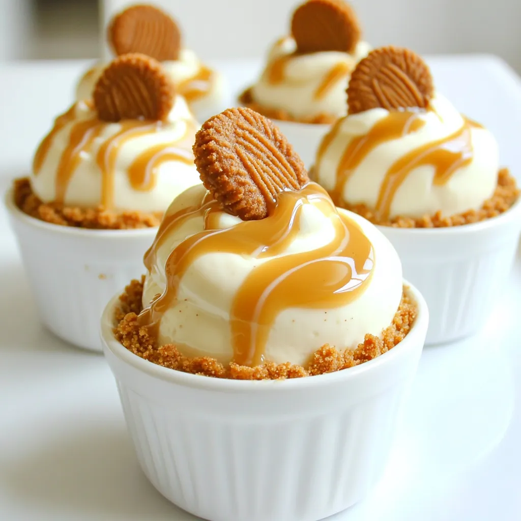 To make No Bake Biscoff Cheesecake Cups, you'll need the following items: - 250g Biscoff cookies, crushed - 100g unsalted butter, melted - 500g cream cheese, room temperature - 300ml heavy cream - 100g powdered sugar - 1 teaspoon vanilla extract - 150g Biscoff spread - A pinch of salt - Extra Biscoff cookies for garnish If you can't find an ingredient, here are some substitutes: - Use any crunchy cookie in place of Biscoff cookies. Graham crackers work well. - Swap unsalted butter for margarine if you need a dairy-free option. - Cream cheese can be substituted with mascarpone cheese for a lighter texture. - For a dairy-free version, use coconut cream instead of heavy cream. Choosing good ingredients makes a big difference. Here’s what to look for: - Select fresh Biscoff cookies without any cracks or breaks. This helps in making a sturdy crust. - Look for full-fat cream cheese for a rich and creamy filling. Low-fat versions can be too soft. - Choose heavy cream that has at least 36% fat. This whips better and gives a nice texture. - If possible, buy organic ingredients. They often taste better and are healthier. Using quality ingredients makes your No Bake Biscoff Cheesecake Cups taste even more delicious! To start, you need to make the cookie crust. Grab a medium bowl. Add 250g of crushed Biscoff cookies and 100g of melted unsalted butter. Mix these two ingredients well until the cookies look like wet sand. This texture is key for a solid crust. Next, you want to spoon about 2 tablespoons of this mixture into each dessert cup. Press it down firmly. This step helps it hold together. After all the cups are filled, place them in the fridge. Let them chill while you work on the cheesecake filling. Now, let’s move on to the filling. In a large mixing bowl, beat 500g of room temperature cream cheese with an electric mixer. Mix it for about 2 minutes until it is smooth and creamy. Then, add 100g of powdered sugar, 1 teaspoon of vanilla extract, and a pinch of salt. Keep mixing until everything is well blended. In a separate bowl, whip 300ml of heavy cream. Whip until you see stiff peaks. Be careful not to overwhip, or it won’t blend well. Once whipped, gently fold this cream into the cream cheese mixture. Do this in three parts to keep it fluffy. Finally, fold in 150g of Biscoff spread until the mixture is smooth. This adds that rich flavor you love. Now it’s time to put it all together. Take the chilled cups from the fridge. Spoon or pipe the cheesecake filling over the cookie crusts. Make sure to smooth the tops. After that, you need to refrigerate the cups for at least 4 hours. For the best results, leave them overnight. When you’re ready to serve, drizzle some leftover Biscoff spread on top. Add a whole Biscoff cookie for that perfect finish. Enjoy your tasty treat! To get a creamy and smooth cheesecake, use room temperature cream cheese. Cold cream cheese will clump up and ruin your mix. When you whip the heavy cream, beat it until stiff peaks form. This helps add air to the mix. Be gentle when you fold the whipped cream into the cream cheese. This keeps the texture light and fluffy. If you overmix, it will become dense. These cheesecake cups look great when served chilled. For a fun twist, drizzle some extra Biscoff spread on top. You can also add a whole Biscoff cookie as a garnish. It adds a nice touch and makes it more appealing. Serve these cups after dinner or at a party. They are easy to grab and eat. One common mistake is not letting the cream cheese warm up. This can lead to lumps in your filling. Make sure to use a fine crumb for the cookie crust. If the pieces are too big, the crust won’t hold together well. Also, be careful not to overwhip the cream. It can turn into butter if you're not cautious. Lastly, don’t rush the chilling time. Let them set properly for the best flavor and texture. {{image_2}} You can mix things up with your No Bake Biscoff Cheesecake Cups. Try swapping Biscoff spread for other spreads. Nutella adds a rich chocolate flavor. Creamy peanut butter gives a nutty twist. Or, use fruit preserves for a fruity note. Strawberry or raspberry work great! You can also add lemon zest to the cream cheese for a refreshing kick. Each option creates a unique taste, while still keeping the same creamy texture. Toppings can change the look and flavor of your cups. You can drizzle chocolate sauce or caramel on top for extra sweetness. Fresh fruit, like berries or banana slices, adds color and texture. Crushed cookies on top can add crunch. For a bit of fun, sprinkle some crushed nuts or coconut flakes. Just remember, the topping should fit the flavor base you choose! These cheesecake cups are perfect for parties! You can adjust the size based on your needs. Use smaller cups for bite-sized treats. This way, guests can enjoy a taste without filling up. You can also use larger cups if you want a bigger dessert. Just remember, the total time to set remains the same. Plan ahead to ensure they are ready when your guests arrive! To keep your no bake Biscoff cheesecake cups fresh, use an airtight container. Place the cups in the container and seal it well. This will help keep them from drying out or absorbing other smells from the fridge. Store them in the fridge for best results. They taste great chilled! You can freeze these cheesecake cups if you want to save some for later. Wrap each cup tightly in plastic wrap or foil. After that, place them in a freezer-safe container. They can stay in the freezer for up to three months. When you are ready to eat them, move them to the fridge to thaw overnight. These cheesecake cups last about 5 days in the fridge. To enjoy them at their best, eat them within this time. The flavor and texture remain top-notch for the first few days. After that, they might lose some creaminess. If you notice any change in smell or texture, it’s best to toss them. Always check before eating! Yes, you can use other cookies for the crust. Try Oreos, graham crackers, or even chocolate wafers. Each cookie gives a unique taste. Just crush them and mix with melted butter. Use the same amount as Biscoff cookies. These cheesecake cups need at least 4 hours to set. For best results, chill them overnight. This helps the flavors blend and makes the texture firm. If you are in a hurry, 4 hours will still work well. If you don't have Biscoff spread, try using Nutella or peanut butter. You can also make your own by blending cookies with a bit of cream. This gives you a similar flavor and texture. Just adjust the sweetness to your taste. In this blog post, we covered all you need for cheesecake cups. We looked at essential ingredients, substitutes, and how to select the best ones. Then, I guided you through the steps to make cheesecake cups, including crust, filling, and assembly. I shared tips for texture, serving ideas, and mistakes to avoid. You also learned about flavor variations and storage options. With these details, you can create your own delicious cheesecake cups. Enjoy experimenting and sharing them with friends!