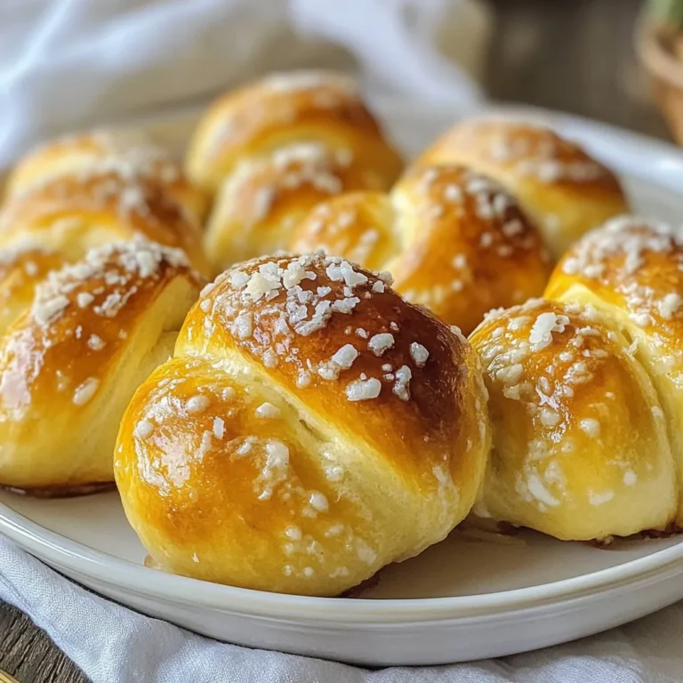 To make delicious garlic Parmesan pretzel knots, you need a few key ingredients. Here’s what you’ll need: - 3 1/4 cups all-purpose flour - 1 packet (2 1/4 teaspoons) active dry yeast - 1 tablespoon sugar - 1 teaspoon salt - 1 cup warm water (about 110°F) - 2/3 cup baking soda (for boiling) - 1/4 cup unsalted butter, melted - 1/2 cup grated Parmesan cheese - 4 cloves garlic, minced - 1 teaspoon dried oregano - Coarse sea salt, for topping Gathering these ingredients sets the stage for a tasty snack. Each item plays a role in creating the perfect flavor and texture. Flour gives the dough structure. Yeast makes it rise. Sugar helps the yeast work. Salt adds flavor. Warm water activates the yeast. Baking soda creates that classic pretzel taste. Butter, Parmesan, garlic, and oregano coat the knots in flavor. Finally, coarse salt gives that perfect finishing touch. When you have all these ingredients ready, you’re one step closer to enjoying your garlic Parmesan pretzel knots. {{ingredient_image_1}} Start by dissolving the sugar in warm water. Use water that is about 110°F. This warmth helps the yeast wake up. Sprinkle the yeast on top and let it sit for about five minutes. You should see bubbles forming; that means it’s ready. Next, in a large mixing bowl, combine 3 1/4 cups of flour and 1 teaspoon of salt. Make a well in the center of the flour. Pour the yeast mixture into this well. Stir the mixture until it forms a dough. This dough will become your pretzel knots. Now it’s time to knead the dough. Place it on a floured surface and knead it for about 5 to 7 minutes. You want the dough to be smooth and elastic. When it feels right, place the dough in a greased bowl. Cover it with a damp cloth. Let it rise in a warm spot for about one hour. The dough should double in size during this time. After the dough has risen, punch it down gently to release the air. Divide the dough into 10 to 12 equal pieces. Roll each piece into a rope and shape it into a knot. Make sure the knots are tight so they hold their shape. Fill a large pot with 5 cups of water and add 2/3 cup of baking soda. Bring this mixture to a gentle boil. Carefully add the pretzel knots to the boiling water. Boil them for about 30 seconds, flipping halfway through. Once done, remove them with a slotted spoon and place them on a lined baking sheet. Preheat your oven to 425°F. In a small bowl, mix together melted butter, minced garlic, oregano, and half of the grated Parmesan cheese. Brush this garlic mixture over each pretzel knot. For extra flavor, sprinkle coarse sea salt and the remaining Parmesan cheese on top. Bake the pretzels in the preheated oven for 12 to 15 minutes. You want them to be golden brown. Once they are ready, let them cool a bit before serving. Enjoy your garlic Parmesan pretzel knots warm! Kneading is key for good pretzel knots. It helps develop gluten, which gives them a nice chew. Knead the dough for about 5-7 minutes until it's smooth and elastic. A well-kneaded dough will rise better too. For rising, warm is best. Find a cozy spot in your kitchen. Cover the bowl with a damp cloth. Let the dough rise for about an hour. It should double in size. Want to add more flavor? Try herbs like rosemary or thyme. They mix well with garlic and cheese. You can also use smoked paprika for a fun twist. For garlic and cheese variations, go bold! Use more garlic or toss in some crushed red pepper. Mix different cheeses for a unique taste. Cheddar or mozzarella can work well too. These pretzel knots shine when served warm. Pair them with mustard or cheese dip for extra fun. You can even drizzle melted butter on top. For presentation, sprinkle chopped parsley for a pop of color. Arrange the knots on a nice platter. This makes them look inviting and tasty. Enjoy your snack! Pro Tips Use Fresh Yeast: For the best flavor and texture, use fresh active dry yeast. Make sure it’s not expired for optimal rising. Water Temperature Matters: Ensure your water is around 110°F to activate the yeast without killing it. Use a kitchen thermometer for accuracy. Perfect Boiling Solution: The baking soda bath gives the pretzels their signature flavor and chewy texture. Don’t skip this step! Brush with Garlic Butter: For an extra burst of flavor, brush the pretzels with garlic butter immediately after boiling and before baking. {{image_2}} You can change up the cheese for these pretzel knots. Cheddar adds a sharp kick. Mozzarella gives a nice melt. Mixing different cheeses can create a fun flavor party. Try blending Parmesan with cheddar for a zesty twist. Each cheese brings its own charm, so don't be afraid to experiment. If you need to avoid gluten, you can use gluten-free flour. Many brands work well for baking. For a vegan option, swap the butter for a plant-based version. Nutritional yeast can replace Parmesan cheese. Both changes keep the flavor while fitting into your diet. Want to spice things up? Add herbs like rosemary or thyme. You could even sprinkle some chili flakes for heat. If you prefer sweet, try a cinnamon sugar topping. This gives a whole new vibe to your pretzel knots. The possibilities are endless and add fun to your snack! To store your garlic Parmesan pretzel knots in the refrigerator, place them in an airtight container. Keep them fresh for about 2 to 3 days. If you want to keep them extra tasty, let them cool completely before sealing. This helps avoid sogginess. For reheating, preheat your oven to 350°F (175°C). Place the pretzel knots on a baking sheet. Heat them for about 5 to 7 minutes. This keeps them warm and crispy, like fresh from the oven. If you want to save your pretzel knots for later, freezing is the way to go. First, let them cool completely. Then, wrap each knot tightly in plastic wrap. Place them in a freezer-safe bag or container. They will last for up to 3 months in the freezer. When you're ready to enjoy them again, take the knots out. Thaw them in the fridge overnight. For reheating, use the oven at 350°F (175°C) for about 10 minutes. This way, they'll regain their soft texture and flavor. To make the dough rise faster, keep it warm. I suggest placing it in a cozy spot. An oven with the light on can work well. You can also put a bowl of hot water nearby. The steam helps create warmth and moisture. Just be sure the water isn’t too hot, or it might kill the yeast. Aim for a warm room around 75°F to 80°F. Yes, you can make these pretzel knots ahead of time. After you shape them, cover the knots with plastic wrap. Place them in the fridge for up to one day. When you're ready to bake, let them sit at room temperature for about 30 minutes. This helps bring them back to life. If you want to freeze them, do so before boiling. Just boil and bake them when you’re ready to enjoy. If your dough is too sticky, don't panic! This can happen sometimes. First, sprinkle a bit of flour on your work surface as you knead. You can also add a little flour to the dough itself. Just do this slowly, so you don’t add too much. Knead it until the dough is smooth. If it still feels too wet, let it rest for about 10 minutes. This allows the flour to absorb the moisture better. In this post, we covered how to make delicious pretzel knots. We shared the key ingredients, step-by-step instructions, and tips for the best results. You learned how to shape, boil, and bake your pretzels. We also explored variations and storage tips. Now, you can impress friends and family with your homemade snacks. Enjoy the process, and don’t hesitate to experiment with flavors. Your pretzel journey can turn into a fun kitchen adventure!