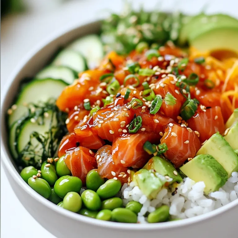 To make a spicy tuna sushi bowl, you need: - 1 cup sushi rice - 1 1/2 cups water - 1 tablespoon rice vinegar - 1 tablespoon sugar - 1/2 teaspoon salt - 8 oz sushi-grade tuna, diced - 1 tablespoon mayonnaise (preferably Kewpie) - 1 tablespoon sriracha (adjust to taste) - 1/2 avocado, sliced - 1/2 cucumber, thinly sliced - 1/4 cup edamame, shelled and cooked - 1 tablespoon sesame seeds - 2 green onions, finely chopped - Seaweed sheets (for garnish, optional) - Soy sauce (for drizzling, optional) These ingredients create a rich and tasty bowl. The sushi rice forms the base. The spicy tuna adds a kick, while avocado and cucumber bring freshness. Sushi-grade tuna is key for this dish. It means the fish is safe to eat raw. Look for tuna labeled sushi-grade at your store. Freshness is crucial, so choose fish with a bright color and no strong smell. Ask the fishmonger for advice if you're unsure. Proper handling keeps the fish safe and tasty. You can add many tasty toppings. Consider these options: - Seaweed sheets for crunch - Extra sriracha for heat - Pickled ginger for a tangy kick - Radishes for a peppery bite - Sesame oil for a nutty flavor Feel free to mix and match. The toppings make each bowl unique and fun! {{ingredient_image_1}} To start, you need to rinse the sushi rice. Do this under cold water until the water is clear. This step removes excess starch. After rinsing, drain the rice well. Next, take a medium saucepan and add the rinsed rice and 1.5 cups of water. Bring this mixture to a boil over medium-high heat. Once it boils, reduce the heat to low. Cover the saucepan and let it cook for 18-20 minutes. The rice should absorb all the water and become tender. After cooking, remove it from heat and let it sit covered for 10 minutes. This resting step is key for fluffy rice. While the rice is cooking, you can make the sushi vinegar mixture. In a small bowl, mix 1 tablespoon of rice vinegar, 1 tablespoon of sugar, and 1/2 teaspoon of salt. Stir this mixture until the sugar and salt dissolve. This adds flavor to the rice. Once your rice is done resting, transfer it to a large bowl. Pour the sushi vinegar mixture over the warm rice. Gently fold it with a wooden spoon. Be careful not to mash the rice. Let it cool to room temperature. Now, let's focus on the tuna. In a small bowl, combine 8 ounces of diced sushi-grade tuna with 1 tablespoon of mayonnaise. I recommend using Kewpie mayonnaise for the best taste. Add 1 tablespoon of sriracha for heat. You can adjust this to your liking. Mix well until the tuna is fully coated. This blend gives your sushi bowl that spicy kick you want. Finally, it’s time to assemble your sushi bowl. Start by placing a scoop of warm sushi rice at the bottom of a bowl. Next, add a generous portion of the spicy tuna mixture on top. Then, layer on your toppings: sliced avocado, thinly sliced cucumber, and cooked edamame. Sprinkle 1 tablespoon of sesame seeds over everything. For a finishing touch, add chopped green onions and optional strips of seaweed. If you like, drizzle some soy sauce on top for extra flavor. Enjoy your colorful and tasty spicy tuna sushi bowl! To cook perfect sushi rice, rinse it well. Place rice in a bowl and run cold water over it. Stir gently with your fingers. Rinse until the water is clear. This removes excess starch. Use a 1:1.5 ratio of rice to water. Bring it to a boil, then lower the heat. Cover the pot and let it simmer for 18-20 minutes. Let the rice sit for 10 minutes off the heat. This step helps the rice finish cooking. Then, mix in the sushi vinegar for flavor. For the best spicy tuna, use sushi-grade tuna. Freshness is key for great taste. Chop the tuna into small cubes. In a bowl, mix the tuna with mayonnaise and sriracha. Kewpie mayo adds a rich flavor. Adjust the sriracha to your heat preference. Mix until the tuna is evenly coated. This blend makes the tuna flavorful and creamy. Serving is just as important as taste. Use deep bowls for a layered look. Start with a scoop of warm sushi rice. Add the spicy tuna on top. Arrange avocado and cucumber slices around it. Sprinkle with sesame seeds and chopped green onions. For a pop of color, add strips of seaweed. Drizzle soy sauce for extra flavor. This visual appeal makes your sushi bowl a feast for the eyes! Pro Tips Use Short-Grain Sushi Rice: Short-grain rice is essential for sushi because it becomes sticky when cooked, helping to hold the bowl together. Make sure to rinse it well to remove excess starch before cooking. Perfect Tuna Prep: For the freshest flavor, always use sushi-grade tuna. Make sure to cut it into uniform cubes to ensure even marination and presentation. Customize the Heat: Adjust the amount of sriracha in the tuna mixture according to your spice preference. You can also mix in some wasabi for an extra kick! Fresh Toppings: Use fresh and vibrant vegetables for the best flavor and presentation. Consider adding pickled vegetables or radishes for added crunch and tang. {{image_2}} You can easily change the spicy tuna bowl to a vegetarian version. Use cooked quinoa or brown rice instead of sushi rice. Add diced tofu or tempura vegetables for protein. Toss in fresh veggies like bell peppers, carrots, and radishes for crunch. Drizzle with a soy sauce or a spicy mayo to boost flavor. This way, you get a healthy, tasty bowl without fish. If you want to switch up the protein, there are many great choices. Try cooked shrimp, crab, or even grilled chicken. For a vegan option, marinated tempeh works well. You can also use seared scallops for a seafood twist. Each protein adds its own unique flavor to the bowl, making it fun to experiment. The sauce can change the whole dish. Besides sriracha, you can try spicy sesame oil or wasabi for heat. A drizzle of ponzu sauce adds a citrusy zing. For a sweeter touch, use eel sauce. You can also sprinkle furikake, a Japanese seasoning mix, for extra flavor. Each sauce and seasoning gives the bowl a new vibe. To store leftover sushi bowls, place them in an airtight container. Make sure to cover the rice and toppings well. This keeps the flavors fresh and prevents drying out. Store the container in the fridge. Use the leftovers within two days for the best taste. - Sushi Rice: Cooked sushi rice lasts about 3 to 5 days in the fridge. - Sushi-Grade Tuna: Fresh tuna should be used within 1 to 2 days of purchase. If you freeze it, it can last up to 2 months. - Avocado: Cut avocado can brown quickly. Store it in the fridge for 1 day. You can add lemon juice to slow browning. - Cucumber and Edamame: Both last about 3 to 5 days in the fridge when stored properly. When reheating sushi rice, add a little water to keep it moist. Use a microwave-safe bowl and cover it with a damp paper towel. Heat on low power for 30 seconds to 1 minute. Fluff the rice with a fork after heating. This helps restore its texture. Avoid overcooking, as it can dry out the rice. The best tuna for sushi bowls is sushi-grade tuna. This type is fresh and safe to eat raw. Look for yellowfin or bluefin tuna. Both have great flavor and texture. Always buy from a trusted fish market. This ensures you get high-quality fish for your bowl. Yes, you can make sushi rice in advance. Cook it and let it cool to room temperature. Store it in an airtight container in the fridge. It stays fresh for about 1-2 days. When ready to use, reheat gently in the microwave. Add a bit of water to keep it moist. Yes, it is safe to eat raw tuna if it is sushi-grade. Sushi-grade fish is frozen first to kill parasites. Always ensure it comes from a reputable source. If you are pregnant or have health concerns, consult your doctor first. You can add many vegetables to your sushi bowl. Consider using: - Shredded carrots - Radishes - Bell peppers - Seaweed salad - Pickled ginger These add color, crunch, and nutrition to your meal. Get creative with your mix! You learned how to make a tasty Spicy Tuna Sushi Bowl. We covered key ingredients, from sushi-grade tuna to optional toppings. I provided clear steps to prepare the rice and assemble your bowl. We also discussed tips for great flavor and how to store leftovers. Cooking sushi at home can be fun and rewarding. Don't hesitate to try new ingredients or variations. Enjoy making your sushi bowl just the way you like it!