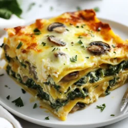 - 9 lasagna noodles: Choose standard or no-boil noodles for ease. - 2 cups fresh spinach, chopped: Fresh spinach adds a vibrant color and flavor. - 2 cups mushrooms, sliced: Use cremini or button mushrooms for a rich taste. - 1 onion, diced: Onion gives depth to the dish. - 3 cloves garlic, minced: Garlic adds a nice aroma and taste. - 2 cups ricotta cheese: This cheese gives a creamy texture and mild flavor. - 2 cups mozzarella cheese, shredded: Mozzarella melts well for a gooey top. - 1 cup grated Parmesan cheese: Parmesan adds a salty bite. - 2 tablespoons olive oil: Olive oil is great for sautéing and flavor. - 1 teaspoon dried oregano: This herb brings an earthy aroma. - Salt and pepper to taste: Essential for seasoning. - 2 cups marinara sauce: Marinara adds a tangy base layer. - 1 cup heavy cream: Cream makes the dish extra rich and smooth. - Zucchini or bell peppers: Add for more veggies and color. - Fresh herbs: Basil or parsley can enhance the taste. - Red pepper flakes: For a spicy kick, sprinkle some in. - Meat options: Ground beef or sausage can be added for a protein boost. These ingredients come together to create a lasagna that is rich, creamy, and full of flavor. Don’t hesitate to mix and match based on your taste and what you have on hand! {{ingredient_image_1}} 1. Cooking the lasagna noodles Start by boiling a big pot of water. Add a pinch of salt for flavor. Cook the lasagna noodles as the package says. Aim for al dente, which means firm but not hard. Once done, drain them and set them aside. You want them ready for the layers. 2. Sautéing vegetables and seasoning Grab a large skillet and heat olive oil over medium heat. Toss in the diced onion and let it cook until soft. This takes about five minutes. Next, add minced garlic and sliced mushrooms. Cook until the mushrooms are soft, taking around four to five minutes. Stir in the chopped spinach. Cook it just until it wilts. Sprinkle in oregano, salt, and pepper to taste. This mixture will add rich flavor to your lasagna. 1. Layering strategies for best results Start with a thin layer of marinara sauce in your baking dish. This helps prevent sticking. Place three lasagna noodles over this sauce. Next, spread half of the ricotta mixture on top of the noodles. 2. Recommended order of ingredients After the ricotta, add half of the sautéed mushroom and spinach mix. Drizzle one-third of the heavy cream mixture over this. Add three more noodles and repeat the layers. Use the remaining ricotta mixture and the rest of the mushroom and spinach. Drizzle another third of the cream. Finally, place the last three noodles on top. Spread the rest of the marinara sauce and pour the remaining cream mixture over it. Top with the rest of the mozzarella and Parmesan cheese. 1. Covering and baking the lasagna Cover your baking dish with aluminum foil to keep the moisture in. Preheat your oven to 375°F (190°C). Bake the covered lasagna for 25 minutes. This helps it cook evenly. 2. Best practices for achieving golden topping After 25 minutes, remove the foil. Bake for another 15 to 20 minutes. You want the top to be golden and bubbly. This gives the dish a beautiful look and a crisp texture. Let it rest for 10 minutes before slicing. Enjoy each bite! You can change some ingredients if you have dietary needs. Here are some ideas: - Cheese Swap: Use cottage cheese instead of ricotta for a lighter dish. - Dairy-Free: Try almond or soy yogurt as a ricotta substitute. - Vegetarian Option: Use a mix of other veggies like zucchini or bell peppers. - Frozen Ingredients: If you have frozen spinach or mushrooms, they work well. Just thaw and drain excess water to avoid sogginess. Preventing soggy lasagna is key for a great dish. Here’s how: - Noodle Prep: Cook the noodles until al dente. They will absorb some moisture while baking. - Layering: Spread a thin layer of sauce on the bottom. This helps the noodles cook evenly and keeps them from getting too wet. - Resting Time: Let the lasagna sit for ten minutes after baking. This helps it set and makes slicing easier. For even cooking, follow these steps: - Even Layering: Distribute ingredients evenly. This ensures every slice has the same flavors. - Covering: Use foil during the first part of baking. This keeps moisture in and helps everything cook through. Pair your lasagna with simple sides for a complete meal: - Salads: A fresh green salad with lemon vinaigrette adds brightness. - Garlic Bread: Serve with warm garlic bread for extra flavor. - Wine Pairing: A light white wine complements the creamy flavors well. For presentation, consider these tips: - Slice Neatly: Cut the lasagna into squares for easy serving. - Warm Plates: Serve on warmed plates to keep the dish hot. - Garnish: Add fresh basil or parsley on top for color and freshness. Pro Tips Use Fresh Ingredients: Fresh spinach and mushrooms enhance the flavor and texture of your lasagna, making it more vibrant and delicious. Let it Rest: Allow the lasagna to rest for about 10 minutes before slicing. This helps the layers set, making it easier to serve and enjoy. Experiment with Cheeses: Feel free to mix different types of cheeses, such as goat cheese or fontina, for a unique flavor profile. Layer Wisely: Ensure even distribution of ingredients across layers to maintain consistency in flavor and texture throughout the lasagna. {{image_2}} You can make this dish even more colorful and fun by adding other veggies. Consider using zucchini or bell peppers. Both add great taste and texture. You can also add artichoke hearts or roasted eggplant. For a creamy sauce twist, try using a blend of ricotta cheese with cream cheese. This gives a richer texture. You might also add a bit of pesto for a fresh, herby flavor. If you need gluten-free noodles, look for brands made from rice or corn. These noodles work well and cook nicely. They can give the same great taste without gluten. To adapt the recipe, ensure your marinara sauce is gluten-free too. You can also check that your cheeses are made in a gluten-free facility. For those who enjoy meat, consider adding cooked chicken or turkey. Ground beef or sausage can also work well. These proteins can add a hearty touch to your lasagna. When adding meat, balance the flavors. Use spices like garlic powder or Italian seasoning. This helps the meat blend well with the creamy spinach and mushrooms, creating a delicious combination. To store your creamy spinach mushroom lasagna safely, let it cool first. Then cut it into portions. Place each piece in a storage container. I recommend using airtight containers. This keeps it fresh and tasty. If you want to freeze lasagna, it helps to prepare it in advance. Wrap the portions tightly in plastic wrap. Then place them in a freezer bag. Squeeze out the air before sealing. For best results, eat frozen lasagna within three months. When ready to eat, thaw it overnight in the fridge. Reheat it in the oven at 350°F (175°C) until hot. In the fridge, your lasagna will last for about 3 to 5 days. In the freezer, it can last up to three months. Watch for signs of spoilage like an off smell or mold. If you see either, it’s best to toss it. Enjoy your lasagna while it’s still fresh! How long does it take to make creamy spinach mushroom lasagna? It takes about 1 hour and 10 minutes to make this lasagna. You spend around 30 minutes prepping and cooking ingredients. The baking time is about 40-45 minutes. This makes it a great dish for family dinners or gatherings. Can this dish be prepared in advance? Yes, you can make this lasagna ahead of time. You can assemble it a day before and store it in the fridge. Just cover it well with foil. When ready to bake, you may need to add a few extra minutes to the cooking time. Caloric breakdown per serving Each serving of creamy spinach mushroom lasagna has about 450-500 calories. This can vary based on the cheese and cream you use. It’s a hearty meal that fills you up! Nutritional benefits of key ingredients - Spinach: Packed with vitamins A and K, plus iron and fiber. - Mushrooms: Low in calories and rich in B vitamins. - Ricotta cheese: Provides protein and calcium for strong bones. These ingredients not only taste great but also offer health benefits. Essential kitchen tools needed for this recipe - Large pot for cooking lasagna noodles - Large skillet for sautéing vegetables - Mixing bowls for cheese and cream - Baking dish for assembling the lasagna Recommended baking dish types for best results I suggest using a 9x13 inch glass or ceramic baking dish. These materials help cook the lasagna evenly. They also look nice for serving! This blog post covered everything you need to know for making lasagna. We explored key ingredients, step-by-step cooking methods, and helpful tips. You learned about ingredient swaps for dietary needs, storage solutions, and serving ideas. As you prepare your lasagna, remember these insights. With practice, you can create a dish that delights everyone at your table. Enjoy the process, and don’t be afraid to experiment with flavors and ingredients!