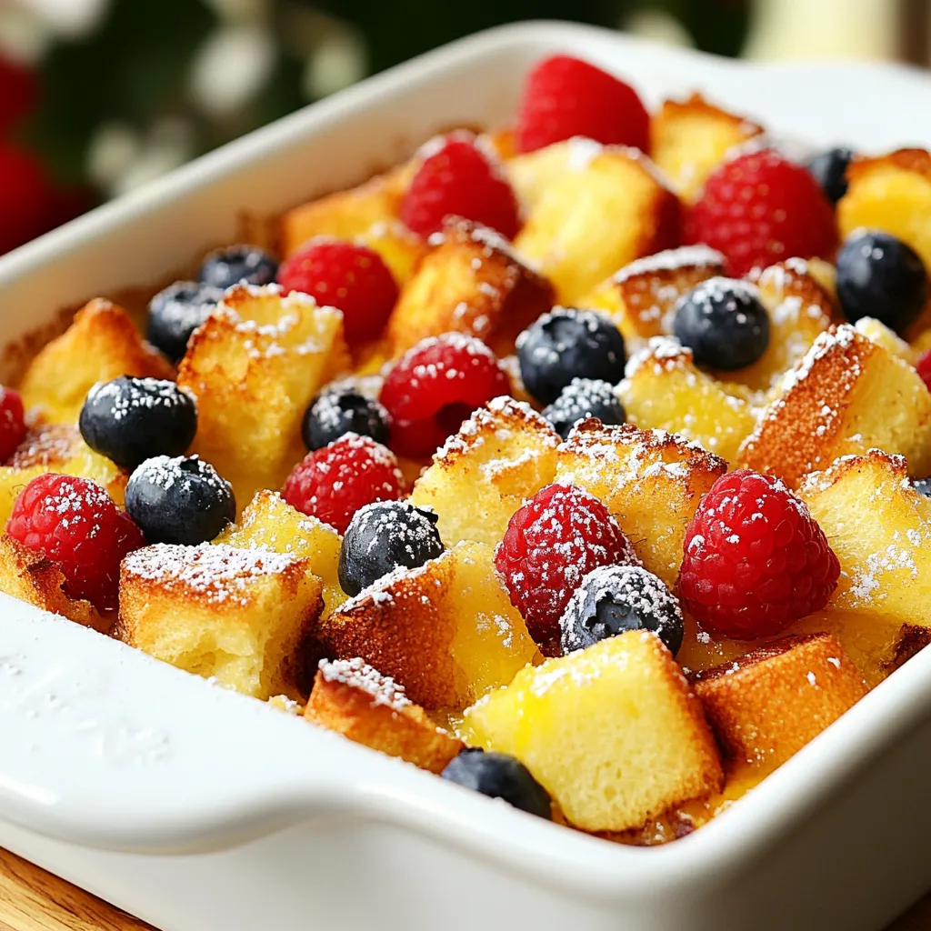 - 1 loaf of brioche bread, cubed - 2 cups mixed berries (strawberries, blueberries, raspberries) - 4 large eggs - 2 cups milk - 1/2 cup Greek yogurt - 1/4 cup maple syrup - Zest of 1 lemon - 2 tablespoons lemon juice - 1 teaspoon vanilla extract - 1 teaspoon cinnamon - 1/4 teaspoon nutmeg - Butter for greasing - Powdered sugar for dusting (optional) To make this Berry Lemon French Toast Casserole, you need a few key ingredients. The star of the dish is brioche bread. This bread is soft and sweet, perfect for soaking up the egg mixture. You can also use challah if you like a different texture. Next, you will need mixed berries. I love using strawberries, blueberries, and raspberries. They add a burst of flavor and color to the dish. You can use fresh or frozen berries, but fresh gives the best taste. Eggs and dairy are essential for the custard base. You will need four large eggs, two cups of milk, and half a cup of Greek yogurt. The yogurt adds creaminess and a hint of tang. For sweeteners and flavorings, grab a quarter cup of maple syrup, lemon zest, lemon juice, and a teaspoon of vanilla extract. These ingredients give the casserole a bright and fresh taste. Lastly, don’t forget the spices! You will need a teaspoon of cinnamon and a quarter teaspoon of nutmeg. These spices add warmth and depth to the dish. If you want to add a special touch, consider optional garnishes like powdered sugar or more fresh berries on top. These little extras make your casserole look and taste amazing. {{ingredient_image_1}} - Preheat Oven and Prepare Baking Dish Start by setting your oven to 350°F (175°C). Grease a 9x13 inch baking dish with butter. This step helps prevent sticking and makes cleanup easy. - Mixing the Egg Mixture In a large bowl, whisk together 4 large eggs, 2 cups of milk, and 1/2 cup of Greek yogurt. Add 1/4 cup of maple syrup for sweetness. Then mix in the zest of 1 lemon, 2 tablespoons of lemon juice, 1 teaspoon of vanilla extract, 1 teaspoon of cinnamon, and 1/4 teaspoon of nutmeg. Whisk until smooth and well blended. - Layering Ingredients Layer half of the cubed brioche bread in the bottom of your baking dish. Spread half of the mixed berries over the bread. You can use strawberries, blueberries, or raspberries. Pour half of the egg mixture over the bread and berries to coat them evenly. - Baking the Casserole Repeat the layers with the remaining brioche, the rest of the mixed berries, and the rest of the egg mixture. Cover the dish with aluminum foil. Bake in the preheated oven for 30 minutes. After 30 minutes, take off the foil and bake for another 15 to 20 minutes. The top should be golden brown, and the center should feel set. - Serving Instructions Once baked, let the casserole cool for a few minutes. Slice it into pieces and serve warm. For a special touch, dust with powdered sugar and serve with extra fresh berries and a drizzle of maple syrup on the side. This makes every bite extra tasty! Tips for Overnight Preparation You can prepare this casserole the night before. Start by mixing your egg mixture and layering the bread and berries in the dish. Cover it with foil and place it in the fridge. This lets the bread soak up the flavors overnight. The next morning, just pop it in the oven. Portion Control Tips When you serve the casserole, cut it into small squares. This way, everyone gets a taste without overdoing it. You can also save leftovers for later. Just store them in the fridge and enjoy them for breakfast or dessert. Ensuring a Golden Brown Top To get that perfect golden top, bake the casserole uncovered for the last 15-20 minutes. Keep an eye on it as it bakes. You want it to be golden but not burnt. The top should look inviting and crispy. Checking for Doneness To check if it’s done, insert a knife in the center. If it comes out clean, your casserole is ready. If not, give it a few more minutes. It should be set in the middle and not too wobbly. This ensures every bite is delicious. Pro Tips Use Day-Old Bread: Stale brioche absorbs the egg mixture better, resulting in a creamier texture. Add More Flavor: Consider infusing the milk with a bit of lemon extract for an extra citrusy kick. Berry Variations: Feel free to swap in your favorite seasonal fruits like peaches or cherries for a unique twist. Make Ahead: Prepare the casserole the night before, refrigerate it, and bake it fresh in the morning for easy serving. {{image_2}} You can swap the bread type for this casserole. - Different Types of Bread: Brioche is soft and tasty, but try challah or sourdough. Each bread gives a unique flavor. You can even use whole wheat for more fiber. - Alternative Berries: Mixed berries are great, but feel free to change them. Use blackberries, peaches, or even bananas. Each fruit brings a new twist to your dish. Adding flavors can make your casserole even better. - Citrus Variations: Besides lemon, try orange or lime zest. These will brighten the dish and add freshness. Just remember to adjust the juice amounts. - Adding Nuts or Chocolate: For a crunch, add chopped nuts like almonds or walnuts. If you love chocolate, sprinkle in some chocolate chips. Both options make the casserole richer and more fun. To keep your Berry Lemon French Toast Casserole fresh, use an airtight container. Glass or plastic containers work well. Store the casserole in the fridge. It stays good for up to three days. If you want to keep it longer, freeze it. In the freezer, it lasts for about two months. Just remember to label the container with the date. When it’s time to enjoy your leftovers, you can reheat them in the oven or microwave. For the oven, preheat it to 350°F (175°C). Place the casserole in an oven-safe dish. Cover it with foil to keep it moist. Heat for about 15-20 minutes, or until warm throughout. If you choose the microwave, cut a slice and place it on a microwave-safe plate. Heat for 1-2 minutes, checking it often. After reheating, serve the casserole warm. You can add a drizzle of maple syrup or more fresh berries on top. This makes each bite even better! Yes, you can use frozen berries. Just add them straight to the dish. They may release more juice, which makes it a bit saucy. This will still taste great! To make this dish gluten-free, switch brioche bread for gluten-free bread. Check the label to ensure it is certified gluten-free. This change keeps the flavors without gluten. Yes, you can. Use a mix of ground flaxseed and water as an egg replacer. Combine 1 tablespoon of ground flaxseed with 2.5 tablespoons of water for each egg. This will help bind the casserole. Some great toppings include fresh berries, whipped cream, and a drizzle of maple syrup. You can also add a sprinkle of powdered sugar for a sweet touch. Nuts add a nice crunch too! Absolutely! Use almond milk or coconut milk instead of regular milk. Replace Greek yogurt with a dairy-free yogurt. This keeps the dish creamy and delicious without dairy. This blog post explored how to make a tasty berry lemon French toast casserole. We covered the key ingredients, preparation steps, and valuable tips for success. You learned about variations to suit your taste, how to store leftovers, and how to reheat them perfectly. This dish is versatile and easy to tweak for any preference. Enjoy experimenting with flavors and ingredients. Whether for breakfast or brunch, this casserole is sure to impress. Happy cooking!