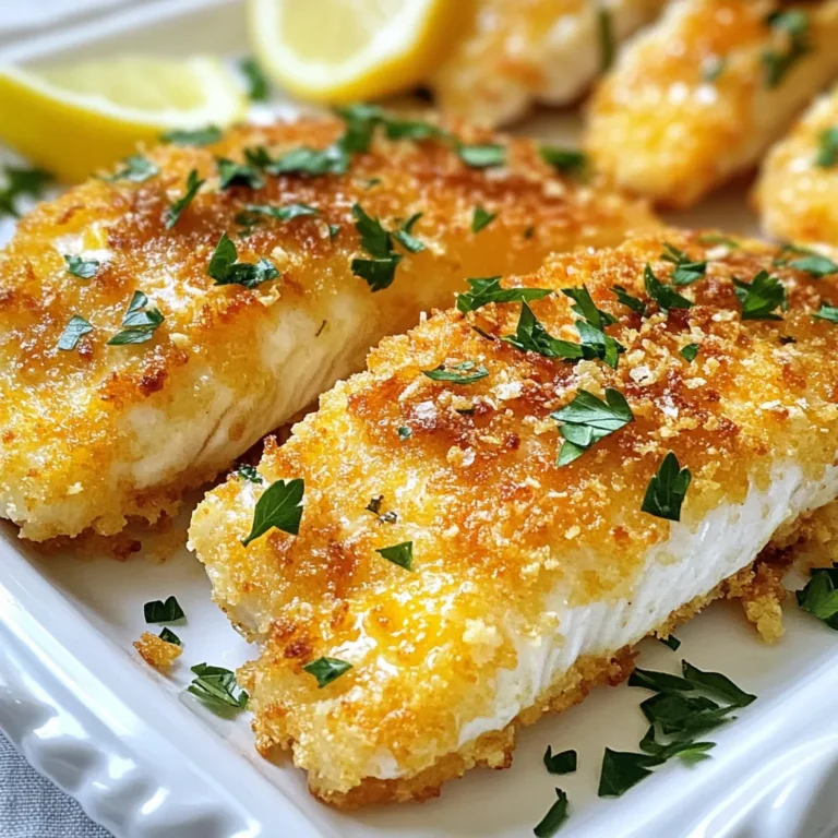 - 4 tilapia fillets - 1 cup grated Parmesan cheese - 1 cup breadcrumbs (preferably panko) - 2 tablespoons fresh parsley, chopped - 1 teaspoon garlic powder - 1 teaspoon onion powder - 1 teaspoon paprika - 1/2 teaspoon black pepper - Salt to taste - 2 eggs, beaten - 1 tablespoon lemon juice - Olive oil for drizzling The ingredients for Parmesan crusted tilapia create a wonderful dish. First, I use fresh tilapia fillets. These fillets are mild and flaky, making them perfect for this recipe. Next, I choose high-quality grated Parmesan cheese. This cheese gives the fish a rich, nutty flavor. I also prefer panko breadcrumbs for their extra crunch. They help create that beautiful crispy exterior. I add fresh parsley to the coating. It brings a bright color and fresh taste. The garlic and onion powders add depth to the flavor. Paprika gives a subtle warmth, while black pepper adds a bit of spice. I always adjust salt to my taste, making sure not to overdo it. For the binding mixture, I whisk together two eggs and lemon juice. This mixture helps the coating stick well to the fish. A drizzle of olive oil before baking ensures a golden, crispy finish. All these ingredients work together to make a delicious, flavorful dish. {{ingredient_image_1}} 1. First, preheat your oven to 425°F (220°C). This helps cook the fish evenly. 2. Line a baking sheet with parchment paper for easy cleanup. This keeps the fish from sticking. 3. In a bowl, mix together the grated Parmesan cheese and breadcrumbs. Add chopped parsley, garlic powder, onion powder, paprika, black pepper, and a pinch of salt for flavor. 1. In another bowl, whisk the eggs and add lemon juice. This mixture will help the coating stick. 2. Take each tilapia fillet and dip it into the egg mixture. Let any extra egg drip off to avoid sogginess. 3. Next, coat each fillet with the Parmesan and breadcrumb mix. Press down lightly to help it stick well. 1. Arrange the coated fillets on the prepared baking sheet. Make sure they have space in between. 2. Drizzle a little olive oil over each fillet. This helps create a golden crust. 3. Bake the fillets in the oven for 12-15 minutes. Keep an eye on them until they are golden and crispy. To get that perfect crunch, always use panko breadcrumbs. They create a light and airy crust. Drizzle the fillets with olive oil before baking. This helps them brown evenly and adds flavor. You can make this dish even better by adding spices. Try a pinch of cayenne for heat or some lemon zest for brightness. Fresh herbs like dill or basil also add a lovely touch. Pair your tilapia with mixed greens for a fresh bite. Roasted vegetables bring a nice balance too. For a stylish meal, serve the fillets on a bright platter. Add lemon wedges and sprinkle with parsley for color. Pro Tips Fresh Ingredients: Always use fresh parsley and high-quality Parmesan cheese for the best flavor and texture. Breadcrumb Variety: Panko breadcrumbs provide extra crunch, but feel free to mix in some regular breadcrumbs for a different texture. Perfect Cooking Time: Keep an eye on the tilapia while baking to ensure it doesn’t overcook; it should be flaky and tender. Serving Suggestions: Pair with a light salad or steamed vegetables to balance the richness of the Parmesan crust. {{image_2}} You can switch up the fish in this dish. While tilapia works well, try using cod or haddock for a different taste. These options can bring a new texture and flavor to your meal. If you want a cheesy twist, substitute the Parmesan with gouda or cheddar. Both cheeses melt nicely and add rich flavors. Gouda gives a nutty taste, while cheddar adds sharpness. Experimenting with cheese can make each bite exciting! Baking is a great method, but you can also pan-fry the tilapia. Heat some olive oil in a skillet, then cook the fillets for about 3-4 minutes on each side. This method creates a golden crust and keeps the fish juicy. If you like grilling, try it outdoors! Brush the fillets with olive oil, then grill for 4-5 minutes per side. This method adds a nice smoky flavor that elevates the dish. For a gluten-free option, use almond flour or gluten-free breadcrumbs instead of regular breadcrumbs. Almond flour gives a nutty taste and is low in carbs. Gluten-free breadcrumbs provide a crispy texture without gluten. These swaps help everyone enjoy this tasty dish! To keep your Parmesan crusted tilapia fresh, place it in an airtight container. This helps prevent the fish from drying out or absorbing other odors. Store it in the fridge right after it cools down. You can keep the leftovers for up to three days. If you need to store it longer, consider freezing. To reheat tilapia without losing its crispiness, I suggest using an oven. Preheat the oven to 350°F (175°C). Place the fillets on a baking sheet and heat for about 10-15 minutes. This keeps the crust nice and crunchy. You can use a microwave, but the fish may become soggy. If you choose this method, cover the fish with a damp paper towel and heat in short bursts. Check often to avoid overheating. Yes, you can freeze the coated fish! Wrap each fillet in plastic wrap, then place them in a freezer bag. This keeps the crust intact and fresh for up to two months. When you’re ready to cook, thaw the fillets in the fridge overnight. After thawing, you can bake them directly or let them sit at room temperature for about 30 minutes before cooking. This helps them cook evenly. Cooking tilapia is quick and easy. If you bake it, plan for 12-15 minutes. If you pan-fry, it may take about 4-5 minutes per side. Always check if the fish flakes easily with a fork. This means it is ready. Cooking time may vary based on fillet thickness. Pair your tilapia with tasty sides. Here are some great options: - Mixed greens with a light dressing - Roasted vegetables like carrots and zucchini - Garlic mashed potatoes for a comforting touch - Quinoa or rice for a healthy grain option - A fresh salad with lemon vinaigrette These sides enhance the dish and create a balanced meal. Yes, you can use frozen tilapia fillets! Just remember to thaw them first. Place the fillets in the fridge overnight or run them under cold water for faster thawing. Pat them dry before coating. This helps the breading stick better. Frozen fish can taste great if handled right. This blog post shared a simple, tasty way to prepare Parmesan crusted tilapia. We covered the key ingredients, from fresh fillets to flavorful herbs, and outlined step-by-step cooking instructions. I offered tips for achieving perfect crispiness and suggested variations to meet your taste. Finally, we discussed how to store and reheat leftovers to keep them delicious. Enjoy making this dish, and feel confident to explore your own flavors and ideas.