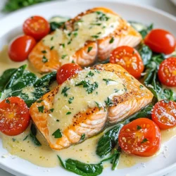 For Creamy Tuscan Salmon, gather these simple ingredients: - 4 salmon fillets (6 oz each) - 2 tablespoons olive oil - Salt and pepper to taste - 3 cloves garlic, minced - 1 cup cherry tomatoes, halved - 1 cup fresh spinach - 1 cup heavy cream - 1/2 cup grated Parmesan cheese - 1 teaspoon dried Italian herbs (oregano, basil, thyme) - Zest of 1 lemon - Fresh parsley, chopped (for garnish) You can swap some ingredients based on what you have: - Use any firm fish like trout if salmon is not available. - Swap heavy cream with coconut milk for a lighter option. - Fresh spinach can be replaced with kale or arugula. - Use nutritional yeast instead of Parmesan for a dairy-free version. Each serving of Creamy Tuscan Salmon offers: - Calories: 550 - Protein: 40g - Fat: 40g - Carbohydrates: 5g - Fiber: 1g - Sugar: 2g This dish is rich in flavor and nutrition, making it a perfect choice for a quick, healthy dinner. {{ingredient_image_1}} Start by taking your salmon fillets out of the fridge. Pat them dry with paper towels. Season both sides with salt and pepper. This simple step adds great flavor to the fish. Heat olive oil in a large skillet over medium-high heat. Once the oil is hot, place the salmon fillets skin-side down in the skillet. Cook for 5 to 6 minutes until the skin is crispy. Use a spatula to flip the fillets carefully. Cook for another 3 to 4 minutes. Once done, remove the salmon from the skillet and set it aside on a plate. In the same skillet, lower the heat to medium. Add minced garlic and sauté it for about 30 seconds until you smell its aroma. Then, toss in the halved cherry tomatoes. Cook for 2 to 3 minutes, letting them soften a bit. Next, add the fresh spinach and stir it in. Cook until the spinach wilts, which should take around 1 to 2 minutes. Pour in the heavy cream and bring it to a gentle simmer. Stir it well as it heats up. Then, add the grated Parmesan cheese and dried Italian herbs. Let the sauce cook for 2 to 3 minutes until it thickens slightly. This creamy sauce will bring all the flavors together. Now, add the lemon zest to the sauce and mix it in. It brightens the dish! Return the salmon fillets to the skillet, making sure to spoon some of the creamy sauce over them. Let it cook for another 2 to 3 minutes, ensuring the salmon is heated through. Your tasty dinner is almost ready to serve! To cook salmon well, start with fresh fillets. Look for bright color and a mild smell. Always season both sides with salt and pepper. This step adds flavor. Use a large skillet to give the fish space. Heat olive oil until it shimmers before adding salmon. This helps to get a nice sear. Cook skin-side down first for a crispy texture. Overcooked salmon becomes dry and tough. To avoid this, use a thermometer. Aim for an internal temperature of 125°F for medium. Remember, salmon continues to cook after you remove it from heat. Cook for 5-6 minutes on the first side and 3-4 minutes on the other. If your salmon flakes easily with a fork, it’s done. Fresh herbs make a big difference in taste. Basil, parsley, and thyme work well in this dish. Add them at the end of cooking for the best flavor. You can also use lemon zest for a fresh twist. It brightens the creamy sauce and pairs well with salmon. Experiment with your favorite herbs to find your unique flavor. Pro Tips Fresh Ingredients: Always use the freshest salmon and vegetables for the best flavor and texture in your dish. Don't Overcook the Salmon: Salmon should be cooked until just opaque and flaky; check for doneness to avoid dryness. Adjust Creaminess: For a lighter sauce, you can substitute half of the heavy cream with chicken broth or vegetable stock. Herb Variations: Feel free to experiment with fresh herbs like basil or dill in place of dried herbs for a more vibrant flavor. {{image_2}} You can make this dish even better by adding veggies. Try using bell peppers, zucchini, or asparagus. Just chop them up and add them with the spinach. They add color and crunch. You can also use broccoli or kale for more nutrients. Feel free to mix and match based on what you like! Want to add some heat? Red pepper flakes are your friend. Just sprinkle a pinch in the cream sauce while it simmers. This gives the dish a nice kick without being too spicy. If you want it hotter, add more flakes. Taste as you go to find the right level for you. If you want a dairy-free option, there are easy swaps. Use coconut milk or almond milk instead of heavy cream. Nutritional yeast can replace Parmesan cheese for a cheesy flavor. This way, you enjoy the creamy taste without dairy. The dish will still taste great and stay rich and delicious! To keep your Creamy Tuscan Salmon fresh, store it in an airtight container. Place it in the fridge within two hours of cooking. This helps maintain its taste and texture. Leftovers can last about three days in the fridge. When you’re ready to enjoy the leftovers, use the skillet or microwave. For the skillet, heat it on low. Add a splash of cream or water to help with moisture. Cook the salmon for about 5 minutes until warm. If using a microwave, place the salmon on a microwave-safe plate. Cover it with a damp paper towel. Heat in 30-second intervals until warm. If you want to freeze your Creamy Tuscan Salmon, do so before adding the sauce. Place the cooked salmon in a freezer-safe bag. Remove as much air as possible. Seal the bag tightly and freeze for up to 2 months. To cook, thaw overnight in the fridge, then reheat with the sauce. Yes, you can use frozen salmon. Just thaw it first. Place it in the fridge overnight or run it under cold water. Once thawed, follow the same steps in the recipe. Make sure to adjust the cooking time if needed. Creamy Tuscan Salmon pairs well with many sides. You can serve it with: - Rice - Pasta - Quinoa - Garlic bread - Steamed veggies These sides will soak up the creamy sauce and enhance your meal. To add some heat, try these tips: - Add red pepper flakes while sautéing the garlic. - Use a spicier type of pepper, like jalapeño. - Serve with hot sauce on the side. These options will give your dish a nice kick without overpowering the flavor. Yes, Creamy Tuscan Salmon is great for meal prep. You can make it ahead of time and store it in the fridge. Just keep the salmon and sauce in separate containers. Reheat gently in the microwave or on the stovetop. This way, you enjoy a delicious meal anytime! This article covered how to make creamy Tuscan salmon step by step. We explored essential ingredients, substitutions, and nutritional details. I shared tips for perfecting your cooking and ways to boost flavor. You learned how to customize this dish with different vegetables or make it dairy-free. Remember, cooking salmon can be easy and fun. Using these tips, you can create a delicious meal. Enjoy experimenting, and don’t forget to have fun in the kitchen!