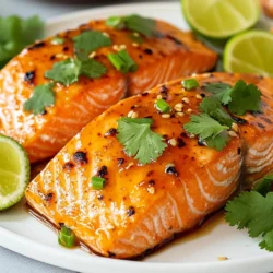 To make Chipotle Honey Salmon, you will need fresh and flavorful ingredients. Here’s what you need: - 4 salmon fillets - 2 tablespoons chipotle sauce (or 1 tablespoon chipotle powder mixed with 1 tablespoon olive oil) - 2 tablespoons honey - 1 tablespoon soy sauce - 1 tablespoon fresh lime juice - 2 cloves garlic, minced - Salt and pepper to taste - Fresh cilantro, chopped (for garnish) - Lime wedges (for serving) These ingredients work together to create a sweet and spicy taste. The salmon is rich in omega-3 fatty acids, which are great for your health. The chipotle adds a nice kick, while honey brings sweetness. Lime juice brightens the dish and garlic adds depth. The cilantro adds a fresh touch, making this dish not just tasty, but also vibrant. Gather these items, and you’re ready to start cooking! {{ingredient_image_1}} To start, grab a small bowl. In this bowl, whisk together: - 2 tablespoons chipotle sauce (or use 1 tablespoon chipotle powder mixed with 1 tablespoon olive oil) - 2 tablespoons honey - 1 tablespoon soy sauce - 1 tablespoon fresh lime juice - 2 cloves garlic, minced Mix these ingredients well. The marinade should be smooth and fragrant. This mix adds a sweet and spicy kick to your salmon. Now, take your four salmon fillets. Place them in a shallow dish. Pour the marinade over the salmon. Make sure each piece is well-coated. Cover the dish and place it in the fridge. Let it marinate for at least 30 minutes, or up to 2 hours. The longer you marinate, the more flavor your salmon will have. Preheat your oven to 400°F (200°C). While the oven heats, prepare your baking tray. Line it with parchment paper for easy cleanup. After marinating, remove the salmon from the dish. Reserve the marinade for later. Place the salmon on the tray. Season with salt and pepper. Bake the salmon for 12-15 minutes. It should flake easily with a fork and reach 145°F (63°C) inside. While the salmon bakes, take the reserved marinade. Pour it into a small saucepan. Heat it over medium heat until it simmers gently. Allow it to reduce for about 5 minutes. It should thicken a bit. Once the salmon is done, drizzle this reduced marinade over the fillets. This step boosts the flavor even more. Enjoy your delicious Chipotle Honey Salmon! When choosing salmon, look for fresh fillets. Fresh salmon should have bright color and a clean smell. Avoid any fish that looks dull or has brown spots. Wild-caught salmon often has better flavor than farmed salmon. If you can, ask your fishmonger about the source. You want salmon that is sustainable and fresh for the best taste. Marinating is key to getting great flavor. For this recipe, I suggest marinating the salmon for at least 30 minutes. If you want a stronger taste, you can marinate it for up to 2 hours. Just be careful not to marinate too long. The acidity from the lime juice can start to cook the fish if left too long. Baking salmon is simple and rewarding. Preheat your oven to 400°F (200°C) for optimal cooking. Line your baking tray with parchment paper to make cleanup easy. Place the salmon skin-side down on the tray. Season with salt and pepper to enhance the flavor. Bake for 12 to 15 minutes. You know it's done when it flakes easily with a fork. Always check that it reaches 145°F (63°C) for safety. Enjoy your perfectly baked salmon! Pro Tips Marinating Time: For the best flavor, marinate the salmon for at least 1 hour; overnight is even better if you have the time! Choosing Salmon: Opt for wild-caught salmon if possible, as it tends to have a richer flavor and better texture than farmed salmon. Cooking Technique: If you prefer, you can grill the salmon instead of baking it for a smoky flavor. Just be sure to keep an eye on it to prevent overcooking! Serving Suggestions: Serve the salmon with a side of grilled vegetables or a fresh salad to complement the flavors. {{image_2}} You can switch up the marinade for your Chipotle Honey Salmon. If you want a different taste, try adding some: - Maple syrup instead of honey for a richer flavor. - Dijon mustard for a tangy kick. - Fresh herbs like oregano or thyme for a fresh twist. These changes can give your salmon a new life and help it fit your taste. I love both grilling and baking salmon. Each method gives a unique taste and texture to the fish. - Grilling: This method adds a smoky flavor. Preheat your grill to medium heat. Cook the salmon for about 6-8 minutes on each side. Watch it closely to avoid overcooking. - Baking: Baking is simple and keeps the salmon moist. Follow the oven steps in the recipe. The result is tender, flaky salmon that melts in your mouth. Choose the method that fits your mood and kitchen setup! Enjoy your Chipotle Honey Salmon with some tasty sides. Here are a few ideas: - Cilantro lime rice for a fresh touch. - Grilled vegetables like zucchini or bell peppers for added flavor. - A crisp green salad with avocado and lime dressing to balance the dish. These sides will make your meal complete and satisfying. After you enjoy your Chipotle Honey Salmon, store any leftovers in the fridge. Place the salmon in an air-tight container. This keeps it fresh and tasty. It will last for up to three days. Make sure to let it cool down before sealing. This step helps prevent moisture buildup. If you want to store the salmon for a longer time, you can freeze it. Wrap each salmon fillet tightly in plastic wrap. Then, place the wrapped fillets in a freezer-safe bag. Be sure to remove as much air as possible. Your salmon will stay good for up to three months in the freezer. When ready to eat, thaw it in the fridge overnight. To reheat your salmon, avoid the microwave if you can. Instead, use the oven or a skillet. Preheat your oven to 350°F (175°C). Place the salmon on a baking sheet and cover it with foil. Bake for about 10 minutes or until warmed through. If using a skillet, heat it over medium heat. Add a splash of water and cover to steam the salmon gently. This keeps it moist and flavorful. You can use chipotle powder mixed with olive oil. This mix gives a similar smoky flavor. If you want less heat, use regular chili powder. You can also try sriracha for heat but with a different taste. Salmon is fully cooked when it flakes easily with a fork. The internal temperature should reach 145°F (63°C). Use a meat thermometer for accuracy. The color should change from bright pink to a lighter shade. Yes, you can use frozen salmon. Just thaw it in the fridge overnight before you start. Thawing helps the salmon cook evenly. This way, you still get that great taste. Some great side dishes include: - Steamed broccoli - Quinoa or rice - Roasted sweet potatoes - Mixed green salad - Corn on the cob These sides balance the rich flavors of the salmon and make a complete meal. This blog post covered how to make delicious Chipotle Honey Salmon. We looked at key ingredients and step-by-step instructions for marinating and baking. You learned tips on selecting and cooking salmon, plus tasty variations and storage info. Cooking salmon can be simple and fun. With these tips and recipes, you can enjoy flavorful meals anytime. Experiment and make this dish your own. Cooking at home is rewarding and enjoyable!