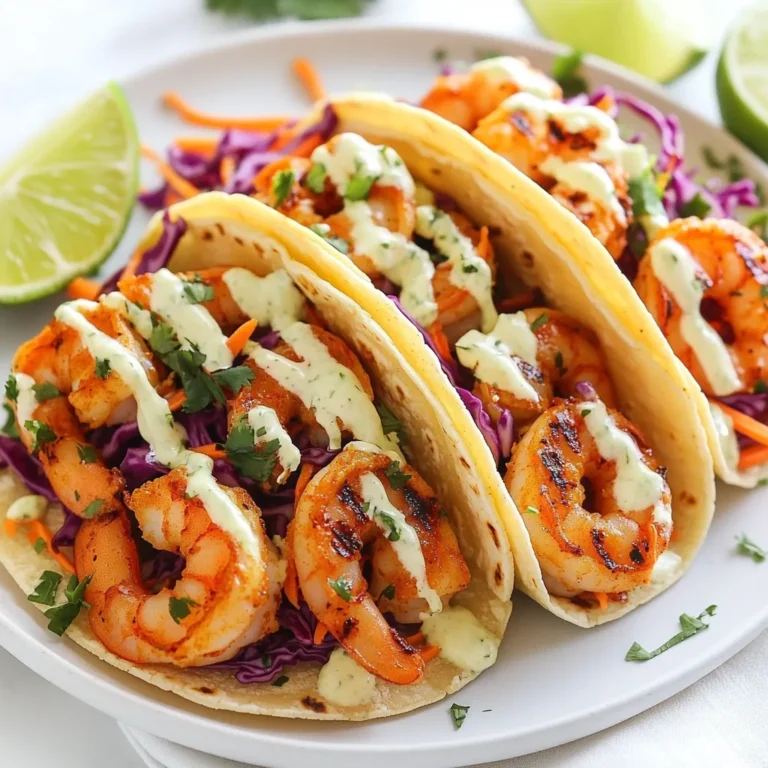 For these tasty spicy shrimp tacos, gather these fresh ingredients: - 1 pound large shrimp, peeled and deveined - 2 tablespoons olive oil - 1 tablespoon chili powder - 1 teaspoon paprika - 1/2 teaspoon cayenne pepper (adjust for spice preference) - 1 teaspoon garlic powder - Salt and pepper to taste - 8 small corn tortillas - 1 cup purple cabbage, thinly sliced - 1/2 cup carrots, grated - 1/4 cup fresh cilantro, chopped - 1/4 cup mayonnaise - 2 tablespoons lime juice - 1 teaspoon honey (optional) - Lime wedges for serving You can change things up with a few optional ingredients. Add avocado for creaminess. Try diced mango for sweetness. Use Greek yogurt instead of mayonnaise for a lighter touch. You can also swap the shrimp for grilled chicken or fish if you prefer. Each option brings a unique taste to your tacos. Enjoy mixing and matching! {{ingredient_image_1}} To start, you need to make the marinade. In a bowl, mix together: - 2 tablespoons olive oil - 1 tablespoon chili powder - 1 teaspoon paprika - 1/2 teaspoon cayenne pepper (adjust for spice preference) - 1 teaspoon garlic powder - Salt and pepper to taste Stir it well. Now, take your 1 pound of peeled and deveined shrimp. Add the shrimp to the bowl and coat them evenly in the marinade. Let the shrimp sit for about 15 minutes. This will help them soak up all those great flavors. While the shrimp marinates, let’s make the lime slaw. Grab a mixing bowl and combine: - 1 cup purple cabbage, thinly sliced - 1/2 cup carrots, grated - 1/4 cup fresh cilantro, chopped In a separate small bowl, whisk together: - 1/4 cup mayonnaise - 2 tablespoons lime juice - 1 teaspoon honey (optional) Pour this dressing over the cabbage mixture. Toss everything together until it’s well combined. Set this slaw aside while you cook the shrimp. Now it’s time to cook the shrimp. Preheat your grill or skillet over medium-high heat. Place the marinated shrimp on the hot surface. Cook them for 2-3 minutes on each side. They should turn pink and opaque when done. While the shrimp cook, warm your corn tortillas. You can do this on the grill or in a separate skillet. Heat each tortilla for about 30 seconds on each side until they become pliable. To assemble your tacos, place a few shrimp on each tortilla. Top with the lime slaw and drizzle more lime juice if you like. Enjoy your fresh and spicy shrimp tacos! For the best flavor, marinate shrimp for at least 15 minutes. This time allows the shrimp to soak up the spices. If you have more time, marinating for up to 30 minutes makes the shrimp even better. Make sure to coat each shrimp well in the marinade. Use a bowl or a zip-top bag for even mixing. Do not let the shrimp marinate too long. Over-marinating can make them tough. To amp up your lime slaw, try adding a pinch of salt to the cabbage and carrots. This brings out their natural flavors. Adding lime zest gives a stronger lime taste. You can also toss in a little chopped jalapeño for extra heat. If you want a touch of sweetness, honey in the dressing is fantastic. Mix everything well to ensure even flavor throughout the slaw. For a gorgeous presentation, layer the shrimp, slaw, and lime in the tortillas. Use colorful plates to make the dish pop. Serve lime wedges on the side for extra zest. Consider adding a sprinkle of fresh cilantro on top for color. You can also serve the tacos with a side of chips and salsa for a fun meal. These details make the dish look as good as it tastes. Pro Tips Marinate for Maximum Flavor: Allow the shrimp to marinate for at least 15 minutes to absorb all the spices and flavors. For even more depth, consider marinating for up to 30 minutes. Balance the Spice: Adjust the amount of cayenne pepper based on your spice tolerance. Start with less, and you can always add more spice to your slaw or as a topping. Fresh Ingredients Matter: Use fresh lime juice and fresh cilantro for the slaw to enhance the flavors significantly. Avoid bottled lime juice for the best taste. Tortilla Technique: Warm the tortillas just before serving to maintain their softness and pliability. This ensures they don’t crack when you fill them with shrimp and slaw. {{image_2}} You can switch shrimp for many proteins. Fish works well, especially white fish like tilapia or cod. Chicken is another good choice. Just grill or sauté it until cooked. If you want a plant-based option, try tofu. Firm tofu holds up well. Press it to remove moisture, then cube and marinate like the shrimp. Each protein brings its own flavor and texture. Slaw is not just cabbage and carrots. You can add mango for sweetness. Dice it up and mix it in. Avocado adds creaminess and healthy fats. Just slice it thin and toss it with the slaw. You can also use red cabbage for a pop of color. Change the dressing too; a splash of vinegar can give a nice tang. Making this recipe gluten-free is easy. Use corn tortillas, as they are naturally gluten-free. For a vegan version, swap shrimp for jackfruit or more vegetables. Use vegan mayo in the slaw for flavor without eggs. This way, you keep the dish tasty while meeting dietary needs. It’s great to customize the tacos for everyone at your table! If you have leftover tacos, store them in a sealed container. Place the shrimp, slaw, and tortillas separately. This keeps everything fresh and crisp. The shrimp will last for 2-3 days in the fridge. Make sure to eat them quickly for the best taste. For lime slaw, keep it in a tight container as well. It stays crunchy in the fridge for about 2 days. Avoid adding the dressing until you're ready to eat. This keeps the cabbage and carrots from getting soggy. To reheat shrimp, use a skillet on low heat. Cook them for a few minutes until warm. For the tortillas, warm them in a dry skillet for about 30 seconds on each side. This makes them soft and tasty again. Enjoy your tacos just like fresh! Yes, you can use frozen shrimp. Just make sure to thaw them first. Place the shrimp in a bowl of cold water for about 15-20 minutes. Once thawed, peel and devein them if needed. This method works great and saves time. The spice level depends on your taste. The recipe uses cayenne pepper, which adds heat. You can adjust the amount based on your spice preference. If you want milder tacos, use less cayenne or skip it entirely. For more heat, add extra chili powder or jalapeños. These tacos pair well with several sides. Consider serving them with: - Mexican rice - Black beans - Grilled corn - Fresh salsa - Avocado slices These sides add flavor and make the meal more filling. Enjoy mixing and matching! This article covered how to make delicious shrimp tacos. You learned about all the ingredients and their measurements. I shared step-by-step instructions for marinating shrimp and making lime slaw. You also gained tips for flavor and plating options. We discussed variations, like using different proteins or slaw types. Lastly, I explained how to store leftovers and answered common questions. Now, you can create tasty shrimp tacos that fit your taste. Enjoy making this meal your own!