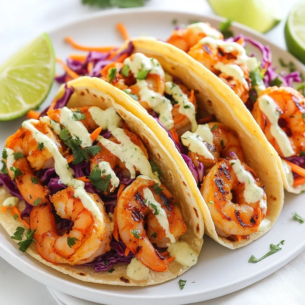For these tasty spicy shrimp tacos, gather these fresh ingredients: - 1 pound large shrimp, peeled and deveined - 2 tablespoons olive oil - 1 tablespoon chili powder - 1 teaspoon paprika - 1/2 teaspoon cayenne pepper (adjust for spice preference) - 1 teaspoon garlic powder - Salt and pepper to taste - 8 small corn tortillas - 1 cup purple cabbage, thinly sliced - 1/2 cup carrots, grated - 1/4 cup fresh cilantro, chopped - 1/4 cup mayonnaise - 2 tablespoons lime juice - 1 teaspoon honey (optional) - Lime wedges for serving You can change things up with a few optional ingredients. Add avocado for creaminess. Try diced mango for sweetness. Use Greek yogurt instead of mayonnaise for a lighter touch. You can also swap the shrimp for grilled chicken or fish if you prefer. Each option brings a unique taste to your tacos. Enjoy mixing and matching! {{ingredient_image_1}} To start, you need to make the marinade. In a bowl, mix together: - 2 tablespoons olive oil - 1 tablespoon chili powder - 1 teaspoon paprika - 1/2 teaspoon cayenne pepper (adjust for spice preference) - 1 teaspoon garlic powder - Salt and pepper to taste Stir it well. Now, take your 1 pound of peeled and deveined shrimp. Add the shrimp to the bowl and coat them evenly in the marinade. Let the shrimp sit for about 15 minutes. This will help them soak up all those great flavors. While the shrimp marinates, let’s make the lime slaw. Grab a mixing bowl and combine: - 1 cup purple cabbage, thinly sliced - 1/2 cup carrots, grated - 1/4 cup fresh cilantro, chopped In a separate small bowl, whisk together: - 1/4 cup mayonnaise - 2 tablespoons lime juice - 1 teaspoon honey (optional) Pour this dressing over the cabbage mixture. Toss everything together until it’s well combined. Set this slaw aside while you cook the shrimp. Now it’s time to cook the shrimp. Preheat your grill or skillet over medium-high heat. Place the marinated shrimp on the hot surface. Cook them for 2-3 minutes on each side. They should turn pink and opaque when done. While the shrimp cook, warm your corn tortillas. You can do this on the grill or in a separate skillet. Heat each tortilla for about 30 seconds on each side until they become pliable. To assemble your tacos, place a few shrimp on each tortilla. Top with the lime slaw and drizzle more lime juice if you like. Enjoy your fresh and spicy shrimp tacos! For the best flavor, marinate shrimp for at least 15 minutes. This time allows the shrimp to soak up the spices. If you have more time, marinating for up to 30 minutes makes the shrimp even better. Make sure to coat each shrimp well in the marinade. Use a bowl or a zip-top bag for even mixing. Do not let the shrimp marinate too long. Over-marinating can make them tough. To amp up your lime slaw, try adding a pinch of salt to the cabbage and carrots. This brings out their natural flavors. Adding lime zest gives a stronger lime taste. You can also toss in a little chopped jalapeño for extra heat. If you want a touch of sweetness, honey in the dressing is fantastic. Mix everything well to ensure even flavor throughout the slaw. For a gorgeous presentation, layer the shrimp, slaw, and lime in the tortillas. Use colorful plates to make the dish pop. Serve lime wedges on the side for extra zest. Consider adding a sprinkle of fresh cilantro on top for color. You can also serve the tacos with a side of chips and salsa for a fun meal. These details make the dish look as good as it tastes. Pro Tips Marinate for Maximum Flavor: Allow the shrimp to marinate for at least 15 minutes to absorb all the spices and flavors. For even more depth, consider marinating for up to 30 minutes. Balance the Spice: Adjust the amount of cayenne pepper based on your spice tolerance. Start with less, and you can always add more spice to your slaw or as a topping. Fresh Ingredients Matter: Use fresh lime juice and fresh cilantro for the slaw to enhance the flavors significantly. Avoid bottled lime juice for the best taste. Tortilla Technique: Warm the tortillas just before serving to maintain their softness and pliability. This ensures they don’t crack when you fill them with shrimp and slaw. {{image_2}} You can switch shrimp for many proteins. Fish works well, especially white fish like tilapia or cod. Chicken is another good choice. Just grill or sauté it until cooked. If you want a plant-based option, try tofu. Firm tofu holds up well. Press it to remove moisture, then cube and marinate like the shrimp. Each protein brings its own flavor and texture. Slaw is not just cabbage and carrots. You can add mango for sweetness. Dice it up and mix it in. Avocado adds creaminess and healthy fats. Just slice it thin and toss it with the slaw. You can also use red cabbage for a pop of color. Change the dressing too; a splash of vinegar can give a nice tang. Making this recipe gluten-free is easy. Use corn tortillas, as they are naturally gluten-free. For a vegan version, swap shrimp for jackfruit or more vegetables. Use vegan mayo in the slaw for flavor without eggs. This way, you keep the dish tasty while meeting dietary needs. It’s great to customize the tacos for everyone at your table! If you have leftover tacos, store them in a sealed container. Place the shrimp, slaw, and tortillas separately. This keeps everything fresh and crisp. The shrimp will last for 2-3 days in the fridge. Make sure to eat them quickly for the best taste. For lime slaw, keep it in a tight container as well. It stays crunchy in the fridge for about 2 days. Avoid adding the dressing until you're ready to eat. This keeps the cabbage and carrots from getting soggy. To reheat shrimp, use a skillet on low heat. Cook them for a few minutes until warm. For the tortillas, warm them in a dry skillet for about 30 seconds on each side. This makes them soft and tasty again. Enjoy your tacos just like fresh! Yes, you can use frozen shrimp. Just make sure to thaw them first. Place the shrimp in a bowl of cold water for about 15-20 minutes. Once thawed, peel and devein them if needed. This method works great and saves time. The spice level depends on your taste. The recipe uses cayenne pepper, which adds heat. You can adjust the amount based on your spice preference. If you want milder tacos, use less cayenne or skip it entirely. For more heat, add extra chili powder or jalapeños. These tacos pair well with several sides. Consider serving them with: - Mexican rice - Black beans - Grilled corn - Fresh salsa - Avocado slices These sides add flavor and make the meal more filling. Enjoy mixing and matching! This article covered how to make delicious shrimp tacos. You learned about all the ingredients and their measurements. I shared step-by-step instructions for marinating shrimp and making lime slaw. You also gained tips for flavor and plating options. We discussed variations, like using different proteins or slaw types. Lastly, I explained how to store leftovers and answered common questions. Now, you can create tasty shrimp tacos that fit your taste. Enjoy making this meal your own!