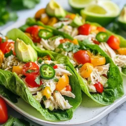 - 2 cups cooked chicken breast, shredded - 1 cup Greek yogurt - 1/4 cup fresh cilantro, chopped - 2 tablespoons lime juice - 1 tablespoon lime zest - 1 teaspoon garlic powder - 1/2 teaspoon cumin - 1/2 cup diced cherry tomatoes - 1/2 cup diced red bell pepper - 1/4 cup red onion, finely chopped - 4 large lettuce leaves (romaine or butter lettuce) - 1 avocado, sliced - Jalapeño slices for a kick I love using simple yet fresh ingredients for this dish. The cooked chicken breast serves as a great base. You can use leftover chicken or roast it fresh. Greek yogurt adds creaminess without the extra fat. It also gives a nice tang. Fresh cilantro is key here. It brings bright flavor. The lime juice and lime zest give it a zesty pop. We need some spices too. Garlic powder and cumin are perfect for added depth. The cherry tomatoes, red bell pepper, and red onion add crunch and color. Finally, the lettuce leaves wrap everything up. They keep it fresh and light. For a creamier touch, I often add sliced avocado. If you want heat, try adding jalapeño slices. This mix of ingredients makes the wraps fresh and tasty! {{ingredient_image_1}} Mixing the chicken salad In a large bowl, add 2 cups of shredded chicken. Next, mix in 1 cup of Greek yogurt. Then, add 1/4 cup of chopped cilantro, 2 tablespoons of lime juice, and 1 tablespoon of lime zest. Sprinkle in 1 teaspoon of garlic powder and 1/2 teaspoon of cumin. Don’t forget to add salt and pepper to taste. Mix everything until the chicken gets a nice coat of the yogurt. Folding in vegetables Now, gently fold in 1/2 cup of diced cherry tomatoes, 1/2 cup of diced red bell pepper, and 1/4 cup of finely chopped red onion. This adds color and crunch to your salad. Make sure the veggies are evenly mixed in with the chicken. Preparing lettuce leaves Lay out 4 large lettuce leaves on a clean surface or plate. You can use romaine or butter lettuce for a nice wrap. These leaves will hold all the tasty filling. Constructing the wraps Take a generous spoonful of the chicken salad and place it in the center of each lettuce leaf. Top each wrap with a slice of avocado. If you like a bit of heat, add a few jalapeño slices. Carefully roll the lettuce around the filling, tucking in the sides as you go. If needed, secure each wrap with a toothpick. Presentation tips Arrange the wraps on a platter for a beautiful display. They look great next to each other. Garnishing ideas Garnish with extra lime wedges and a sprinkle of cilantro. This adds a fresh look and makes it more inviting to eat. To shred chicken, you have a few great methods. One easy way is to use your hands. Make sure the chicken is warm, and pull it apart. You can also use two forks. Hold one fork steady and pull with the other. If you have leftover chicken, this is a perfect use. Just warm it up a bit to make shredding easier. Marinating the chicken adds a lot of flavor. A simple mix of lime juice and garlic powder works wonders. Let it sit for a minimum of 30 minutes. You can also add spices to the chicken salad. Try a pinch of cayenne for heat or some smoked paprika for depth. These small changes can elevate the dish. Choosing the right lettuce is key for these wraps. I like using romaine or butter lettuce. They both hold the filling well and add a nice crunch. You can also customize the wrap thickness. For a lighter meal, use less filling. For a heartier wrap, pile it on. This way, you can tailor the meal to your liking. Pro Tips Use Fresh Ingredients: Fresh cilantro and ripe avocados enhance the flavor and texture of your wraps. Always opt for the freshest produce available. Customize Your Spice Level: Adjust the amount of jalapeño slices according to your heat preference. You can also add a dash of hot sauce for an extra kick! Prep Ahead: You can prepare the chicken salad mixture a day in advance and store it in the fridge. Just assemble the wraps right before serving for maximum freshness. Experiment with Greens: While romaine or butter lettuce works great, try using collard greens or kale for a different texture and added nutrition. {{image_2}} You can switch up the chicken in this salad. Using rotisserie chicken is a great option. It saves time, and the flavor is amazing. Just shred it and mix with the other ingredients. If you want a vegetarian version, try chickpeas or tofu. Both provide great texture and flavor. Greek yogurt is creamy and healthy, but you can change it. Use sour cream or a creamy dressing instead. These options add different tastes and can keep it fun. Just remember to adjust the flavor with lime juice and spices. Adding more vegetables can make this wrap even better. Try seasonal veggies like corn or zucchini for a fresh crunch. If you don’t have fresh ones, canned or frozen options work too. Just drain and chop them before mixing. This way, you can enjoy different flavors all year long. To store your cilantro lime chicken salad wraps, place them in an airtight container. This keeps them fresh and tasty. Wraps last up to three days in the fridge. If you add avocado, it may brown faster. To slow this down, sprinkle lime juice on the avocado before storing. You can make these wraps ahead of time. Prepare the chicken salad and store it separately from the lettuce. This keeps the lettuce crisp. You can freeze the chicken salad too. Use a freezer-safe bag and remove as much air as possible. It lasts up to three months in the freezer. Just thaw it in the fridge overnight before using. To reheat the chicken salad, use a microwave-safe bowl. Heat it in short bursts. Start with 30 seconds and check the warmth. Stir it well after each interval. Avoid overheating, or the chicken may dry out. You can serve it cold in the wraps too, which tastes great! Yes, you can! If you want to switch up the wraps, try these: - Whole wheat tortillas - Corn tortillas - Rice paper wraps - Collard greens These options give a fun twist. They also change the taste and texture. To make this salad low-carb, try these tips: - Use lettuce as your wrap base - Skip the avocado or use less - Add more veggies like cucumbers or bell peppers - Use a low-carb tortilla These changes keep the flavors while lowering the carbs. If you need a substitute for Greek yogurt, consider these options: - Plain regular yogurt - Sour cream - Cashew cream for a vegan option - Silken tofu blended until smooth These swaps work well and keep the salad creamy and tasty. This blog shared a delicious chicken salad wrap recipe. We covered main and optional ingredients, plus step-by-step instructions for making it. I provided helpful tips on shredding chicken and enhancing flavors. You can easily customize the recipe with different proteins and vegetables. Storing tips ensured your wraps stay fresh. Remember, experimenting makes cooking fun and tasty. Enjoy your wraps as a healthy meal or snack option!