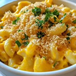 Here’s what you need for your Butternut Squash Mac and Cheese: - Butternut Squash: 1 medium, peeled and diced - Elbow Macaroni: 8 oz - Cheddar Cheese: 2 cups, sharp, shredded - Mozzarella Cheese: 1 cup, shredded - Milk: 1 cup - Unsalted Butter: 2 tablespoons - All-Purpose Flour: 2 tablespoons - Garlic Powder: 1 teaspoon - Onion Powder: 1 teaspoon - Salt: ½ teaspoon - Black Pepper: ¼ teaspoon - Nutmeg: ¼ teaspoon - Breadcrumbs: ½ cup (optional for topping) - Fresh Parsley: chopped (for garnish) Each ingredient plays a key role in this dish. The butternut squash adds a sweet and creamy texture. The elbow macaroni holds the sauce well, making every bite enjoyable. Cheddar cheese gives a sharp flavor, while mozzarella adds a stretchiness that makes mac and cheese fun to eat. Milk helps create a smooth sauce. Butter and flour are essential for making a roux, which thickens the sauce. Garlic and onion powders boost flavor without overpowering the dish. Salt, black pepper, and nutmeg round out the taste. If you want a crispy topping, add breadcrumbs before baking. Finally, fresh parsley adds color and a hint of freshness when you serve it. Gather these ingredients and get ready to cook a dish that warms the heart! {{ingredient_image_1}} - Preheat the Oven: Set to 350°F (175°C). - Cook the Macaroni: Boil water in a large pot. Add elbow macaroni and cook as per package instructions. Drain the pasta and set it aside. - Steam the Butternut Squash: Peel and dice the butternut squash. Steam it in a pot until tender, about 10-12 minutes. - Make the Roux: In a saucepan, melt 2 tablespoons of butter over medium heat. Whisk in 2 tablespoons of all-purpose flour. Cook for about 1 minute until it forms a light roux. - Prepare the Cheese Sauce: Gradually whisk in 1 cup of milk. Stir until smooth and bring the mixture to a simmer. It will thicken in about 2-3 minutes. Add 1 teaspoon of garlic powder, 1 teaspoon of onion powder, ½ teaspoon of salt, ¼ teaspoon of black pepper, and ¼ teaspoon of nutmeg. Stir in the butternut squash puree until well blended. - Mix Pasta and Sauce: Combine the cooked macaroni with the butternut squash cheese sauce. Make sure every piece of pasta is coated. - Baking Instructions: Transfer the mixture to a greased baking dish. If you like, sprinkle ½ cup of breadcrumbs on top for a crispy finish. Bake for 20-25 minutes. Look for a golden brown top that is bubbly. This method makes a creamy and comforting dish that feels like a warm hug. Enjoy your Butternut Squash Mac and Cheese! - Choosing the Right Butternut Squash: Look for a squash that feels heavy for its size. The skin should be firm and smooth. Avoid any that have soft spots or blemishes. A ripe squash gives a sweet flavor that enhances the dish. - Cooking Macaroni: To get the perfect al dente texture, boil salted water before adding the elbow macaroni. Follow the package instructions closely. Test a piece a minute before the time is up. It should be firm but not hard. - Storing Leftovers: Allow the mac and cheese to cool before placing it in an airtight container. Store it in the fridge for up to three days. Reheat in the microwave or oven. Add a splash of milk to keep it creamy. - Freezing Guidance: To freeze, let the dish cool completely. Transfer it to a freezer-safe container. It can last up to three months. Thaw overnight in the fridge before reheating. Make sure to stir well after reheating for even warmth. Pro Tips Perfect Pasta: Always cook the macaroni al dente to ensure it maintains its texture after baking. Cheese Choices: Feel free to mix different cheeses for added depth of flavor; gouda or fontina work great! Breadcrumb Boost: For an extra crispy topping, mix breadcrumbs with a little melted butter and herbs before sprinkling. Storage Secrets: This dish can be made ahead and stored in the fridge; just reheat in the oven for best results. {{image_2}} - Gluten-Free Options: You can swap out the elbow macaroni for gluten-free pasta. Look for brands made from rice or chickpeas. For flour, use cornstarch or almond flour to make your roux. Both options work well and keep the dish creamy. - Vegan Version: To make a dairy-free cheese sauce, use cashew cream instead of milk. Blend soaked cashews with water until smooth. For cheese flavor, add nutritional yeast. This gives a cheesy taste without any dairy. - Adding Proteins: For an extra boost, consider adding cooked chicken or turkey. You can stir in shredded rotisserie chicken for ease. If you prefer vegetarian options, try adding cooked lentils or chickpeas. They add protein and texture. - Additional Seasonings: To spice things up, add herbs like thyme or sage. You can also mix in a pinch of cayenne pepper or red pepper flakes. These add warmth and depth to the flavor. Butternut squash is a superfood packed with vitamins. It has vitamin A, which helps your eyes stay healthy. This squash also has vitamin C, which boosts your immune system. Plus, it's full of antioxidants that fight free radicals in your body. This dish balances ingredients well. The elbow macaroni provides carbs for energy. Cheddar and mozzarella cheese give you protein and calcium. The milk adds creaminess and more protein. This mix helps keep you full and satisfied. You can reduce calories in this dish. Use low-fat cheese or milk to cut down on fat. You can also skip the breadcrumbs on top. They add crunch but not much nutrition. Adding more veggies is an easy way to boost health. Try mixing in spinach or peas. Both add color and vitamins. You can also use pureed carrots for extra sweetness and nutrients. These small changes make your Butternut Squash Mac and Cheese even better for you! Making Butternut Squash Mac and Cheese takes about 50 minutes. This includes 20 minutes for prep and 30 minutes for cooking. You will love how fast you can whip up this cozy dish. Yes, you can make this dish ahead of time. Just prepare it, cool it, and store it in the fridge. You can also bake it later. Just reheat it in the oven to enjoy. If you want to change the cheeses, try using gouda or fontina. You can also use cream cheese for a creamier texture. Mix and match to find your favorite flavor. Yes, this mac and cheese freezes well. Just let it cool, then place it in a freezer-safe container. It keeps great for up to three months. When ready to eat, thaw it overnight and reheat. This recipe for Butternut Squash Mac and Cheese brings great flavors and health benefits together. With ingredients like butternut squash and sharp cheddar cheese, this dish is both tasty and nutritious. You can easily modify it to meet dietary needs too. I hope you feel inspired to make this comforting meal. Enjoy the warmth and goodness it brings to your table. Cooking can be simple, fun, and healthy, so give it a try!