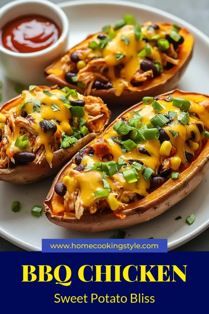 Discover the deliciousness of BBQ chicken stuffed sweet potatoes, a perfect blend of flavors and nutrients! This easy BBQ chicken recipe transforms healthy stuffed sweet potatoes into a satisfying meal. With oven-baked sweet potatoes filled with shredded chicken, black beans, and cheese, it's a must-try stuffed sweet potato recipe. Try it today and delight your taste buds! Save this recipe for your healthy meal ideas! #BBQChicken #StuffedSweetPotatoes #HealthyRecipes #EasyDinnerIdeas