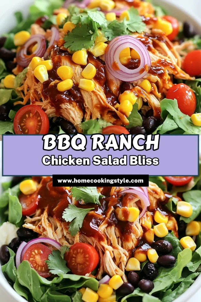 Savor the deliciousness of this BBQ Ranch Chicken Salad! Packed with shredded chicken, fresh greens, cherry tomatoes, corn, and a zesty dressing, this salad is perfect for a quick and healthy meal. Ready in just 15 minutes, it's a perfect blend of flavors and textures that's sure to impress. Click to explore the full recipe and make your next meal a hit! #BBQRanchChickenSalad #HealthyRecipes #QuickMeals #SaladIdeas