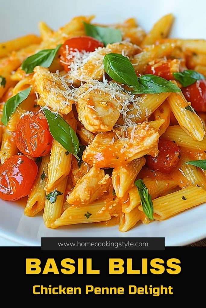 Discover the flavor-packed Basil Bliss Tomato Chicken Pasta with this Easy Chicken Penne Recipe. This One-Pan Tomato Basil Pasta is a must-try for Quick Dinner Recipes, combining creamy tomato sauce with tender chicken and fresh basil. Ready in just 30 minutes, it's perfect for busy weeknights when you crave a delicious meal. Save this recipe for your next dinner! #ChickenPasta #QuickDinnerRecipes #OnePanMeals #PastaLovers