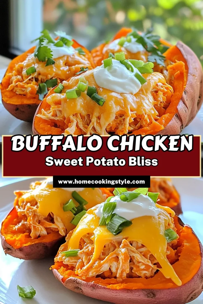 Spice up your dinner with these Buffalo Chicken Stuffed Sweet Potatoes! This delicious recipe blends tender sweet potatoes with a zesty buffalo chicken filling, topped with melted cheese and creamy Greek yogurt. Perfect for a weeknight meal or game day snack, these tasty treats are sure to impress. Ready to ignite your taste buds? Click to explore the full recipe and make this mouthwatering dish tonight! #BuffaloChicken #SweetPotatoes #HealthyEating #DinnerIdeas