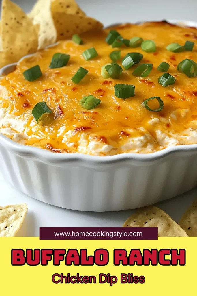 Indulge in this mouthwatering Buffalo Ranch Chicken Dip, the ultimate creamy chicken dip recipe that will wow your guests! Perfect as an appetizer for parties, this easy dip recipe combines shredded chicken, cream cheese, and zesty buffalo sauce for a crowd-pleasing delight. Serve it with tortilla chips or veggie sticks for the perfect snack. Try this buffalo chicken dip today and get ready for rave reviews! Save for later! #BuffaloRanch #Appetizers #EasyDipRecipes #BuffaloChickenDip