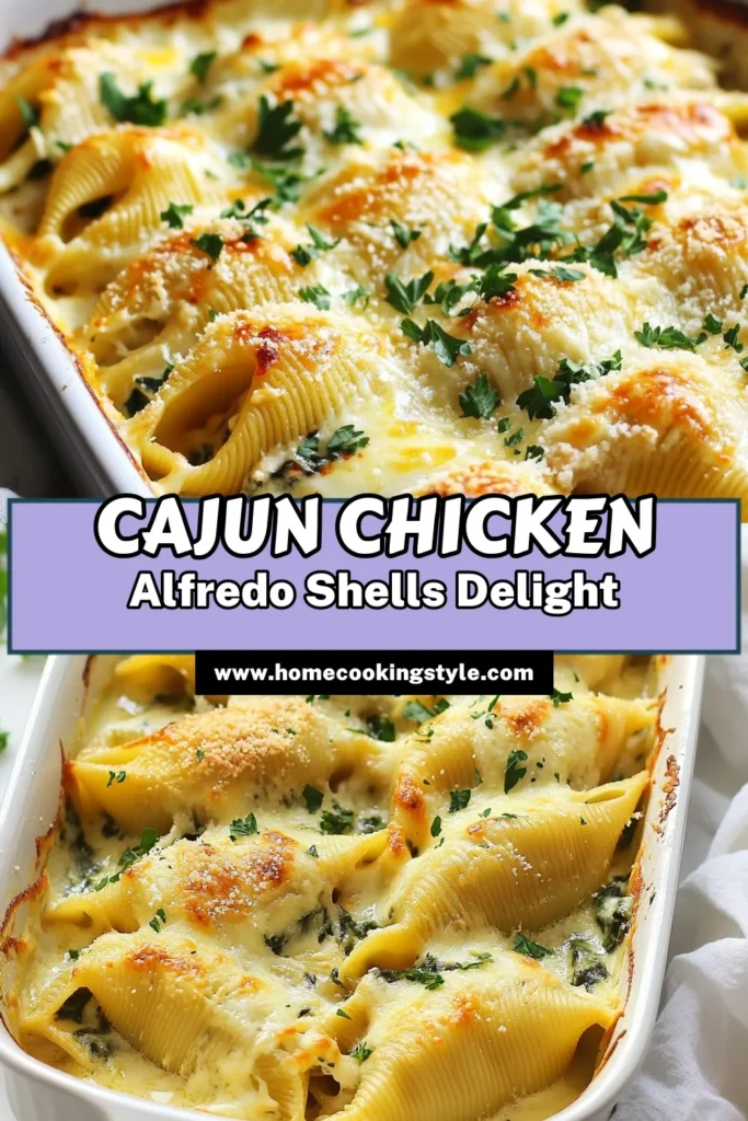 Discover the deliciousness of Cajun Chicken Alfredo Stuffed Shells! This creamy pasta shells recipe combines tender jumbo shells filled with a savory chicken and spinach mixture, drenched in a rich Alfredo sauce. Perfect for a comforting family dinner, this Cajun pasta dish is sure to impress. Bake these tasty baked stuffed shells for a delightful experience! Don't forget to save this recipe for your next meal. #CajunChickenAlfredo #StuffedShellsRecipe #CreamyPastaShells #BakedStuffedShells