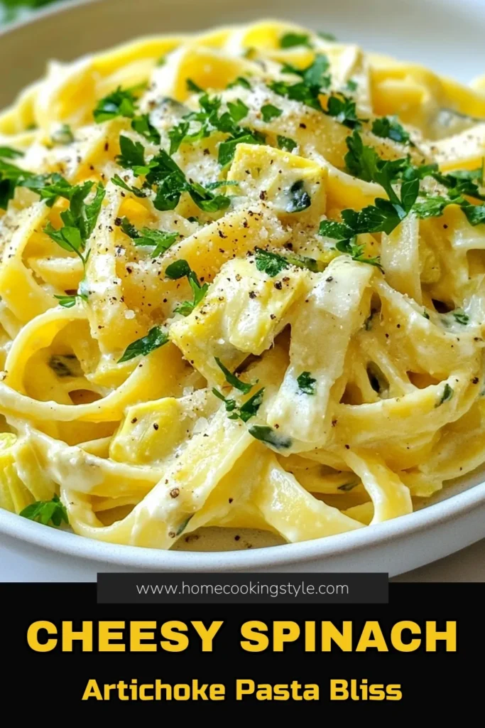 Indulge in this Cheesy Spinach Artichoke Pasta, an irresistible blend of creamy fettuccine and classic spinach artichoke dip flavors. This easy Spinach Artichoke Dip Pasta recipe is perfect for a cozy dinner, featuring ingredients like cream cheese, mozzarella, and artichoke hearts. Bring on the cheesy goodness with this vegetarian pasta recipe that’s sure to impress. Save this recipe now and share it with fellow pasta lovers! #CheesyPasta #VegetarianRecipes #PastaDishes #ArtichokePasta