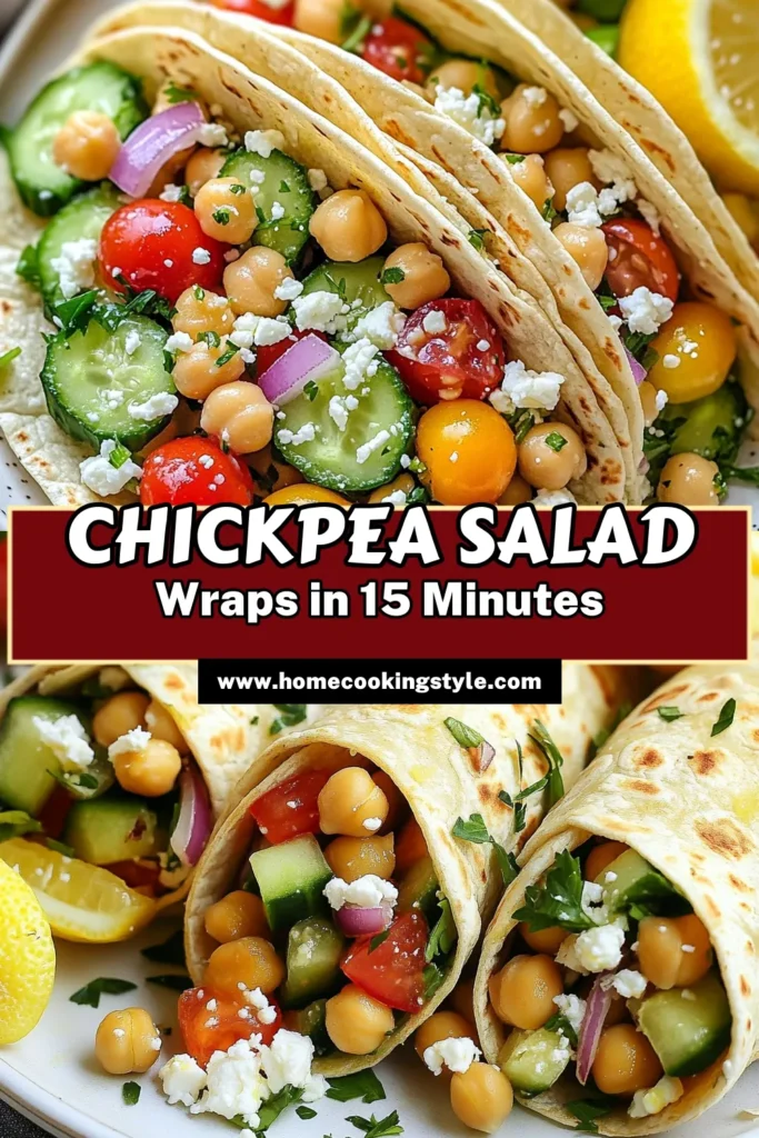 Discover a delicious and nutritious way to enjoy your meals with these Mediterranean chickpea salad wraps! These healthy chickpea wraps are perfect for lunch or a light dinner, packed with fresh vegetables and optional feta for extra flavor. They come together in just 15 minutes, making them an ideal choice for easy vegetarian wraps. Try this vibrant chickpea salad with feta and elevate your Mediterranean salad recipes. Save this recipe for a fresh, tasty meal! #MediterraneanDiet #HealthyEating #VegetarianRecipes #ChickpeaSalad