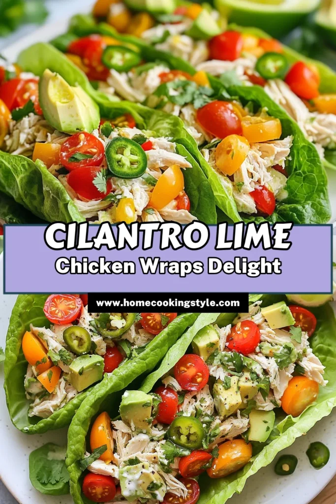 Enjoy a fresh and healthy meal with these delicious Cilantro Lime Chicken Salad Wraps! Packed with protein from shredded chicken and creaminess from Greek yogurt, this recipe is a fantastic way to enjoy Chicken Salad Wraps. With added avocado, cilantro, and lime, every bite is bursting with flavor. Perfect as Healthy Lettuce Wraps for lunch or a light dinner! Try these Avocado Chicken Wraps today and elevate your meal prep! #CilantroLimeChickenSalad #HealthyWraps #GreekYogurtChickenSalad #AvocadoChickenWraps