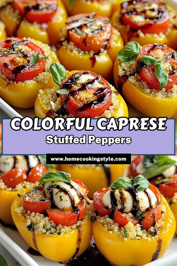 Discover the deliciousness of Caprese quinoa stuffed peppers with this healthy stuffed peppers recipe that’s perfect for any meal. Packed with protein-rich quinoa, fresh mozzarella, and vibrant cherry tomatoes, this vegetarian quinoa dish is a crowd-pleaser. Whether you're looking for bell pepper recipes or creative balsamic glaze recipes, these stuffed peppers are sure to impress. Try it now and bring a burst of flavor to your dinner table! Save this recipe! #Caprese #StuffedPeppers #HealthyRecipes #QuinoaDishes