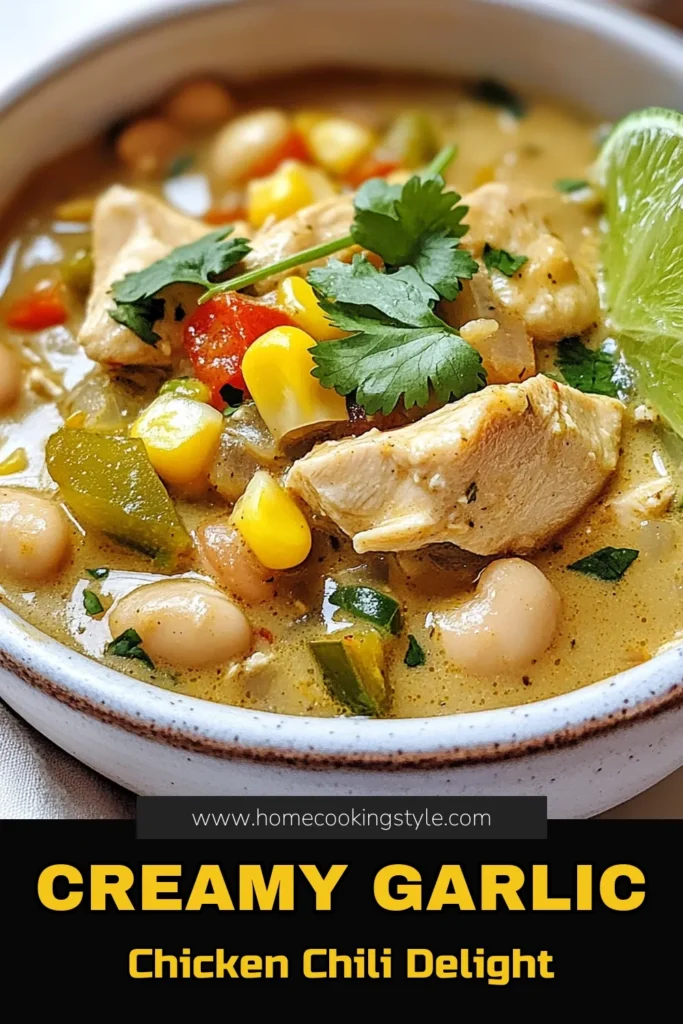 Warm up your dinner with this delightful Creamy Garlic White Chicken Chili! This easy chicken chili recipe features tender chicken, creamy white beans, and a burst of garlic flavor that makes it the ultimate comfort food chili recipe. Perfect for chilly nights, this white bean chili is sure to satisfy. Save this recipe for a cozy meal that the whole family will love! #CreamyChickenChili #GarlicWhiteChickenChili #EasyChickenChili #ComfortFood